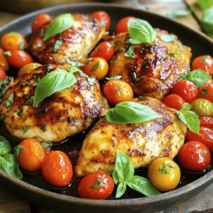 - 4 boneless, skinless chicken breasts - 1 cup cherry tomatoes, halved - 1/4 cup balsamic vinegar - 2 tablespoons olive oil - 2 cloves garlic, minced - 1 teaspoon dried oregano - 1 teaspoon dried thyme - Fresh basil leaves - Salt and pepper Gather all these items to create a delicious Savory Balsamic Chicken with Burst Tomatoes. Each ingredient plays a key role in building flavor. The chicken serves as the heart of the dish, while the cherry tomatoes add a burst of sweetness. Balsamic vinegar brings a tangy depth, and olive oil helps bind everything together. The seasonings elevate the dish. Garlic adds an aromatic touch, while oregano and thyme give earthy notes. Fresh basil leaves on top add a bright finish. Remember to adjust salt and pepper to your taste for the perfect balance. For the full recipe, check the detailed instructions. Enjoy your cooking adventure! First, season the chicken breasts with salt and pepper. Use enough to cover both sides well. This adds flavor and enhances the dish. Next, heat the olive oil in a large skillet over medium-high heat. Make sure it is hot before adding the chicken. Place the chicken breasts in the pan. Sear them for about 5-7 minutes on each side. Look for a nice golden-brown color. This step locks in juices and creates a tasty crust. Once cooked through, remove the chicken from the skillet and set it aside. Now, it's time for the burst tomatoes. In the same skillet, add the halved cherry tomatoes. Cook them for 2-3 minutes. Watch them closely as they start to burst and soften. This brings out the natural sweetness of the tomatoes. After that, add the minced garlic to the skillet. Sauté it for about one minute. This helps release a lovely aroma that enhances the dish. Next, pour in the balsamic vinegar. Stir it well to mix with the tomatoes and garlic. Allow the sauce to simmer gently. This should take about 3-4 minutes, as it reduces slightly. Now, it’s time to bring it all together. Return the chicken to the skillet. Spoon the balsamic tomato mixture over the top. Sprinkle the dried oregano and thyme on the chicken. Cover the skillet and cook for another 2-3 minutes. This allows the flavors to meld beautifully. Finally, remove from heat and let it sit for a couple of minutes. For the best presentation, plate the chicken on a serving dish. Spoon the burst tomatoes and balsamic sauce generously over it. Garnish with fresh basil leaves. This adds a vibrant touch and makes the dish pop. Enjoy your Savory Balsamic Chicken with Burst Tomatoes! You can find the full recipe above. How to properly sear chicken To sear chicken well, start with a hot pan. Heat olive oil in a skillet over medium-high heat. Season both sides of the chicken breasts with salt and pepper. When the oil shimmers, add the chicken. Sear for 5-7 minutes on each side. You want a nice, golden-brown crust. This step keeps the chicken juicy. Ensuring tomatoes burst To make the tomatoes burst, use fresh cherry tomatoes. Cut them in half for more surface area. Add them to the skillet after searing the chicken. Cook them for 2-3 minutes until they soften. This step adds sweetness to the dish. Using fresh herbs Fresh herbs make a big difference. I love adding basil to the dish. It brightens the flavors and adds color. You can also try fresh thyme or oregano. Just chop them up and sprinkle them on top before serving. Adjusting seasoning to taste Always taste your dish before serving. If it needs more flavor, add salt and pepper. Balsamic vinegar adds sweetness, but you can balance it with a pinch of salt. Adjust the seasonings until it tastes just right. Plating tips for an appealing look For a beautiful plate, start with the chicken in the center. Spoon the burst tomatoes and balsamic sauce generously over the chicken. This adds color and makes it look inviting. Serving suggestions with side dishes Serve this dish with steamed vegetables for a healthy side. Rice or quinoa also pairs well. They soak up the sauce and add texture. Enjoy your meal with a green salad for a fresh touch. {{image_2}} You can change up proteins for this dish. Try using turkey breasts or pork chops. Both options will work well with the balsamic sauce. If you want something plant-based, use firm tofu or tempeh. These swap ideas keep the dish fresh and exciting. For tomatoes, cherry tomatoes are perfect, but you can also use grape tomatoes or even diced regular tomatoes. Each type will give a different taste and texture to the dish. To add some heat, sprinkle in red pepper flakes. This spice nicely contrasts the sweetness of the balsamic vinegar. Just a pinch will do, but you can adjust it to your taste. You can also mix in other fresh herbs. Parsley or thyme can enhance the dish's flavor. Fresh herbs bring brightness to the meal and make it even more delightful. If you want to make this dish low-carb or keto-friendly, skip the rice and serve it with a salad instead. Zucchini noodles are another great option. They soak up the sauce and add a fun twist. For those needing gluten-free options, this recipe is naturally gluten-free. Just ensure any extra ingredients or sides you choose are gluten-free too. You can enjoy this dish without worry! For the full recipe, check out Savory Balsamic Chicken with Burst Tomatoes. To store leftovers, let the chicken cool first. Place it in an airtight container. This keeps the chicken fresh for up to four days in the fridge. I recommend using glass containers. They are sturdy and do not stain. Make sure to keep the burst tomatoes with the chicken for added flavor. If you want to save the dish for later, freezing is a good option. You can freeze the chicken and sauce together. Use freezer-safe bags or containers. This meal can stay good for up to three months in the freezer. When you are ready to eat, thaw it overnight in the fridge. This method keeps the chicken moist. For reheating, the oven or stovetop works best. Preheat your oven to 350°F (175°C). Place the chicken in an oven-safe dish, cover it with foil, and heat for about 15-20 minutes. If using the stovetop, add a splash of water to the pan. Heat on low, covering it to keep moisture in. This way, your Savory Balsamic Chicken with Burst Tomatoes remains juicy and tasty. You can pair this dish with several sides. Here are my favorites: - Steamed vegetables, like broccoli or green beans - Creamy mashed potatoes for a comforting touch - A fresh garden salad with a light vinaigrette - Rice or quinoa to soak up the delicious sauce - Garlic bread for a tasty addition These sides complement the chicken well and add variety to your meal. Tender chicken is key for a great dish. Here are some tips: - Brine the chicken in saltwater for 30 minutes before cooking. - Pound the chicken to an even thickness. This helps it cook evenly. - Use a meat thermometer to avoid overcooking. Aim for 165°F. - Let it rest after cooking for a few minutes. This keeps it juicy. These steps help you achieve tender, juicy chicken every time. Yes, you can prep this dish ahead of time. Here’s how: - Marinate the chicken in balsamic vinegar and spices for a few hours or overnight. - Cook the chicken and tomatoes, then cool and store them in the fridge for up to 2 days. - Reheat gently on the stove or in the oven. This keeps the chicken moist. Preparing ahead saves you time and makes dinner easy. For the full recipe, check out the details! This blog post covers how to make Savory Balsamic Chicken with Burst Tomatoes. We discussed key ingredients, cooking steps, and ways to enhance flavor. I shared tips for perfecting your dish and offered variations for dietary needs. Proper storage and reheating methods will keep leftovers fresh. Remember, experimenting with different ingredients can boost flavor. Enjoy this simple yet delicious meal with ease! Your cooking journey can be fun and rewarding.