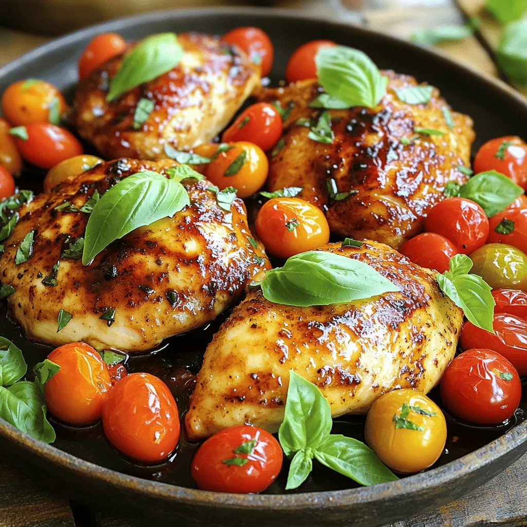 - 4 boneless, skinless chicken breasts - 1 cup cherry tomatoes, halved - 1/4 cup balsamic vinegar - 2 tablespoons olive oil - 2 cloves garlic, minced - 1 teaspoon dried oregano - 1 teaspoon dried thyme - Fresh basil leaves - Salt and pepper Gather all these items to create a delicious Savory Balsamic Chicken with Burst Tomatoes. Each ingredient plays a key role in building flavor. The chicken serves as the heart of the dish, while the cherry tomatoes add a burst of sweetness. Balsamic vinegar brings a tangy depth, and olive oil helps bind everything together. The seasonings elevate the dish. Garlic adds an aromatic touch, while oregano and thyme give earthy notes. Fresh basil leaves on top add a bright finish. Remember to adjust salt and pepper to your taste for the perfect balance. For the full recipe, check the detailed instructions. Enjoy your cooking adventure! First, season the chicken breasts with salt and pepper. Use enough to cover both sides well. This adds flavor and enhances the dish. Next, heat the olive oil in a large skillet over medium-high heat. Make sure it is hot before adding the chicken. Place the chicken breasts in the pan. Sear them for about 5-7 minutes on each side. Look for a nice golden-brown color. This step locks in juices and creates a tasty crust. Once cooked through, remove the chicken from the skillet and set it aside. Now, it's time for the burst tomatoes. In the same skillet, add the halved cherry tomatoes. Cook them for 2-3 minutes. Watch them closely as they start to burst and soften. This brings out the natural sweetness of the tomatoes. After that, add the minced garlic to the skillet. Sauté it for about one minute. This helps release a lovely aroma that enhances the dish. Next, pour in the balsamic vinegar. Stir it well to mix with the tomatoes and garlic. Allow the sauce to simmer gently. This should take about 3-4 minutes, as it reduces slightly. Now, it’s time to bring it all together. Return the chicken to the skillet. Spoon the balsamic tomato mixture over the top. Sprinkle the dried oregano and thyme on the chicken. Cover the skillet and cook for another 2-3 minutes. This allows the flavors to meld beautifully. Finally, remove from heat and let it sit for a couple of minutes. For the best presentation, plate the chicken on a serving dish. Spoon the burst tomatoes and balsamic sauce generously over it. Garnish with fresh basil leaves. This adds a vibrant touch and makes the dish pop. Enjoy your Savory Balsamic Chicken with Burst Tomatoes! You can find the full recipe above. How to properly sear chicken To sear chicken well, start with a hot pan. Heat olive oil in a skillet over medium-high heat. Season both sides of the chicken breasts with salt and pepper. When the oil shimmers, add the chicken. Sear for 5-7 minutes on each side. You want a nice, golden-brown crust. This step keeps the chicken juicy. Ensuring tomatoes burst To make the tomatoes burst, use fresh cherry tomatoes. Cut them in half for more surface area. Add them to the skillet after searing the chicken. Cook them for 2-3 minutes until they soften. This step adds sweetness to the dish. Using fresh herbs Fresh herbs make a big difference. I love adding basil to the dish. It brightens the flavors and adds color. You can also try fresh thyme or oregano. Just chop them up and sprinkle them on top before serving. Adjusting seasoning to taste Always taste your dish before serving. If it needs more flavor, add salt and pepper. Balsamic vinegar adds sweetness, but you can balance it with a pinch of salt. Adjust the seasonings until it tastes just right. Plating tips for an appealing look For a beautiful plate, start with the chicken in the center. Spoon the burst tomatoes and balsamic sauce generously over the chicken. This adds color and makes it look inviting. Serving suggestions with side dishes Serve this dish with steamed vegetables for a healthy side. Rice or quinoa also pairs well. They soak up the sauce and add texture. Enjoy your meal with a green salad for a fresh touch. {{image_2}} You can change up proteins for this dish. Try using turkey breasts or pork chops. Both options will work well with the balsamic sauce. If you want something plant-based, use firm tofu or tempeh. These swap ideas keep the dish fresh and exciting. For tomatoes, cherry tomatoes are perfect, but you can also use grape tomatoes or even diced regular tomatoes. Each type will give a different taste and texture to the dish. To add some heat, sprinkle in red pepper flakes. This spice nicely contrasts the sweetness of the balsamic vinegar. Just a pinch will do, but you can adjust it to your taste. You can also mix in other fresh herbs. Parsley or thyme can enhance the dish's flavor. Fresh herbs bring brightness to the meal and make it even more delightful. If you want to make this dish low-carb or keto-friendly, skip the rice and serve it with a salad instead. Zucchini noodles are another great option. They soak up the sauce and add a fun twist. For those needing gluten-free options, this recipe is naturally gluten-free. Just ensure any extra ingredients or sides you choose are gluten-free too. You can enjoy this dish without worry! For the full recipe, check out Savory Balsamic Chicken with Burst Tomatoes. To store leftovers, let the chicken cool first. Place it in an airtight container. This keeps the chicken fresh for up to four days in the fridge. I recommend using glass containers. They are sturdy and do not stain. Make sure to keep the burst tomatoes with the chicken for added flavor. If you want to save the dish for later, freezing is a good option. You can freeze the chicken and sauce together. Use freezer-safe bags or containers. This meal can stay good for up to three months in the freezer. When you are ready to eat, thaw it overnight in the fridge. This method keeps the chicken moist. For reheating, the oven or stovetop works best. Preheat your oven to 350°F (175°C). Place the chicken in an oven-safe dish, cover it with foil, and heat for about 15-20 minutes. If using the stovetop, add a splash of water to the pan. Heat on low, covering it to keep moisture in. This way, your Savory Balsamic Chicken with Burst Tomatoes remains juicy and tasty. You can pair this dish with several sides. Here are my favorites: - Steamed vegetables, like broccoli or green beans - Creamy mashed potatoes for a comforting touch - A fresh garden salad with a light vinaigrette - Rice or quinoa to soak up the delicious sauce - Garlic bread for a tasty addition These sides complement the chicken well and add variety to your meal. Tender chicken is key for a great dish. Here are some tips: - Brine the chicken in saltwater for 30 minutes before cooking. - Pound the chicken to an even thickness. This helps it cook evenly. - Use a meat thermometer to avoid overcooking. Aim for 165°F. - Let it rest after cooking for a few minutes. This keeps it juicy. These steps help you achieve tender, juicy chicken every time. Yes, you can prep this dish ahead of time. Here’s how: - Marinate the chicken in balsamic vinegar and spices for a few hours or overnight. - Cook the chicken and tomatoes, then cool and store them in the fridge for up to 2 days. - Reheat gently on the stove or in the oven. This keeps the chicken moist. Preparing ahead saves you time and makes dinner easy. For the full recipe, check out the details! This blog post covers how to make Savory Balsamic Chicken with Burst Tomatoes. We discussed key ingredients, cooking steps, and ways to enhance flavor. I shared tips for perfecting your dish and offered variations for dietary needs. Proper storage and reheating methods will keep leftovers fresh. Remember, experimenting with different ingredients can boost flavor. Enjoy this simple yet delicious meal with ease! Your cooking journey can be fun and rewarding.