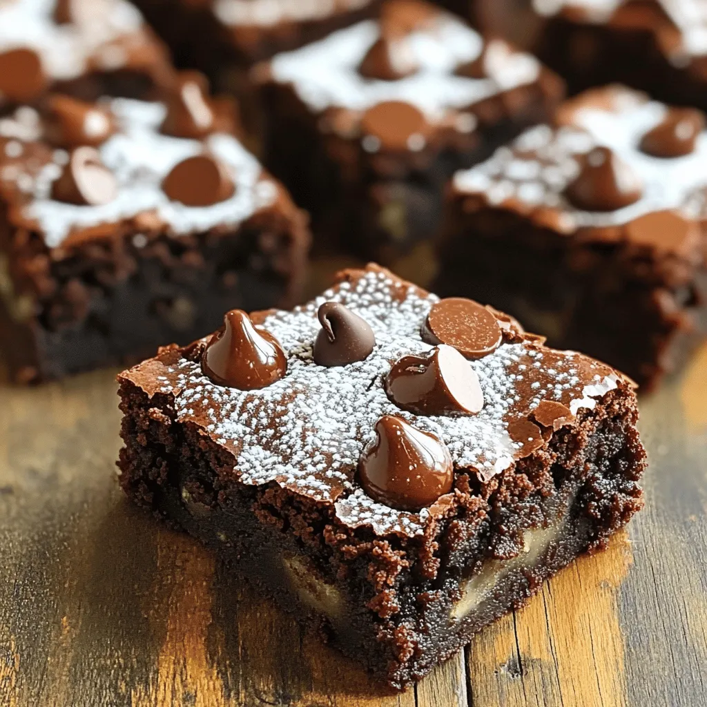 - 1 cup finely grated zucchini - 1 cup all-purpose flour - 1/2 cup unsweetened cocoa powder - 1/2 teaspoon baking soda - 1/2 teaspoon baking powder - 1/4 teaspoon salt - 1/2 cup granulated sugar - 1/2 cup brown sugar, packed - 1/3 cup vegetable oil - 2 large eggs - 1 teaspoon vanilla extract - 1/2 cup semi-sweet chocolate chips (plus more for topping) Each ingredient plays a key role in making these brownies moist and rich. The grated zucchini adds moisture without a strong taste, while the cocoa powder gives that deep chocolate flavor. The sugars help create a sweet, tender texture. - Gluten-free flour options: You can use almond flour or a gluten-free blend. These options will keep the brownies moist and flavorful. - Sugar substitutes for healthier variations: Try using coconut sugar or honey. These can reduce refined sugar while adding a unique taste. - Fresh zucchini selection: Look for firm, shiny zucchini with no soft spots. Fresh zucchini will enhance the taste of your brownies. - Cocoa powder variety and quality: Use a high-quality cocoa powder for the best flavor. Dutch-processed cocoa adds richness, while natural cocoa is lighter and more acidic. For the complete recipe, check the Full Recipe link above. 1. Preheat your oven to 350°F (175°C). This step ensures even baking. 2. Prepare an 8x8-inch baking pan by greasing it or lining it with parchment paper. This makes it easier to lift out the brownies later. 3. In a medium bowl, sift together the flour, cocoa powder, baking soda, baking powder, and salt. Sifting helps mix the dry ingredients well and eliminates lumps. 1. In a large mixing bowl, combine the granulated sugar, brown sugar, and vegetable oil. Mix until the mixture is smooth and creamy. This helps the sugars dissolve fully. 2. Add the eggs one at a time. Mix well after each egg. This ensures that the mixture stays light and fluffy. Then, stir in the vanilla extract for flavor. 1. Gradually add the dry ingredients to the wet ingredients. Mix just until they come together. Avoid overmixing to keep your brownies moist. 2. Gently fold in the finely grated zucchini and chocolate chips. This step adds moisture and flavor. Make sure they are evenly distributed throughout the batter. Follow these steps closely, and you will create moist and chocolatey zucchini brownies. For the complete details, refer to the Full Recipe. To make moist brownies, avoid overmixing your batter. Overmixing makes the brownies tough. Mix just until you see no dry flour. This small step helps keep your brownies soft and tender. To check for doneness, use a toothpick. Insert it into the center of the brownies. If it comes out with a few moist crumbs, they are ready. If it comes out wet, bake them a bit longer. You can easily boost the flavor by adding spices or extracts. A pinch of cinnamon or a splash of almond extract makes a big difference. These small changes add depth and warmth to your brownies. Using high-quality chocolate chips is also key. Choose semi-sweet or dark chocolate chips for a richer taste. The better the chocolate, the better your brownies will be. Serve your brownies warm for a delightful treat. Dust them with powdered sugar for a simple touch. If you want to impress, add a scoop of vanilla ice cream on the side. For a creative garnish, try fresh berries or a drizzle of chocolate sauce. These ideas not only make your brownies look great but also add to the flavor. For the full recipe, check out the detailed instructions on how to make these amazing brownies! {{image_2}} You can add fun twists to your brownies. Try mixing in walnuts or pecans for a nutty crunch. They add great texture and flavor. If you want a warm spice note, add a dash of cinnamon or a little espresso powder. These spices enhance the chocolate taste. Each option brings a new layer to your brownies. Want to make your brownies a bit healthier? You can reduce the sugar by using less granulated and brown sugar. This will still keep them sweet but cut calories. Another option is to swap out all-purpose flour for whole grain flour. Whole grains add fiber, making your brownies more filling. You won’t lose flavor with these changes. If you need a vegan version, swap the eggs for flax eggs. Mix one tablespoon of ground flaxseed with three tablespoons of water for each egg. This keeps the brownies moist. For those with allergies, you can make them nut-free and dairy-free. Use coconut oil instead of vegetable oil and dairy-free chocolate chips. Everyone can enjoy these delicious brownies. For the full recipe, check out the [Full Recipe]. To keep your brownies moist, use an airtight container. This prevents air from drying them out. Place parchment paper between layers if you stack brownies. This will help them stay fresh and not stick together. You can freeze brownies for later. First, let them cool completely. Then, wrap them tightly in plastic wrap. After wrapping, place them in a freezer-safe bag or container. Brownies can last up to three months in the freezer. When you're ready to enjoy them, thaw them in the fridge overnight or leave them at room temperature for a few hours. To revive brownies, you have two good options: the microwave or the oven. For the microwave, heat a brownie for 10-15 seconds. Check if it needs more time. In the oven, preheat it to 350°F (175°C). Place the brownies in for about 5-10 minutes. This warms them up nicely without drying them out. Enjoy your delicious brownies warm! You can make your brownies richer by adding more cocoa powder. Try using 3/4 cup instead of 1/2 cup. You can also add more chocolate chips. Use up to 1 cup of semi-sweet chocolate chips for extra chocolatey goodness. If you want a deeper flavor, consider adding a tablespoon of espresso powder. It can boost the chocolate taste without adding coffee flavor. Yes, you can omit the zucchini. However, the brownies will lose moisture and may dry out. Instead, you could use applesauce or mashed bananas. These alternatives will help keep your brownies moist. Use 1/2 cup of applesauce or mashed bananas in place of zucchini. Dry brownies often come from overbaking or not enough moisture. Always check your brownies a few minutes early. If they seem dry, try reducing the baking time next time. You can also add an extra egg to boost moisture. If you find your batter too thick, add a splash of milk to improve texture. You can keep brownies at room temperature for about 3 to 4 days. Store them in an airtight container to keep them moist. If you live in a warm place, it’s best to refrigerate them. Just remember to let them come back to room temperature before serving. For the complete recipe, check out the full recipe for Moist & Chocolatey Zucchini Brownies 🥒. Now you have all the details to make delicious zucchini brownies. We covered the main ingredients and substitutes, plus tips for choosing quality items. You learned step-by-step how to prepare, mix, and bake your brownies while keeping them moist and tasty. We discussed ways to change flavors or make healthier versions. You even got storage tips to keep your brownies fresh. Enjoy baking, and remember, these brownies can be fun and healthy treats!