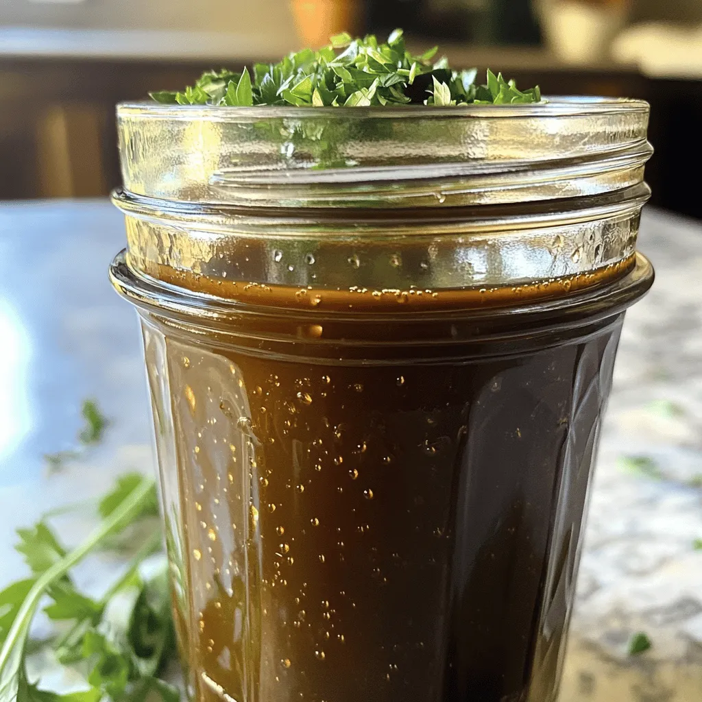 To make the best homemade balsamic vinaigrette, you need a few simple items. Here’s what you will gather: - 1/2 cup balsamic vinegar - 1/4 cup extra virgin olive oil - 2 teaspoons Dijon mustard - 2 teaspoons honey (or maple syrup for a vegan option) - 1 clove garlic, minced - Salt and pepper to taste - 1 teaspoon dried basil (optional) - 1 teaspoon finely chopped fresh herbs (like rosemary or thyme) for an extra twist Each ingredient plays a key role. Here’s how you measure them: - Balsamic vinegar: 1/2 cup adds tangy depth. - Extra virgin olive oil: 1/4 cup brings richness and smoothness. - Dijon mustard: 2 teaspoons helps to bind the vinaigrette. - Honey (or maple syrup): 2 teaspoons sweeten the mix. - Garlic: 1 minced clove adds a punch of flavor. - Salt and pepper: Use to taste for balance. - Dried basil: 1 teaspoon gives an earthy note. - Fresh herbs: 1 teaspoon adds brightness and freshness. Using high-quality ingredients makes a big difference. Here are some tips: - Choose a good balsamic vinegar. It should be thick and sweet, not too sharp. - Use extra virgin olive oil for the best flavor. It should be fresh, fruity, and smooth. - Fresh herbs are always better than dried ones, but dried herbs can work in a pinch. - Buy organic honey or maple syrup. They offer better taste and health benefits. This recipe allows you to enjoy a fresh and tasty homemade balsamic vinaigrette. For the full recipe, check out the details provided above. To make your balsamic vinaigrette, start by measuring your ingredients. Gather these: - 1/2 cup balsamic vinegar - 1/4 cup extra virgin olive oil - 2 teaspoons Dijon mustard - 2 teaspoons honey (or maple syrup for a vegan option) - 1 clove garlic, minced - Salt and pepper to taste - 1 teaspoon dried basil (optional) - 1 teaspoon finely chopped fresh herbs (like rosemary or thyme) for an extra twist In a mixing bowl or jar, mix the balsamic vinegar, Dijon mustard, honey, and minced garlic. Use a whisk or shake the jar to blend well. This step is key. It helps to create a smooth base for your vinaigrette. Next, slowly add the olive oil while whisking. This helps emulsify the dressing. Emulsification means mixing oil and vinegar so they stay combined. It gives your vinaigrette a nice creamy texture. Once mixed, season with salt and pepper. Taste it to see if it needs more. If you want extra flavor, add dried basil or fresh herbs. This can really make your vinaigrette pop! Transfer the vinaigrette to a bottle or jar. Let it sit for at least 15 minutes. This waiting time allows the flavors to blend. Shake well before using. Emulsifying your vinaigrette can be tricky. Here are some tips to help: - Add oil slowly: Drizzle the oil in a thin stream while whisking. This helps it mix well with the vinegar. - Use a whisk: A whisk is best for blending. If you don't have one, a fork works too. - Shake it: If you're using a jar, close the lid tightly. Shake it up! The goal is to create a stable mix. If it separates, don't worry! Just give it a quick shake before serving. This vinaigrette is very versatile. Here are some ways to use it: - Drizzle over mixed greens for a fresh salad. - Use it as a marinade for grilled chicken or fish. - Toss it with roasted vegetables for extra flavor. - Top your pasta salad for a zesty kick. Experiment with it! You can even dip bread in it. Enjoy crafting your perfect dish with this homemade balsamic vinaigrette! Check out the Full Recipe for more details. When making balsamic vinaigrette, avoid these mistakes: - Not using fresh ingredients: Fresh herbs and good balsamic make a big difference. - Skipping the emulsification: If you don’t mix well, the oil and vinegar will separate. - Over-seasoning: Start with a little salt and pepper; you can always add more. - Using low-quality oil: Cheap oils can ruin the taste. Invest in a good extra virgin olive oil. You can boost the taste of your vinaigrette in many ways. Here are some fun ideas: - Add citrus: A splash of lemon or orange juice brightens the flavor. - Try other sweeteners: Swap honey for maple syrup or agave for a different twist. - Incorporate spices: A pinch of red pepper flakes can add heat. - Experiment with mustards: Different mustards bring unique flavors. Whole grain mustard adds texture. To make this vinaigrette, you don’t need fancy tools. Here are the basics: - Mixing bowl or jar: A jar with a lid works well for shaking ingredients. - Whisk or fork: Use these to mix your vinaigrette smoothly. - Measuring cups and spoons: Accurate measurements ensure great taste. - Storage container: A clean bottle or jar keeps your vinaigrette fresh. This homemade balsamic vinaigrette recipe is simple and quick, taking just 10 minutes to prep. Check out the Full Recipe to enjoy this fresh dressing! {{image_2}} To change the taste of your vinaigrette, swap in different ingredients. You can use red wine vinegar instead of balsamic for a sharper flavor. Try adding orange juice or lemon juice for citrus notes. For a spicy kick, mix in some chopped jalapeños or a pinch of red pepper flakes. You can even try different oils. Avocado oil gives a rich taste, while walnut oil adds a nutty flavor. This vinaigrette is easy to make vegan and gluten-free. Swap honey for maple syrup to keep it vegan. All the other ingredients are naturally gluten-free. Just ensure your Dijon mustard does not contain any gluten. Most brands have gluten-free options, so check the label. Using seasonal foods can elevate your vinaigrette. In spring, add fresh chives or diced strawberries for a delightful twist. Summer is perfect for fresh basil or ripe tomatoes, which add sweetness. In fall, consider adding a dash of apple cider or some roasted squash. Winter calls for hearty herbs like thyme or rosemary, which pair well with the balsamic notes. You can find the complete recipe for this vinaigrette [here](Full Recipe). Store your homemade balsamic vinaigrette in a clean, airtight jar. A glass jar works best. Keep it in the fridge to maintain freshness. Always shake well before using. This helps mix the oil and vinegar, as they tend to separate. Homemade balsamic vinaigrette lasts about one week in the fridge. After that, check its smell and color. If it smells off or has changed color, it's time to toss it. You can reuse old jars from sauces or preserves. Just make sure they are clean and dry. This is a great way to reduce waste. Many glass jars are recyclable, too. Check local guidelines for recycling to keep our planet clean. For the full recipe, visit the [Full Recipe]. Yes, you can make this vinaigrette without Dijon mustard. If you skip it, the taste may change a bit. You can add a little extra honey for sweetness. You can also use other mustard types, if you like. Yellow mustard or whole grain mustard can work too! Homemade balsamic vinaigrette lasts about one week in the fridge. Keep it in a sealed jar or bottle. Over time, the flavors will meld and become more intense. Just shake it well before using! You can use this vinaigrette on many dishes. It works great as a marinade for chicken or veggies. Drizzle it over grilled fish or roasted vegetables for extra flavor. You can also use it as a dipping sauce for fresh bread or veggies. The possibilities are endless! Check out the Full Recipe for more ideas. In this blog post, we explored every aspect of making delicious vinaigrette. We reviewed key ingredients, measurements, and quality tips. Then, we walked through simple steps for preparation and served up helpful techniques for a smooth mix. I shared common mistakes to avoid and many ways to boost flavor. We also discussed tasty variations, storage tips, and answered common questions. Now, you can make your vinaigrette with confidence and creativity. Enjoy experimenting with flavors and share your tasty results!