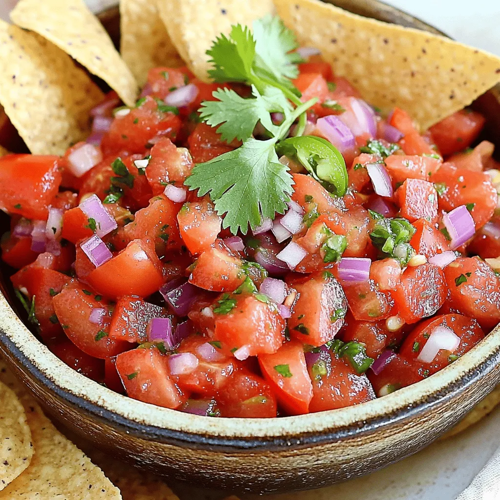 - 3 ripe tomatoes, diced - 1 small red onion, finely chopped - 1 jalapeño, seeded and minced - 2 cloves garlic, minced - 1/4 cup fresh cilantro, chopped Fresh produce is key for great salsa. Ripe tomatoes bring sweetness and juiciness. Red onion adds a nice crunch and a bit of sharpness. The jalapeño gives it heat, but you can adjust this. Garlic adds depth, while cilantro provides a fresh taste. - Juice of 2 limes Lime juice is essential. It brightens the salsa and adds acidity. This helps balance the flavors from the tomatoes and onion. Fresh lime juice is best for the best taste. - Salt and pepper to taste - 1/4 teaspoon ground cumin (optional) Salt and pepper are simple but necessary. They bring out the flavors in your salsa. Ground cumin adds warmth and earthiness, if you like. Just a little bit can change the whole flavor. You can find the Full Recipe at the beginning of this article to guide you through the process of making this delicious salsa in just five minutes. First, grab a medium mixing bowl. In this bowl, combine the diced tomatoes, chopped onion, minced jalapeño, and minced garlic. This mix forms the base of your salsa. The fresh tomatoes add sweetness, while the onion brings a nice crunch. The jalapeño adds heat, so you can adjust it to your taste. Next, add in the fresh cilantro and lime juice. The cilantro gives a fresh flavor, and the lime juice adds brightness. Make sure to squeeze the limes well to get all the juice. Now, it's time to season. Sprinkle the mixture with salt, pepper, and ground cumin if you choose to use it. Salt brings out the flavors, while pepper adds a little kick. Cumin adds earthiness and depth if you like it. Use a fork or spoon to mix all the ingredients thoroughly. You want everything to blend well. This step helps the flavors marry together. After mixing, it's time to taste your salsa. Adjust the seasoning if needed. You can add more salt, lime juice, or pepper to fit your taste. Everyone's palate is different, so make it just right for you. For presentation, serve the salsa in a small bowl. Place tortilla chips on the side for dipping. You can also garnish with a sprig of cilantro on top for color. A beautiful presentation makes your homemade salsa even more inviting. Enjoy this zesty five-minute salsa with friends or family! For the complete recipe, check out the [Full Recipe]. Selecting ripe tomatoes is key for great salsa. Look for tomatoes that feel firm but slightly soft. They should have a rich red color and a sweet scent. These signs show they are fresh and ready to eat. Picking the perfect jalapeño can change your salsa. If you want heat, choose a bright green one with smooth skin. If you like it mild, pick a jalapeño with a softer feel. Remember, remove the seeds for less heat. You can easily customize heat levels in your salsa. If you like it spicy, add more jalapeño or even a pinch of cayenne pepper. For a milder salsa, try bell peppers or skip the jalapeño altogether. Enhancing freshness with herbs adds depth to your salsa. Fresh cilantro is a classic choice, but you can also try parsley or basil. Just chop them finely and mix in. This adds a nice touch and brightens the flavor. Salsa pairs well with many foods. Serve it with tortilla chips for a crunchy snack. It also goes great on tacos or grilled chicken. You can even use it as a salad dressing for a zesty twist. If you have leftovers, store them in an airtight container. Salsa stays fresh in the fridge for about three days. If it starts to smell sour or looks off, it’s best to toss it. Enjoy your zesty five-minute salsa! For the full recipe, check out the details above. {{image_2}} You can add a fun twist to your salsa by mixing in fruit. Try adding diced mango or pineapple. These fruits bring a sweet touch and balance the spice from the jalapeño. You can also use fresh peaches for a summer flavor. They add a lovely juiciness that makes the salsa refreshing. Do you want milder salsa? Simply remove the seeds from the jalapeño. This will cut down the heat. You can also add more tomatoes to tone it down even more. If you love spice, consider adding more jalapeño or even some diced serrano peppers. A dash of hot sauce can also kick up the heat. You can switch things up by using green tomatoes or tomatillos. These add a tangy flavor. If you want more texture, mix in some black beans. They not only add a nice bite but also make the salsa heartier. You can easily adapt this recipe to suit your taste! For the complete recipe, check out the Full Recipe. To keep your homemade salsa fresh, store it in the fridge. Use a clean, airtight container. Glass jars or plastic containers work well. Ensure you seal it tight to lock in flavor. This helps prevent air from spoiling your salsa. Homemade salsa can last about 5 to 7 days in the fridge. Always check for signs of spoilage. Look for off smells, changes in color, or mold. If you see any of these, it’s best to throw it away. Yes, you can freeze salsa! Freezing helps extend its life. Use a freezer-safe container or a zip-top bag. Leave some space for expansion as it freezes. To thaw frozen salsa, place it in the fridge overnight. You can also run the bag under cold water. Once thawed, stir well before using. This helps mix any separated liquid. Enjoy your salsa fresh as always! For a quick and easy recipe, check out the Full Recipe for zesty five-minute salsa. Homemade salsa stays fresh for about 3 to 5 days in the fridge. Store it in an airtight container. This keeps out air and moisture, which can spoil the salsa. Always check for off smells or changes in color before eating. Yes, you can make salsa without cilantro. If you find cilantro too strong, try using parsley instead. Parsley adds a fresh taste without the bold flavor. You can also skip herbs and still enjoy a tasty salsa. If you want less heat, use a bell pepper. It adds crunch without the spice. If you like more heat, try a serrano pepper. It is spicier than jalapeño but still gives great flavor. You can use canned tomatoes in salsa. Canned tomatoes are convenient and save time. They have a softer texture, which can change the salsa's feel. Fresh tomatoes add a bright taste and crunch, making them often the better choice. Making fresh salsa is simple and fun. We explored key ingredients like ripe tomatoes, onions, and jalapeños, plus flavor-boosting lime juice. You learned how to combine these items and adjust flavors to your taste. Remember, you can customize your salsa with fruits or alternative bases for variety. Proper storage helps keep it fresh for longer. Enjoy your salsa with your favorite dishes! With these steps, you can create a delicious treat that suits your flavor. Now, get cooking!