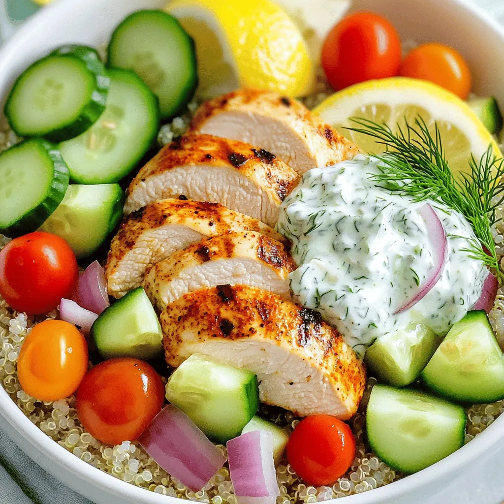 For the Chicken Tzatziki Bowls, start with these key items: - 2 boneless, skinless chicken breasts - 1 teaspoon paprika - 1 teaspoon garlic powder - 1 teaspoon onion powder - 1 tablespoon olive oil - Salt and pepper to taste - 1 cup cooked quinoa - 1 cucumber, diced - 1 cup cherry tomatoes, halved - 1/4 red onion, thinly sliced These ingredients form the heart of the dish. The chicken brings protein and flavor. The spices add depth, while quinoa and fresh veggies create a balanced meal. The tzatziki sauce is essential for flavor. You will need: - 1/2 cup plain Greek yogurt - 1 tablespoon fresh dill, chopped - 1 tablespoon lemon juice - 1 tablespoon olive oil (for tzatziki) This sauce acts as a creamy and refreshing topping. The yogurt base provides tang, while dill and lemon add brightness. For a complete meal, consider these extras: - Pita bread, for serving (optional) - Garnishes like a sprig of dill or lemon wedges Pita bread can enhance the experience. It’s perfect for scooping up the tzatziki. Garnishes add color and make the dish visually appealing. You can find the full recipe for Chicken Tzatziki Bowls in the section above. Enjoy crafting this flavorful and healthy meal! - In a bowl, combine paprika, garlic powder, onion powder, olive oil, salt, and pepper. - Coat the chicken breasts in this mix. - Let the chicken sit for at least 30 minutes. This helps the flavors soak in. - Preheat your grill or grill pan to medium-high heat. - Cook the chicken for about 6-7 minutes on each side. - Use a meat thermometer to check for doneness. It should reach 165°F. - Once done, let the chicken rest before slicing. - In a small bowl, mix Greek yogurt, diced cucumber, dill, lemon juice, olive oil, and a pinch of salt. - Stir well to combine. - Set aside for a few minutes. This allows the flavors to meld together nicely. - Start with a base of cooked quinoa in each serving bowl. - Top with sliced grilled chicken, diced cucumber, cherry tomatoes, and red onion. - Make it colorful and fresh for the best presentation. - Generously spoon the tzatziki sauce over the top of each bowl. - For extra flavor, consider serving with warmed pita bread on the side. - Enjoy the mix of flavors and textures in every bite! This is how you create a Chicken Tzatziki Bowl that is both flavorful and healthy. For the complete recipe, check out the [Full Recipe]. To cook chicken perfectly, I recommend grilling. Grilling gives a nice smoky flavor. You can also pan-sear if you prefer. To check for doneness, use a meat thermometer. Chicken should reach 165°F. This ensures it is safe to eat. Letting the chicken rest helps keep it juicy. Slice it after resting for best results. The tzatziki sauce is key to this dish. If you want a thicker sauce, strain the yogurt. This removes excess water and makes it creamy. To boost the flavor, add more herbs like mint or parsley. Fresh herbs can make a big difference. You can also try a splash of vinegar for tanginess. A great-looking bowl makes the meal more fun. Garnish your dish with a sprig of dill. A lemon wedge adds a fresh touch too. For serving, use wide bowls to show off the layers. You can also serve with warm pita bread on the side. This adds a nice crunchy element to your meal. For the full recipe, check out the steps above! {{image_2}} You can easily change the protein in Chicken Tzatziki Bowls. If you want to substitute chicken, consider using turkey. Turkey has a similar taste and texture. You can also try grilled shrimp for a lighter option. For vegetarian choices, chickpeas are great. They add protein and a nice texture. Tofu is another option. It's easy to flavor and grill or bake. Quinoa is a popular base for these bowls, but you have other choices. Brown rice is a tasty substitute. It has a nice chew and is full of fiber. You can also use farro. This grain adds a nutty flavor and is very filling. For a low-carb option, try cauliflower rice. It absorbs flavors well and keeps the meal light. Spice mixes can enhance your Chicken Tzatziki Bowls. Try adding cumin or coriander for a warm twist. If you like some heat, cayenne pepper can spice things up. Seasonal vegetables can also change the dish. In summer, add bell peppers or zucchini. In the fall, roasted butternut squash is a delightful addition. These changes keep the meal fresh and exciting. For the full recipe, check out the [Full Recipe]. To keep your Chicken Tzatziki Bowls fresh, store leftovers in the fridge. Place them in airtight containers. This helps prevent moisture loss and keeps the flavors intact. Use glass or BPA-free plastic containers for best results. When reheating, use the microwave or stovetop. If using the microwave, cover the bowl with a lid to keep moisture. Heat in short bursts of 30 seconds. Stir in between to warm evenly. If using a stovetop, add a splash of water and heat on low. This keeps the chicken tender and juicy. You can freeze the chicken and tzatziki separately. Chicken freezes well for up to three months. Use freezer-safe bags or containers. For tzatziki, freeze it in small portions. Thaw in the fridge overnight before using. This way, you maintain the quality and flavor of your meal. To cook quinoa, use a 2:1 water-to-quinoa ratio. This means for every cup of quinoa, use two cups of water. Rinse the quinoa before cooking to remove bitterness. Then, boil water in a pot, add quinoa, and cover it. Cook on low heat for about 15 minutes. Once the water is absorbed, let it sit covered for five more minutes. Fluff it with a fork before serving. Yes, you can make tzatziki without yogurt. Alternatives include sour cream or cashew cream. These will change the flavor and texture a bit. Sour cream gives a tangy taste, while cashew cream adds creaminess. If you use these, add cucumber, lemon juice, and herbs as usual. This keeps your tzatziki fresh and tasty. Chicken Tzatziki Bowls will last about three days in the fridge. Store them in an airtight container to keep them fresh. Check for signs of spoilage like off smells or changes in texture. If the chicken looks slimy or the veggies feel mushy, it’s best to throw it away. Keeping your food safe ensures you enjoy every bite! To wrap up, we explored how to make Chicken Tzatziki Bowls from scratch. You learned about key ingredients, such as chicken, quinoa, and tzatziki sauce. The step-by-step guide shows you how to marinate and cook the chicken, prepare the sauce, and build your bowl. I shared tips for cooking and presentation. Don't forget the variations and storage advice to keep your meal fresh. Enjoy experimenting with your bowls, and make it your own!