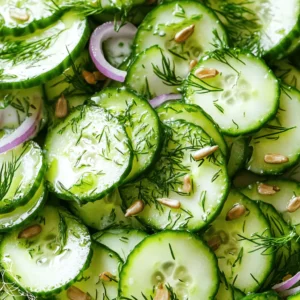 To make a tasty German cucumber salad, you'll need: - 2 large cucumbers, thinly sliced - 1 teaspoon salt - 1/2 cup Greek yogurt - 2 tablespoons apple cider vinegar - 1 tablespoon fresh dill, chopped - 1 tablespoon fresh parsley, chopped - 1 teaspoon sugar - 1/4 teaspoon black pepper - 1/4 cup red onion, thinly sliced - 1 tablespoon olive oil - Optional: Toasted sunflower seeds for garnish These ingredients work together to create a refreshing dish. The cucumbers bring a crisp texture, while the yogurt adds creaminess. The vinegar gives a nice tang, and the herbs bring lots of flavor. Each serving of this salad has about 150 calories. It contains: - 6 grams of protein - 10 grams of fat - 10 grams of carbohydrates This salad offers a good mix of nutrients. The Greek yogurt gives you protein, while cucumbers add hydration and fiber. The herbs and vinegar provide flavor without extra calories. Enjoy this healthy and easy dish anytime! How to prepare cucumbers Start with two large cucumbers. Wash them well under cold water. Thinly slice them using a sharp knife or a mandoline. Place the slices in a colander and sprinkle with one teaspoon of salt. This step helps remove excess water. Let them sit for about 15 minutes. Rinse the cucumber slices under cold water to remove the salt. Pat them dry with a clean kitchen towel. Creating the dressing In a mixing bowl, combine half a cup of Greek yogurt, two tablespoons of apple cider vinegar, one tablespoon of fresh dill (chopped), and one tablespoon of fresh parsley (chopped). Add one teaspoon of sugar and a quarter teaspoon of black pepper. Finally, drizzle in one tablespoon of olive oil. Stir everything until well mixed. This creamy dressing will bring great flavor to your salad. Mixing cucumbers and onions In a large bowl, combine the dried cucumber slices with a quarter cup of thinly sliced red onion. The onion adds a nice bite to the salad. Adding the dressing Drizzle the creamy dressing over the cucumber and onion mixture. Toss everything gently. Make sure the cucumbers and onions are evenly coated with the dressing. Importance of chilling Allow the salad to chill in the refrigerator for about 30 minutes. Chilling helps the flavors blend together. Serving suggestions Before serving, give the salad a final toss. If you like, top it with toasted sunflower seeds for added crunch. This salad is great as a side dish or a light meal. Enjoy the refreshing taste of your German cucumber salad! For the full recipe, refer to the recipe section. To make a true German cucumber salad, follow traditional methods. Start with fresh, crunchy cucumbers. Use thin slices for the best texture. Allow them to sit with salt to draw out water. You can substitute regular cucumbers with Persian cucumbers for a sweeter taste. Add more seasoning to boost flavor. Try a pinch of garlic powder for a punch. You can also add a squeeze of lemon juice for brightness. Infuse flavors by letting the salad sit for a while. Chilling helps the tastes blend. Plating is key to making your salad appealing. Use a large white bowl to highlight the colors. Layer the cucumbers and onions for visual interest. Garnish with fresh herbs like dill or parsley. Toasted sunflower seeds add a nice crunch and look great on top. For the full recipe, check out the Crispy Herbal German Cucumber Salad. {{image_2}} You can make a tasty Asian spin on this salad. Try adding sesame oil and minced ginger for a fresh flavor. This gives your salad a unique taste. For the dressing, swap Greek yogurt with rice vinegar and soy sauce. This creates a lighter, tangy mix that pairs well with cucumbers. Want to take your salad to the Mediterranean? Add crumbled feta cheese for a creamy touch. Olives and cherry tomatoes also work well here. They add saltiness and sweetness. This twist gives your salad a vibrant color and rich taste. It's great for summer picnics! If you are watching carbs, you can swap Greek yogurt with sour cream or a low-fat option. This keeps the creaminess while cutting down on carbs. You should also reduce the sugar in the dressing. Use a sugar substitute or skip it altogether. This keeps the salad light and healthy without losing flavor. For the full recipe, check out Crispy Herbal German Cucumber Salad 🥒. Store your leftover German cucumber salad in airtight containers. This keeps it fresh. You should eat it within three days. The salad tastes best when fresh. Is German cucumber salad freezer-friendly? No, it does not freeze well. Freezing changes the texture of cucumbers. It can become mushy when thawed. You do not need to reheat this salad. Enjoy it cold for the best taste. If you have leftovers, simply take them out of the fridge. Give it a good stir before serving. For an extra touch, add fresh herbs again for a burst of flavor. Check out the Full Recipe for more details on making this refreshing dish! German cucumber salad dates back many years. It has roots in rural Germany. Farmers often used fresh cucumbers from their gardens. They made this salad to enjoy light meals in warm weather. The salad is popular at summer gatherings and picnics. People love its crunchy texture and tangy taste. Each region has its own twist on the recipe. Some use yogurt, while others prefer vinegar. This dish shows how simple ingredients can create tasty food. Yes, you can use different types of cucumbers. While English cucumbers are popular, pickling cucumbers work well too. English cucumbers are longer and have fewer seeds. They provide a crisp bite. Pickling cucumbers are smaller but pack a punch. They give a more intense flavor. Whichever type you choose, make sure they are fresh. Freshness impacts the taste and texture of the salad. The salad stays fresh for about three days in the fridge. Store it in an airtight container. This helps keep the flavors strong and the cucumbers crisp. After a day or two, the cucumbers may lose some crunch. If you want to enjoy it longer, consider not dressing it right away. Mix the dressing just before serving for maximum freshness. You can check the salad for any signs of spoilage before eating. This blog post covered how to make a delicious cucumber salad. We discussed the key ingredients, tasty variations, and expert tips. You learned how to prepare it step by step and store your leftovers properly. Remember, you can adjust flavors and textures to suit your taste. This dish is not just easy to make; it’s versatile and refreshing. Enjoy the process, share it with friends, and dive into different versions. Your perfect cucumber salad awaits!