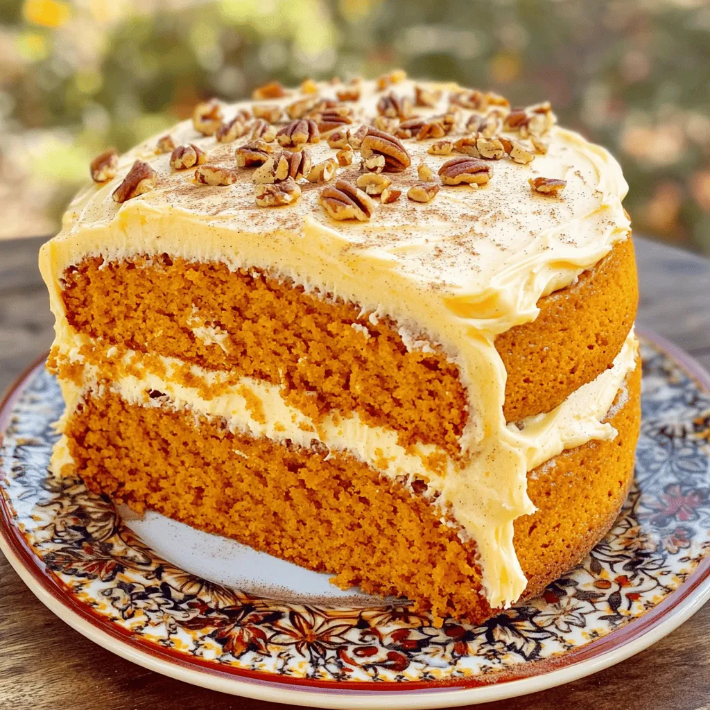 - 1 ½ cups all-purpose flour - 1 teaspoon baking powder - 1 teaspoon baking soda - ½ teaspoon salt - 1 teaspoon ground cinnamon - ½ teaspoon ground nutmeg - ½ teaspoon ground ginger - ½ cup unsalted butter, softened - 1 cup granulated sugar - 2 large eggs - 1 cup pure pumpkin puree - ½ cup buttermilk - 1 teaspoon vanilla extract - ½ cup chopped pecans (optional) - ½ cup cream cheese, softened (for frosting) - 1 cup powdered sugar (for frosting) - 2 tablespoons maple syrup (for frosting) I love using these simple ingredients. They combine to create a lovely fall flavor. The pumpkin puree brings moisture and richness, while the spices add warmth. Make sure to use fresh, pure pumpkin puree. It gives the best taste. If you want, you can use canned pumpkin, but check the label for additives. The buttermilk helps keep the cake soft and fluffy. If you don't have buttermilk, you can make your own. Just mix milk with a bit of vinegar or lemon juice. If you like nuts, pecans add a nice crunch. They also pair well with the sweet cream cheese frosting. This frosting is creamy and rich, making the cake even more delicious. Follow the full recipe for clear steps on how to bring this all together. Enjoy the process as you make this lovely cake! 1. Preheating the Oven and Preparing the Cake Pan Start by preheating your oven to 350°F (175°C). This ensures even baking. Grease and flour a 9-inch round cake pan. This will help the cake come out easily. 2. Mixing Dry Ingredients In a medium bowl, whisk together the flour, baking powder, baking soda, salt, cinnamon, nutmeg, and ginger. This step mixes the flavors well. Set this bowl aside for later use. 3. Creaming Butter and Sugar In a large mixing bowl, beat the softened butter and granulated sugar together. Mix until it looks light and fluffy, which should take about 3-4 minutes. This creates a nice base for your cake. 4. Adding Eggs and Wet Ingredients Now, add the eggs one by one. Mix well after each addition. Then, stir in the pumpkin puree, buttermilk, and vanilla extract. Make sure everything is well combined. 5. Incorporating Dry Ingredients into the Pumpkin Mixture Gradually add the dry ingredients to the pumpkin mixture. Stir gently until just combined. If you like, fold in the chopped pecans at this point for added crunch. 6. Pouring the Batter and Baking Time Pour the batter into your prepared cake pan. Make sure to smooth the top with a spatula. Bake for 30-35 minutes. A toothpick inserted in the center should come out clean. 7. Cooling and Frosting Preparation Allow the cake to cool in the pan for 10 minutes. After that, transfer it to a wire rack to cool completely. For the frosting, beat together the cream cheese, powdered sugar, and maple syrup until smooth. Once the cake is cool, frost the top evenly. Check out the Full Recipe for more details on serving and presentation tips. - Ensuring Perfect Texture and Moisture To achieve a soft, moist cake, use room temperature ingredients. Softened butter and eggs mix better and create air. This adds lightness. Don't overmix your batter. Stir gently until the dry and wet ingredients blend. Overmixing can lead to a tough cake. Adding buttermilk gives a nice richness and moisture too. - Checking for Doneness To check if your cake is ready, insert a toothpick into the center. If it comes out clean, your cake is done. If not, give it a few more minutes. Remember, every oven is different. Keep an eye on it as it bakes. - Achieving Creamy Frosting Consistency For a smooth cream cheese frosting, start with softened cream cheese. Beat it well before adding sugar. Gradually mix in the powdered sugar to avoid lumps. If it's too thick, add a splash of milk or more maple syrup. This will help achieve the perfect consistency. - Creative Presentation Ideas For a beautiful presentation, spread frosting evenly on top. Add a sprinkle of cinnamon or some chopped pecans for color. You can also drizzle extra maple syrup on top for a sweet touch. Use a decorative plate to make it look festive. - Best Pairings with Pumpkin Rum Cake This cake pairs well with coffee or chai tea. The spices in the cake enhance the flavors of these drinks. You can also serve it with whipped cream or a scoop of vanilla ice cream. This adds a creamy contrast to the cake's texture. - Seasonal Serving Ideas for Fall Gatherings For fall gatherings, serve slices with warm apple cider. Arrange the cake with seasonal fruits like pears or figs. This creates a colorful, inviting display. You can also use festive plates and napkins to add to the autumn vibe. {{image_2}} Gluten-Free Options for the Flour If you want a gluten-free cake, use a gluten-free flour blend. Look for one that has xanthan gum. This helps to give the cake a good texture. You can find many blends at stores. Just measure the same amount as regular flour. Dairy-Free Alternatives for Butter and Milk For a dairy-free cake, replace butter with coconut oil or vegan butter. Use almond milk or oat milk instead of buttermilk. These swaps keep the cake moist and tasty. Adding Spices for Improved Flavor Try adding a pinch of cloves or allspice for extra warmth. Mix in some orange zest for a bright twist. These spices can enhance the fall flavor in your cake. Experimenting with Different Frosting Options Instead of cream cheese frosting, you can use whipped cream. A maple frosting could also be a fun twist. Each frosting brings its own taste and style to the cake. Incorporating Chocolate or Caramel You might want to add chocolate chips to the batter for a sweet surprise. Drizzling caramel sauce over the top makes it even more indulgent. Both options add a rich layer of flavor. Creating Mini Pumpkin Rum Cakes or Cupcakes Instead of a large cake, make mini cakes or cupcakes. Bake them in a muffin tin for fun, single servings. This makes them perfect for parties or gifts. For the full recipe, check out the detailed steps to make this delightful cake. Room Temperature Storage You can keep your Pumpkin Rum Cake at room temperature for up to three days. Place it in an airtight container to keep it fresh. If you don't have a container, wrap the cake tightly in plastic wrap. This helps keep moisture in and stops it from drying out. Refrigeration Tips If you want to store the cake for longer, refrigerate it. Wrap it in plastic wrap or place it in a container. It will stay fresh in the fridge for about a week. Just make sure to let it warm up a bit before serving. Cold cake can lose some of its flavor. Best Practices for Freezing Cake To freeze your Pumpkin Rum Cake, wait until it cools completely. Wrap it tightly in plastic wrap, then cover it with aluminum foil. This helps prevent freezer burn. You can freeze it for up to three months. Just remember, freezing can change the texture a bit. Thawing Instructions When you're ready to enjoy your cake, take it out of the freezer. Remove the wrap but leave it in the foil. Let it thaw in the fridge overnight. This helps keep the cake moist. If you're in a hurry, you can thaw it at room temperature for a few hours. Understanding Freshness and Quality Knowing how long your Pumpkin Rum Cake stays fresh is key. At room temperature, expect it to last about three days. In the fridge, it can last up to one week. If frozen, it can last up to three months but is best enjoyed within one month for the best taste. Always check for any signs of spoilage before eating. How to Make Pumpkin Rum Cake from Scratch? Making pumpkin rum cake from scratch is easy. Start by mixing your dry ingredients in one bowl. In another bowl, cream the butter and sugar. Then, add eggs and pumpkin puree. Combine both bowls gently. Bake at 350°F until golden. Can I use canned pumpkin puree instead of fresh? Yes, you can use canned pumpkin puree. It saves time and works well. Just make sure it's pure pumpkin, not pie filling. This keeps the flavors true and fresh. What can I substitute for buttermilk? If you don’t have buttermilk, try using milk with vinegar. Just add one tablespoon of vinegar to one cup of milk. Let it sit for five minutes. This gives you a good buttermilk substitute. Why is my pumpkin cake dense? Your pumpkin cake might be dense due to too much flour or overmixing. Always measure flour properly and mix until just combined. This keeps the cake light and fluffy. Can I add rum to the frosting? Yes, adding rum to the frosting can enhance the flavor! Just mix in a tablespoon or two. It adds a nice kick and pairs well with the pumpkin. What drinks go well with pumpkin cake? Pumpkin cake pairs well with spiced cider or a nice cup of coffee. A warm chai latte also complements the flavors. For adults, a spiced rum cocktail can be a great match. How long is pumpkin cake good for after baking? Pumpkin cake stays fresh for about three to four days at room temperature. If you store it in the fridge, it can last up to a week. Always keep it covered to maintain moisture. This blog post showed you how to make a tasty pumpkin rum cake. You learned the key ingredients, step-by-step instructions, and helpful tips. I shared ideas for serving and storing your cake, plus variations for extra fun. Baking this cake will bring joy to your kitchen and gatherings. Enjoy the warm spices and creamy frosting. Whether for fall or a festive occasion, it’s sure to impress. Now, gather your ingredients and start baking!