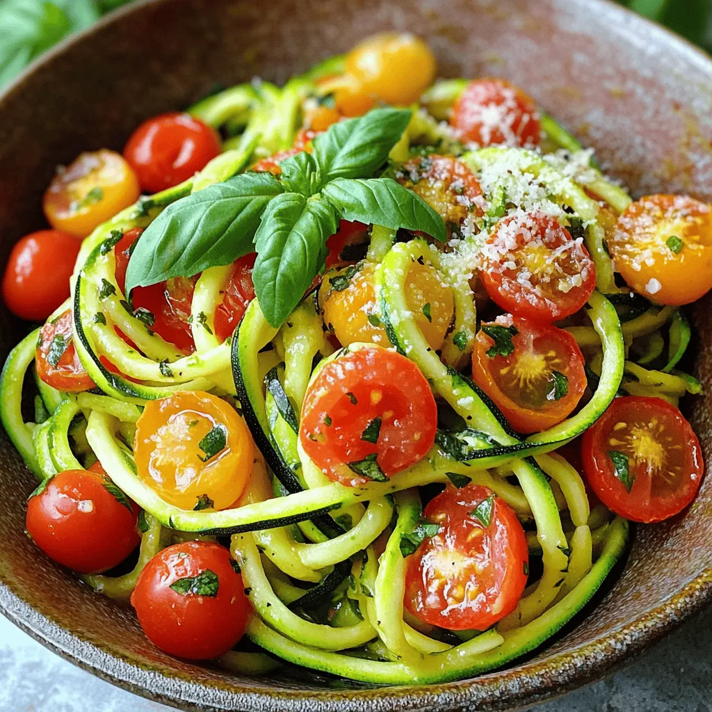 - Two medium zucchinis - Three medium ripe tomatoes, diced - One cup cherry tomatoes, halved - Two cloves garlic, minced - One tablespoon olive oil - One teaspoon dried basil - One teaspoon dried oregano - Salt and pepper to taste - Fresh basil leaves for garnish - Grated Parmesan cheese (optional) For the Healthy Tomato Zucchini Pasta, you need fresh and simple ingredients. The zucchinis make a great noodle base. You can spiralize them for fun or use a peeler for strips. The tomatoes add a rich flavor. Ripe tomatoes work best since they taste sweeter. Cherry tomatoes give a pop of color and flavor too. Garlic gives a savory touch. Olive oil helps cook the garlic and adds richness. Dried basil and oregano bring depth to the sauce. For taste, add salt and pepper. Fresh basil leaves add a nice touch on top. If you love cheese, sprinkle some grated Parmesan for extra flavor. This recipe focuses on fresh ingredients. They not only taste great but also keep the meal healthy. For the full recipe, check out the steps and enjoy this easy dish! Using a spiralizer To make zucchini noodles, first, wash the zucchinis. Cut off both ends. Place one zucchini in the spiralizer and twist. This creates long, curly noodles. Repeat with the second zucchini. Set your noodles aside. Using a vegetable peeler If you don't have a spiralizer, a vegetable peeler works well too. Slice the zucchini lengthwise into thin strips. Aim for long, flat pieces that resemble pasta. This method is simple and quick. Sautéing garlic In a large skillet, heat one tablespoon of olive oil over medium heat. Add two cloves of minced garlic. Cook for about one minute. You want it fragrant but not browned. This step builds a great flavor base. Adding tomatoes Next, add three diced tomatoes and one cup of halved cherry tomatoes to the skillet. Stir well and cook for five to seven minutes. The tomatoes will soften and release their juices, creating a tasty sauce. Incorporating zucchini noodles Gently fold the prepared zucchini noodles into the sauce. Cook for another two to three minutes. You want the noodles to be tender but still have a nice crunch. This keeps them fresh and vibrant. Adjusting seasoning After mixing, taste the dish. Add salt and pepper as needed. You can also stir in one teaspoon of dried basil and one teaspoon of dried oregano. This adds more depth to the flavors. Serve hot for the best taste! For the full recipe, check the complete instructions. Achieving the right texture To get the best texture for zucchini noodles, avoid overcooking. Cook them for only 2-3 minutes after adding to the sauce. This keeps them crisp and fresh. Preventing excess moisture Zucchini can release water when cooked. To reduce moisture, sprinkle salt on the noodles and let them sit for 10 minutes. This draws out water, so your dish stays light. Adding spices and herbs You can boost flavor with spices and herbs. Try adding red pepper flakes for heat or fresh thyme for a different taste. Fresh herbs like parsley also add a nice touch. Options for garnishing Garnish your dish with fresh basil leaves. They add color and flavor. Grated Parmesan cheese is an option, too. It brings a rich taste to your meal. Pairing with proteins This dish pairs well with proteins like grilled chicken or shrimp. You can also add chickpeas for a plant-based option. Both choices make your meal more filling. Ideal side dishes Serve with a simple green salad or crusty bread. These sides complement the pasta well. They add more texture and balance to your meal. For the full recipe, check out the Healthy Tomato Zucchini Pasta details above. {{image_2}} You can switch up the veggies in your Healthy Tomato Zucchini Pasta. Try using bell peppers, spinach, or mushrooms. Each adds unique flavors and textures. If you want a different pasta style, use whole wheat pasta or gluten-free options. Spiralized carrots or sweet potatoes also work well. These swaps keep the dish fresh and exciting. Looking for lower-carb choices? Zucchini noodles are already a great start! You can make it even lighter by skipping the cheese or using a dairy-free option. For a vegan dish, replace Parmesan with nutritional yeast. This adds a cheesy taste without dairy. You can enjoy a filling meal without excess carbs or animal products. To make your dish pop, add fresh herbs like parsley or cilantro. You can also toss in a pinch of red pepper flakes for heat. If you love cheese, try goat cheese or feta for a different flavor. These additions enhance the taste and make each bite more satisfying. The right mix of spices and herbs can transform your meal into a culinary delight. For more details, check out the Full Recipe of Healthy Tomato Zucchini Pasta. To keep your Healthy Tomato Zucchini Pasta fresh, follow these simple steps: - Use airtight containers: Store your pasta in clean, airtight containers. This helps keep out air and moisture. - Cool before sealing: Allow the pasta to cool to room temperature before sealing. This prevents steam buildup inside the container. For best results, refrigerate your leftovers. They can stay fresh for 3 to 5 days in the fridge. Make sure to label your containers with the date, so you know when to eat them! When it's time to enjoy your leftovers, here’s how to reheat them: - Microwave method: Place the pasta in a microwave-safe bowl. Cover it with a damp paper towel to keep moisture in. Heat in 30-second intervals, stirring in between until warmed through. - Stovetop method: Put the pasta in a skillet over low heat. Add a splash of water or olive oil to keep it moist. Stir gently until heated. To maintain texture and flavor, avoid overheating. You want your zucchini noodles to remain slightly crisp, not mushy. Enjoy your meal! You can use gluten-free pasta made from rice or quinoa. These options work well. You may also try spiralized vegetables, like carrots or sweet potatoes. They add flavor and texture, too. Check labels on store-bought gluten-free pasta to ensure there are no hidden gluten sources. Yes, you can prep parts in advance. Spiralize the zucchini and store it in the fridge. Chop the tomatoes and garlic, and keep them in a sealed container. When ready to cook, simply heat the oil, add garlic and tomatoes, and add the zucchini noodles. This method saves time and keeps the meal fresh. If you need a tomato-free version, try using bell peppers or butternut squash. Both add a nice sweetness and color. You can also use a creamy sauce made from cashews blended with water and spices for a rich taste. Experiment with these options to find your favorite. This dish is great for meal prep. Store the cooked pasta in airtight containers. Keep it in the fridge for up to three days. Reheat it gently on the stove or in the microwave. If you want to keep the zucchini crisp, consider adding them fresh when serving. In this article, we explored a simple recipe for making zucchini noodles with a fresh tomato sauce. We discussed the ingredients, preparation, tips for perfect texture, and various ways to enhance the flavor. Remember, you can customize this dish to fit your taste and dietary needs. Whether you're looking for a healthy meal or a fun cooking project, zucchini noodles are a great choice. Enjoy experimenting and have fun in the kitchen with this tasty dish!