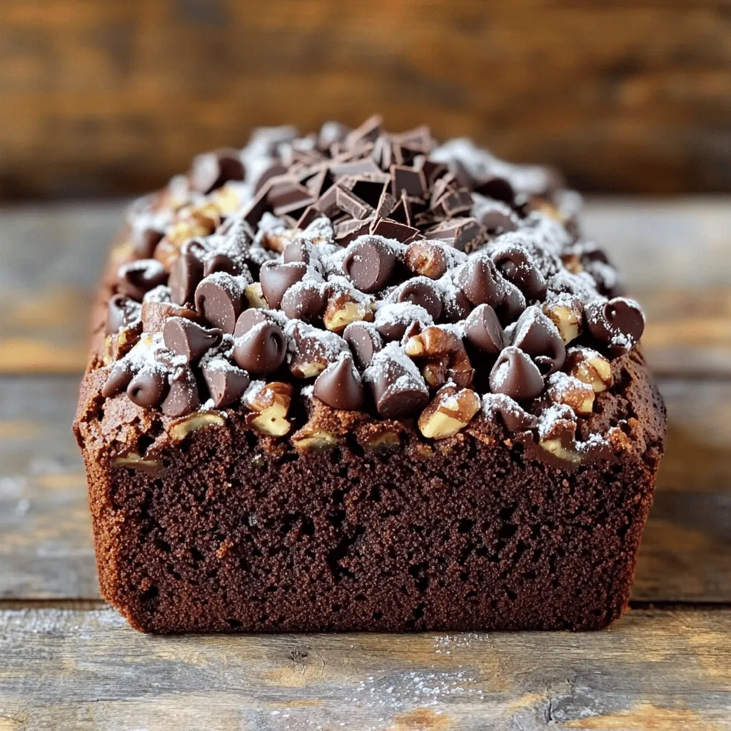 - 1 medium zucchini, grated - 1 cup all-purpose flour - 1/2 cup unsweetened cocoa powder - 1 teaspoon baking soda - 1/2 teaspoon baking powder - 1/2 teaspoon salt - 1/2 teaspoon cinnamon - 1/2 cup granulated sugar - 1/2 cup brown sugar, packed - 1/2 cup vegetable oil - 2 large eggs - 1 teaspoon vanilla extract - 1/2 cup chocolate chips (optional) - 1/2 cup chopped walnuts or pecans (optional) The ingredients for Chocolate Zucchini Bread make it rich and moist. The grated zucchini adds a secret touch, keeping the bread soft. You can’t taste the zucchini, but it brings moisture and nutrition. Using both granulated and brown sugar gives depth to the flavor. Unsweetened cocoa powder provides that deep chocolate taste. Adding chocolate chips makes it even more decadent. If you like nuts, add walnuts or pecans for crunch. - Mixing bowls - Whisk - Rubber spatula - Loaf pan You need simple tools to make this bread. Use mixing bowls to combine your ingredients. A whisk helps mix wet ingredients smoothly. A rubber spatula is great for folding in zucchini. Finally, a loaf pan shapes the bread perfectly. - Calories per serving: around 200 - Breakdown of macronutrients: 5g protein, 8g fat, 30g carbs - Dietary considerations: This recipe can be made gluten-free by using gluten-free flour and nut-free by omitting nuts. This bread is a treat, but it also packs some nutrition. Each slice gives you energy while satisfying your sweet tooth. You can enjoy it guilt-free, knowing it includes healthy zucchini. For those with specific diets, easy swaps let you enjoy this rich delight. For the full recipe, check the main section. 1. Preheat your oven to 350°F (175°C). Grease a 9x5-inch loaf pan and set it aside. 2. In a large mixing bowl, sift together the following dry ingredients: - 1 cup all-purpose flour - 1/2 cup unsweetened cocoa powder - 1 teaspoon baking soda - 1/2 teaspoon baking powder - 1/2 teaspoon salt - 1/2 teaspoon cinnamon 3. In another bowl, whisk these wet ingredients until smooth: - 1/2 cup granulated sugar - 1/2 cup brown sugar, packed - 1/2 cup vegetable oil - 2 large eggs - 1 teaspoon vanilla extract 4. Stir in the grated zucchini until it blends well with the wet mixture. 5. Gradually fold the dry ingredients into the wet mixture using a rubber spatula. Be careful not to overmix; just combine until you see no dry flour. 6. If you want, mix in chocolate chips and nuts. Gently fold them into the batter. 7. Pour the batter into the prepared loaf pan. Smooth the top with a spatula. 8. Bake in your preheated oven for 50-60 minutes. Check for doneness by inserting a toothpick into the center; it should come out clean. 9. Once baked, remove the bread from the oven. Let it cool in the pan for 10-15 minutes before transferring it to a wire rack. 10. Slice and enjoy your moist and flavorful Chocolate Zucchini Delight. For the full recipe, see above. To bake great Chocolate Zucchini Bread, accurate measurements matter. Always use the right tools. A kitchen scale can help you measure flour and sugar. Too much flour can make the bread dry. Here are some key points: - Use a light hand when scooping flour. - Level it off with a knife for precision. Another tip is to avoid overmixing the batter. When you mix, do it gently. Overmixing makes the bread tough. Just mix until you see no dry flour. Zucchini plays a key role in keeping the bread moist. It adds moisture without a heavy taste. Grating zucchini lets it blend well into the batter. Be sure to squeeze out some water before adding it. This prevents excess liquid in your loaf. Cooling is important too. Let the bread cool in the pan for 10-15 minutes. Then, move it to a wire rack. This helps maintain its moisture. Serving your Chocolate Zucchini Bread can be fun. Try topping it with a dusting of powdered sugar. A dollop of whipped cream adds extra flavor. You can also sprinkle chocolate shavings on top for a nice touch. For storing leftovers, wrap the bread in plastic wrap or foil. Place it in an airtight container. This keeps it fresh for several days. You can also freeze slices for longer storage. For the full recipe, check out the Chocolate Zucchini Delight! {{image_2}} For those needing gluten-free bread, you can substitute all-purpose flour with gluten-free flour. Look for a blend that has xanthan gum included. This will help with texture. You might also need to adjust the liquid slightly. Add a bit more zucchini or oil to keep the batter moist. If you want a vegan version, you can replace the eggs with flax eggs or applesauce. To make a flax egg, mix one tablespoon of flaxseed meal with three tablespoons of water. For oil and chocolate, use coconut oil or a dairy-free chocolate. These changes keep the bread rich and tasty without any animal products. You can have fun with flavor additions. Try adding a pinch of nutmeg or ginger for a warm spice note. You can also mix in dried fruits like raisins or cranberries. Chopped nuts like pecans or walnuts add a nice crunch and boost the flavor. Experiment and find your favorite twist on this classic! For the full recipe, check out the Chocolate Zucchini Delight. To keep your Chocolate Zucchini Bread fresh, first cool it completely. This step is key. Place it in an airtight container. A zip-top bag works well too. Store the bread at room temperature for up to three days. If you want it to last longer, consider refrigeration. Just wrap it tightly in plastic wrap before placing it in the fridge. Freezing this bread is simple and effective. First, slice the bread if you want easy portions later. Wrap each slice in plastic wrap. Then, place them in a freezer-safe bag or container. This helps prevent freezer burn. You can freeze the bread for up to three months. When you are ready to enjoy it, thaw it overnight in the fridge. To reheat, pop it in the microwave for a few seconds or toast it lightly. Chocolate Zucchini Bread lasts for about three days at room temperature. In the fridge, it can stay fresh for up to a week. If frozen, it can last for three months without losing its taste. Remember, the fresher the bread, the more delicious it is. Enjoy every bite of your homemade treat! Can I use frozen zucchini? Yes, you can use frozen zucchini. Just thaw it first. Squeeze out extra moisture. This helps keep the bread from being too wet. What can I substitute for eggs? You can use flax eggs or applesauce. One tablespoon of flaxseed mixed with three tablespoons of water works well. Applesauce gives moisture and sweetness. Can I reduce the sugar in the recipe? Absolutely! You can cut the sugar by about 25%. The bread will still taste great. Just keep an eye on the sweetness. How can I make it more chocolatey? Add more cocoa powder or chocolate chips. You can increase cocoa by a quarter cup. This boosts the chocolate flavor without harming texture. What to do if the bread doesn't rise? Check if your baking soda and baking powder are fresh. Old leavening agents can cause flat bread. Ensure you mix the batter without overdoing it. How to fix a dense loaf? A dense loaf often means too much moisture or not enough leavening. Ensure you measure the zucchini correctly. If it feels too wet, try less next time. This blog post covered how to make delicious Chocolate Zucchini Bread. You learned about the key ingredients, tools, and step-by-step instructions. I shared tips for baking success and options for variations like gluten-free and vegan. Proper storage methods help keep the bread fresh longer. Remember, it’s all about balance and making this recipe your own. Enjoy exploring these flavors and techniques in your kitchen!