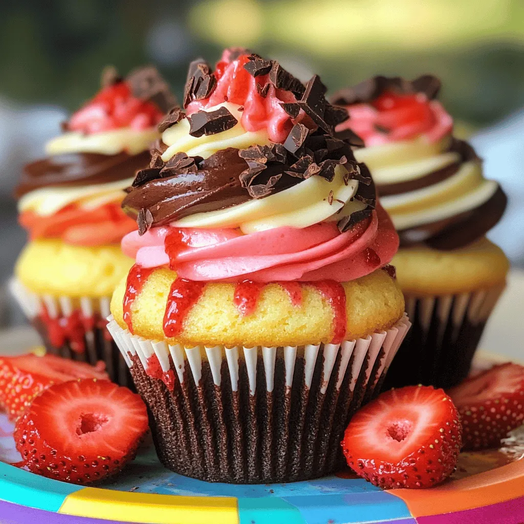 For Neapolitan cupcakes, you need a few key items. Here’s a list: - 1 ½ cups all-purpose flour - 1 ½ teaspoons baking powder - ½ teaspoon salt - ½ cup unsalted butter, softened - 1 cup granulated sugar - 2 large eggs - 2 teaspoons vanilla extract - ½ cup milk - ¼ cup cocoa powder - ½ cup strawberry puree (fresh or from the store) Each ingredient plays a vital role. The flour gives structure, while the butter adds moisture and flavor. Sugar sweetens and helps with texture. Eggs bind everything together. Vanilla extract adds a warm flavor, and milk keeps the batter smooth. Cocoa powder brings the chocolatey taste, and strawberry puree gives a fruity twist. To make your cupcakes truly delightful, you need frosting and some fun toppings. Here’s what you’ll want: - Vanilla, chocolate, and strawberry frosting - Chocolate shavings and fresh strawberries for garnish - Optional sprinkles or edible glitter for decoration The frosting adds creaminess and sweetness. Using three flavors gives each bite a fun surprise. Chocolate shavings and fresh strawberries make your cupcakes look stunning. You can also add sprinkles or glitter for a festive touch. For the complete recipe, check the Full Recipe to get started! 1. Preheat the oven: Set your oven to 350°F (175°C). Line a 12-cup muffin tin with cupcake liners. 2. Mix dry ingredients: In a medium bowl, whisk together 1 ½ cups of all-purpose flour, 1 ½ teaspoons of baking powder, and ½ teaspoon of salt. Set this mixture aside. 3. Cream butter and sugar: In a large bowl, cream together ½ cup of softened unsalted butter and 1 cup of granulated sugar. Whip until it's light and fluffy. This should take about 3 to 4 minutes. 1. Add eggs and vanilla: Beat in 2 large eggs one at a time. Then stir in 2 teaspoons of vanilla extract until mixed well. 2. Divide batter: Gradually add the dry mixture into the wet mix, alternating with ½ cup of milk. Stir until just combined. Now, divide the batter into three bowls. Leave one bowl plain for vanilla. In the second bowl, mix in ¼ cup of cocoa powder. In the third bowl, gently fold in ½ cup of strawberry puree. 1. Layer the batters: In each cupcake liner, add a tablespoon of vanilla batter. Next, add a tablespoon of chocolate batter, then a tablespoon of strawberry batter. Fill each liner about 2/3 full. 2. Bake: Place the muffin tin in the preheated oven. Bake for 18 to 20 minutes. Check doneness with a toothpick; it should come out clean. 3. Cool: Let the cupcakes cool in the tin for 5 minutes. Then, transfer them to a wire rack to cool completely. Follow this method for a delightful treat. For the full recipe, check the timing and tips for perfect cupcakes. To make the best Neapolitan cupcakes, focus on the batter's consistency. It should be smooth and not too thick. If it feels sticky, add a bit more milk. This will help the cupcakes rise well. To check if the cupcakes are done, use a toothpick. Insert it into the center of a cupcake. If it comes out clean, they are ready. If not, bake for a few more minutes. For frosting, use a piping bag with a round tip. This will help you create smooth, even swirls on top. You can also use a spatula for a rustic look. To layer and marble the frosting, start with one color on the bottom. Add another color on top and use a knife to swirl them together. This makes each cupcake look special. Presentation matters! Arrange cupcakes on a bright platter. Drizzle extra strawberry puree over them for a pop of color. For drinks, pair these cupcakes with milk or coffee. They also go great with vanilla ice cream for an extra treat. Enjoy every bite! For the full recipe, check out the detailed instructions. {{image_2}} You can make Neapolitan cupcakes even more fun by switching up the flavors. Here are some tasty ideas: - Alternate fruit purees: Instead of strawberry, try raspberry or blueberry puree. They add a nice twist to the classic cupcake. Each fruit gives a unique taste and color. - Incorporating nuts or chocolate chunks: Add chopped nuts like walnuts or almonds for crunch. You can also mix in chocolate chunks for a richer flavor. This makes each bite exciting and different. If you need different options, you can easily adjust the recipe to fit your needs. - Gluten-free and vegan options: Use gluten-free flour for a gluten-free version. For vegan cupcakes, swap eggs with flax eggs and use plant-based butter. This way, everyone can enjoy them, no matter their diet. - Sugar alternatives for healthier versions: You can use honey, maple syrup, or stevia to cut down on sugar. These options can make your cupcakes sweeter without the guilt. Just remember to adjust the liquid in the recipe if you use liquid sweeteners. Feel free to experiment with these variations. Each change can bring a delightful surprise to your Neapolitan cupcakes. For the complete recipe, check out the Full Recipe section. To keep your Neapolitan cupcakes fresh, store them in a cool place. Use an airtight container to prevent them from drying out. You can also place parchment paper between layers of cupcakes to avoid sticking. If you have frosting on top, let it set before covering. This helps maintain the shape of the frosting. The best temperature for storing cupcakes is room temperature, about 70°F (21°C). If your kitchen is warm, consider refrigerating them. However, refrigeration can change the texture. Always bring them back to room temperature before serving. Freezing cupcakes is easy and effective. To freeze Neapolitan cupcakes, first ensure they are completely cool. Then, wrap each cupcake tightly in plastic wrap. Place them in a freezer-safe bag or container. This helps prevent freezer burn. You can freeze them for up to three months. When you want to enjoy a cupcake, take it out and let it thaw in the fridge overnight. You can also thaw them at room temperature for a few hours. Once thawed, you can add more frosting or toppings before serving. For the full recipe, check out the complete guide for making these delightful treats. Neapolitan cupcakes can last about 2 to 3 days at room temperature. Keep them in an airtight container to stay fresh. If you store them in the fridge, they can last up to a week. Make sure to wrap them well to avoid drying out. Yes, you can make the batter ahead of time. Mix your dry and wet ingredients separately. Store the dry mix in an airtight container. Keep the wet mix in the fridge for up to 24 hours. When ready, just combine them. This saves time on busy days and keeps things easy. Avoid overmixing the batter. This can make your cupcakes dense and tough. Mix until just combined. Also, underbaking is a common problem. Always check with a toothpick. If it comes out clean, your cupcakes are done. If not, give them a few more minutes. You’ve learned how to make delicious Neapolitan cupcakes from scratch. We covered essential ingredients, step-by-step instructions, and tips for perfect frosting. Plus, you discovered fun variations, storage tips, and common mistakes to avoid. With these insights, you can bake and impress anyone. So, gather your ingredients, start mixing, and enjoy your sweet treats! Your Neapolitan cupcakes will surely be a hit at any occasion.
