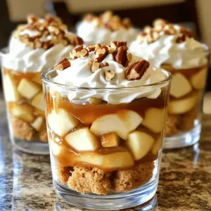 - 3 medium apples, peeled and diced - 1 cup brown sugar - 1/4 cup unsalted butter - 1 teaspoon cinnamon - 1 cup caramel sauce (store-bought or homemade) - 1 1/2 cups heavy whipping cream - 1/4 cup powdered sugar - 1 teaspoon vanilla extract - 1 box of vanilla sponge cake or ladyfinger cookies - Chopped pecans or walnuts for garnish Each ingredient plays a key role in the taste and texture of your trifle. The apples offer a sweet and tart base. I prefer using Granny Smith or Honeycrisp apples. They hold up well in cooking and add great flavor. The brown sugar helps caramelize the apples, bringing out their natural sweetness. Butter adds richness and helps to soften the apples. Cinnamon brings warmth and spice to the mix, making everything feel cozy. Caramel sauce is the star of the show. You can use store-bought sauce for ease. If you want to make your own, go for it! The heavy whipping cream creates a light and fluffy layer. The powdered sugar sweetens the whipped cream, while vanilla extract adds depth. The sponge cake or ladyfinger cookies provide a soft base that soaks up flavors. Finally, the chopped pecans or walnuts add a nice crunch and nutty flavor on top. When choosing apples, look for fresh, firm ones. I suggest local farms for the best flavor. For caramel sauce, check out artisanal brands or make your own for an extra touch. For heavy cream, choose organic if you can. It tastes richer and creamier. I recommend using fresh vanilla extract instead of imitation for the best flavor. Finally, pick a soft sponge cake that won't fall apart easily. These choices will elevate your trifle and impress everyone! To see how to put all these ingredients together, check out the Full Recipe. To start, grab a medium saucepan. Melt 1/4 cup of unsalted butter over medium heat. Once melted, add 3 medium apples, peeled and diced. Sprinkle in 1 cup of brown sugar and 1 teaspoon of cinnamon. Cook this mix for about 5 to 7 minutes. You want the apples to soften and caramelize nicely. When they are ready, remove the pan from heat. Stir in half of your caramel sauce. Let the mixture cool down before using it. Now, let's make the whipped cream! Take a large mixing bowl and pour in 1 1/2 cups of heavy whipping cream. Add 1/4 cup of powdered sugar and 1 teaspoon of vanilla extract. Using a hand mixer, whip the cream until you see soft peaks form. This means it’s ready to use. The whipped cream adds a light and fluffy texture to the trifle. It's time to assemble our trifles! Use clear glasses or dessert cups for a beautiful display. Start with a layer of vanilla sponge cake or ladyfinger cookies. You can break these into smaller pieces if needed to fit. Next, add a layer of the caramelized apple mixture. On top of that, dollop a generous layer of whipped cream. Repeat these layers until the glasses are filled, usually two to three layers work best. Top each trifle with the remaining caramel sauce. Sprinkle some chopped pecans or walnuts for a nice crunch. This builds flavor and texture. Finally, refrigerate the trifles for at least 1 hour before serving. This chilling helps the flavors blend together beautifully. Enjoy your delicious Caramel Apple Trifles! For a full recipe, check out the recipe section above. Layering is key to a great trifle. Start with the cake pieces at the bottom. Use sponge cake or ladyfinger cookies. They soak up flavor well. After the cake, add the caramelized apples. Make sure to distribute them evenly. Next, add a thick layer of whipped cream. This helps keep the layers separate. Repeat the process until you fill the glass. Aim for two or three layers for the best look and taste. Chill your trifles before serving. This enhances the flavors. Refrigerate for at least one hour. The cool temperature makes the dessert refreshing. If you want to serve them later, keep them in the fridge. Serve them cold for a delightful experience. Garnishes can make your trifles pop. Sprinkle chopped pecans or walnuts on top for crunch. You can also drizzle extra caramel sauce over the whipped cream. For a fresh touch, add a thin apple slice on top. This adds color and makes the trifles eye-catching. Simple garnishes can elevate your dessert, making it look gourmet. {{image_2}} You can switch apples for other fruits in this trifle. Pears work great. Their soft texture blends well with caramel. You might also try peaches for a juicy twist. Berries add a tartness that contrasts nicely with the sweet caramel. Choose fruits based on what you love. Each fruit brings its own flavor and character. While sponge cake is classic, you can explore other bases. Ladyfinger cookies add a fun texture. You could even use brownies for a rich flavor. If you like crunch, try crushed graham crackers. Each choice changes the dessert's taste. Be bold and mix it up to find your favorite. You can make this dessert lighter with some tweaks. Use Greek yogurt instead of heavy cream for a protein boost. Swap brown sugar for coconut sugar to lower the glycemic index. For a vegan option, try coconut cream and maple syrup. These swaps keep the spirit of the trifle while making it healthier. Explore these options to fit your diet. To store your caramel apple trifles, cover them tightly with plastic wrap or place them in an airtight container. This keeps the trifles fresh and prevents them from absorbing any other smells in your fridge. Make sure to keep them chilled. When stored correctly, caramel apple trifles will last for about 2 to 3 days in the fridge. After this time, the layers may start to blend together. So, it’s best to enjoy them within this timeframe for the best flavor and texture. Freezing trifles is not recommended. The whipped cream may separate, and the cake can become soggy. If you want to prepare in advance, consider freezing the caramelized apples and cake separately. Just thaw them in the fridge before assembling your trifles. Enjoy the full recipe for detailed instructions! Yes, you can make caramel apple trifles a day ahead. This dessert tastes better when it sits. The flavors mix well overnight. Just store them in the fridge. Cover each trifle to keep them fresh. If you need a substitute for heavy cream, use coconut cream or whole milk. You can also blend milk with butter. Mix 3/4 cup of milk with 1/4 cup of melted butter. This works well in recipes. Absolutely, you can use store-bought ingredients for your trifles. Store-bought caramel sauce saves time. You can also use pre-made whipped cream. This makes your dessert quick and easy. Just remember to check the quality. To avoid soggy layers, let the apple mixture cool before adding it. Use dry cake or cookies. If your cake is too moist, it will soak up the layers. Layer quickly and serve cold. This guide covered how to make caramel apple trifles. We started with the key ingredients, reviewed their qualities, and shared top products. Next, I walked you through step-by-step instructions for preparation, whipping cream, and layering. I offered tips for the best presentation and served suggestions too. We explored fun variations and discussed how to store your leftovers. In conclusion, making caramel apple trifles is easy and fun. Enjoy trying different options and impress your friends!