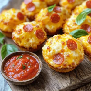 - 2 cups all-purpose flour - 1 tablespoon baking powder - 1/2 teaspoon salt - 1 teaspoon dried oregano - 1 teaspoon garlic powder - 1 cup milk - 1/2 cup olive oil - 1 large egg - 1 cup cheddar cheese, shredded - 1 cup mini pepperoni or diced bell peppers (vegetarian option) - 1/2 cup marinara sauce (for dipping) To make easy pizza muffins, gather these simple ingredients. Start with the main ingredients like flour and baking powder. The wet ingredients include milk and olive oil, which add moisture. Finally, choose your add-ins. You can use mini pepperoni or bell peppers for a vegetarian twist. Don't forget the marinara sauce for dipping! Using fresh ingredients ensures the best flavor. This recipe is perfect for any snack time. If you want the full recipe, check out the detailed instructions. 1. First, preheat your oven to 375°F (190°C). This step is key for a good bake. 2. Line a muffin tin with paper liners. You can also spray it with non-stick cooking spray. 3. In a large bowl, combine the dry ingredients: - 2 cups all-purpose flour - 1 tablespoon baking powder - 1/2 teaspoon salt - 1 teaspoon dried oregano - 1 teaspoon garlic powder Mix these well until they are even throughout. 1. In a separate bowl, whisk together the wet ingredients: - 1 cup milk - 1/2 cup olive oil - 1 large egg Keep whisking until everything blends nicely. 2. Pour the wet mixture into the dry ingredients. Stir gently until just combined. Don’t worry if you see a few lumps; it's okay! 1. Now, fold in the tasty bits: - 1 cup cheddar cheese, shredded - 1 cup mini pepperoni or diced bell peppers Mix carefully to keep the cheese and pepperoni intact. 2. Spoon the batter into your muffin tin. Fill each cup about 2/3 full. 3. Bake in the preheated oven for 18 to 20 minutes. Look for golden brown tops and test with a toothpick. It should come out clean. 4. Once done, take them out and let them cool for about 5 minutes in the pan. Then, transfer them to a wire rack. These easy pizza muffins are fun to make and great as a snack. Enjoy with marinara sauce for dipping! For the full recipe, check out the details above. To get the best pizza muffins, avoid overmixing the batter. Mixing too much makes them tough. Just stir until everything is combined and a few lumps remain. This keeps the muffins light and fluffy. To check if your muffins are done, use a toothpick. Insert it into the center of a muffin. If it comes out clean, they are ready. If it has wet batter, bake for a few more minutes. Serve your pizza muffins warm. Pair them with a small bowl of marinara sauce for dipping. This adds flavor and fun. For a nicer look, garnish your plate with fresh basil or parsley. The green adds color and makes the dish pop. You can prep ingredients in advance. Chop the pepperoni or bell peppers a day before. This saves time when you are ready to bake. If you have leftover muffins, freeze them. Place them in a freezer bag and seal tightly. They stay fresh for up to three months. When you want one, just thaw it overnight in the fridge. Enjoy your easy pizza muffins anytime! {{image_2}} For a tasty vegetarian muffin, swap the mini pepperoni for diced bell peppers or mushrooms. You can also add spinach or zucchini for extra veggies. For a vegan version, replace the egg with a flaxseed meal. Mix one tablespoon of flaxseed with three tablespoons of water and let it sit for five minutes. Use plant-based milk and vegan cheese to keep it dairy-free. You can change up the cheese to make these muffins more fun. Try mozzarella for a classic taste or feta for a tangy kick. You can also add toppings like sliced olives, bell peppers, or even jalapeños if you like heat. Mix and match to find your favorite combo! If you're looking for gluten-free options, use almond flour or a gluten-free flour blend. Check the labels to ensure they work well in baking. For lower-fat muffins, you can use Greek yogurt instead of olive oil. This keeps them moist while cutting down on fat. To keep your pizza muffins fresh, store them in an airtight container. This prevents them from drying out. You can refrigerate them for up to four days. If you want them to last longer, freezing is a great option. When it’s time to enjoy your muffins again, you have two main options: the microwave or the oven. For the microwave, place a muffin on a plate and heat for about 30 seconds. This keeps them moist. If you prefer the oven, preheat it to 350°F (175°C). Wrap the muffins in foil and heat for about 10 minutes. This method restores their crispness. If you want to freeze your muffins, let them cool completely first. Wrap each muffin in plastic wrap, then place them in a freezer bag. This helps prevent freezer burn. When you’re ready to eat them, take a muffin out and thaw it in the fridge overnight. You can also microwave it for a quick warm-up. Enjoy your pizza muffins later with their fresh taste! Easy pizza muffins are a fun twist on pizza. They use a simple batter filled with cheese and your favorite toppings. You can eat them as a snack or serve them at a party. They are easy to make and taste great! Yes, you can make these muffins ahead of time! Here are some tips: - Prep the batter: You can mix the dry ingredients and wet ingredients separately. Keep them in the fridge for up to 24 hours. - Baking: Bake them fresh when you are ready to eat. This keeps them warm and fluffy. - Freezing: You can freeze the baked muffins. Just place them in a freezer bag. They stay good for about three months. You can customize your pizza muffins with many toppings. Here are a few ideas: - Cheese: Try mozzarella, pepper jack, or feta. - Meats: Use crumbled sausage, bacon bits, or ham. - Veggies: Add bell peppers, mushrooms, or olives. - Sauces: Mix in pesto or barbecue sauce for a twist. Feel free to experiment and find your favorite combo! For the full recipe, check out the recipe section. You learned how to make easy pizza muffins using simple steps and ingredients. We discussed the main, wet, and add-in ingredients, and I shared tips for perfect results. You can try different flavors and easy swaps for dietary needs. Storing and reheating these muffins is just as easy. Enjoying pizza muffins at home is fun and tasty. Now, you can impress friends and family with your homemade treats. So grab your ingredients and start baking!
