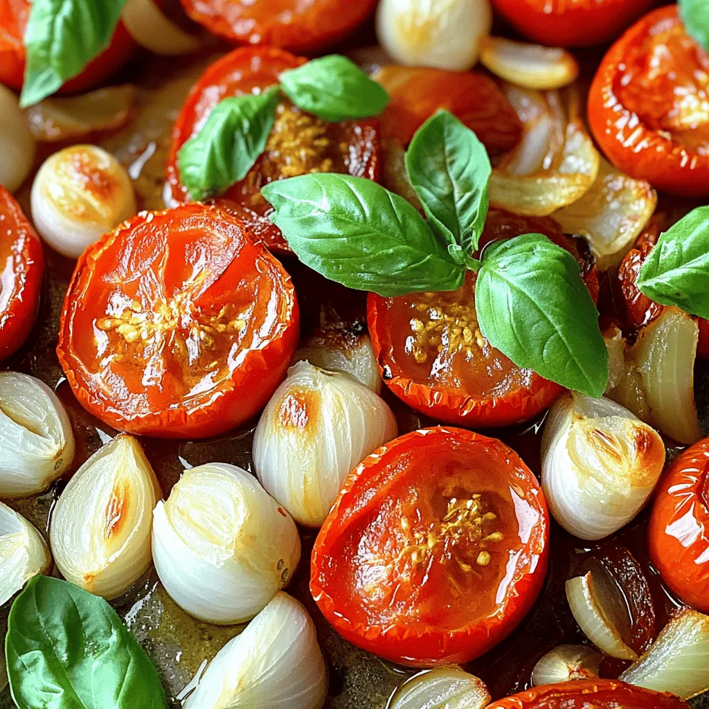 - 2 pounds ripe tomatoes, halved - 1 medium onion, quartered - 4 cloves garlic, unpeeled - 2 tablespoons olive oil - 1 teaspoon dried oregano - 1 teaspoon sugar (optional) - Salt and pepper to taste - Fresh basil leaves for garnish Using ripe, fresh tomatoes is key for great flavor. Look for tomatoes that are firm yet slightly soft. They should have a rich color. This flavor will shine through in your sauce. Choose high-quality olive oil. A good olive oil adds depth and richness. It elevates the taste of your sauce. For seasoning, use fresh herbs when possible. If you use dried herbs, make sure they are fresh too. This small detail makes a big difference in your dish. For the sugar, it can help balance the sauce's acidity. This is optional, but it’s worth trying. You can adjust the taste to your liking. 1. Preheating the oven: Start by setting your oven to 400°F (200°C). This high heat helps caramelize the tomatoes and onions, bringing out their sweet flavor. 2. Preparing the vegetables: Take 2 pounds of ripe tomatoes and cut them in half. Quarter 1 medium onion. Don’t forget to keep 4 cloves of garlic unpeeled. Place all of these on a large baking sheet. This setup helps the veggies roast evenly. Roasting is key to making this sauce great. Once your oven is hot, put the baking sheet inside. Roast the vegetables for about 25-30 minutes. You want the tomatoes to be soft and a bit caramelized. The onions should be tender. Keep an eye on them. If they start to brown too much, you can take them out earlier. To blend your sauce, let the roasted vegetables cool for a few minutes. Squeeze the roasted garlic out of its skin and toss the skins. In your blender, add the roasted tomatoes, onion, and garlic. Pour in any juice from the pan. For a sweeter sauce, add 1 teaspoon of sugar. Blend until smooth. Taste your sauce now. If needed, adjust the seasoning with more salt and pepper. You can also add fresh basil leaves for extra flavor. This sauce can serve hot or cool down for later use. Check the [Full Recipe] for more details. To enhance flavor, consider adding fresh herbs. Basil, thyme, or parsley can work wonders. Chop them finely and stir them in just before serving. You can also mix in some red pepper flakes for a touch of spice. Perfect caramelization is key for this sauce. Spread the tomatoes and onions evenly on the baking sheet. Avoid overcrowding to ensure even cooking. Don’t rush the roasting; let them caramelize until they are browned. This brings out the natural sweetness. This sauce pairs well with many dishes. Toss it with your favorite pasta for a hearty meal. You can also use it as a topping for pizza. If you like snacks, serve it warm with some crusty bread for dipping. Making your own sauce has many benefits. You control the ingredients and add only what you like. Fresh sauce tastes better than any store-bought option. Plus, you avoid preservatives and additives. Homemade sauce is simple and rewarding, giving you a unique flavor that no jar can match. {{image_2}} You can switch up the flavors of your roasted tomato sauce. Different types of tomatoes work great. Try using cherry tomatoes for a sweet kick or heirloom tomatoes for a rich taste. You can also mix in fresh herbs. Basil adds a classic touch, while thyme gives a nice twist. Adding vegetables can enhance the flavor too. Bell peppers or zucchini can add depth. Just chop them up and roast them with your tomatoes. This makes the sauce even more delicious and unique. Want some heat? Add crushed red pepper flakes or a diced jalapeño. If you prefer sweetness, try a dash of honey or brown sugar. This can balance the tangy taste of tomatoes. Taste as you go to find your perfect flavor. This roasted tomato sauce is naturally vegan and gluten-free. Make sure the olive oil and spices are pure and free from additives. You can enjoy this sauce with pasta, on pizza, or as a dip without worry. It's a great choice for everyone! For the full recipe, try these ideas and make this dish your own! To keep your Easy Roasted Tomato Sauce fresh, store it in an airtight container. Let the sauce cool down before sealing it. Place it in the fridge if you plan to use it within a week. If you want to save it for longer, freezing is a great option. Pour it into freezer-safe bags or containers. Make sure to leave some space for expansion. Label your containers with the date, so you know when you made it. In the fridge, your sauce will last about 5 to 7 days. If frozen, it can stay good for about 3 months. To enjoy the best flavor, try to use it within that time frame. Always check for signs like off smells or colors before using it. To reheat your sauce, gently warm it on the stove over low heat. Stir it often to avoid sticking. You can also microwave it in short bursts. Remember to cover it to keep the moisture in. If the sauce seems thick, add a little water or broth to loosen it. This way, you’ll keep all the tasty flavors intact. Yes, you can use canned tomatoes. They are convenient and save time. Canned tomatoes often have a rich flavor. However, fresh tomatoes taste brighter and sweeter. If you choose canned, look for whole or crushed tomatoes in juice. Avoid those with added sugar or salt. To make a thicker sauce, cook it longer. Let it simmer to reduce the liquid. You can also add tomato paste for more thickness. Another option is to mash some of the tomatoes after blending for a chunkier texture. Absolutely! Ground beef, turkey, or sausage work well. Brown the meat in a pan before adding it to the sauce. You can also add cooked chicken or meatballs. These options add protein and depth to your sauce. Leftover sauce is very versatile. Use it on pasta, pizza, or in casseroles. You can also dip breadsticks in it. For a quick meal, add it to scrambled eggs or use it as a base for soups. Enjoy your homemade sauce in many ways! To make the best tomato sauce, start with fresh, ripe ingredients. Use quality tomatoes and olive oil for great flavor. Follow each step for prep, roasting, and blending to achieve a perfect consistency. Remember to adjust spices to suit your taste. You can also explore variations for unique twists. Homemade sauce beats store-bought every time. Store it well for future meals, and use leftovers creatively. With these tips, your sauce will impress every time you serve it. Enjoy making delicious meals!
