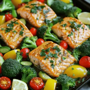 - 4 salmon fillets (about 6 ounces each) - 2 cups broccoli florets - 1 cup cherry tomatoes, halved - 1 bell pepper (red or yellow), sliced - 1 medium zucchini, sliced - 3 tablespoons olive oil - 2 teaspoons garlic powder - 1 teaspoon smoked paprika - 1 teaspoon dried oregano - Salt and pepper to taste In this recipe, I focus on fresh and healthy ingredients. Salmon is not just tasty; it is rich in omega-3 fatty acids. These are good for your heart. I use bright vegetables like broccoli and bell peppers. They add color and nutrients to the dish. - Fresh parsley - Lemon wedges After baking, I love to add fresh parsley. It makes the dish look nice and bright. Lemon wedges add a punch of flavor. Just squeeze some juice over the salmon and veggies. It really brings the meal to life! You can find the full recipe at the top. 1. Preheat the oven Begin by preheating your oven to 425°F (220°C). This high heat helps cook the salmon and vegetables quickly. 2. Prepare the vegetables In a large bowl, toss together 2 cups of broccoli florets, 1 cup of halved cherry tomatoes, 1 sliced bell pepper, and 1 sliced medium zucchini. Drizzle 2 tablespoons of olive oil over the mix. Add 2 teaspoons of garlic powder, 1 teaspoon of smoked paprika, 1 teaspoon of dried oregano, and season with salt and pepper. Mix well to coat the veggies. 3. Season the salmon Pat 4 salmon fillets dry with a paper towel. Place them on the sheet pan next to the veggies. Drizzle 1 tablespoon of olive oil over the salmon. Season it lightly with salt and pepper. 1. Arrange ingredients on the sheet pan Spread the seasoned vegetables on one side of the sheet pan, leaving space for the salmon on the other side. This layout helps everything cook evenly. 2. Baking time and temperature Place the sheet pan in the preheated oven. Bake for 15-20 minutes. The salmon should look opaque and flake easily when done. The veggies will be tender and slightly caramelized. 3. Checking for doneness To check if the salmon is done, use a fork to see if it flakes. If it does, it's ready to eat. If not, give it a few more minutes. Keep an eye on the veggies; they should look golden. Enjoy this simple yet tasty meal from the Full Recipe! To choose fresh salmon, look for bright, shiny skin. The flesh should have a nice pink color. Avoid fish that smells strong or has brown spots. Fresh salmon should smell like the ocean, not fishy. Seasoning is key for great flavor. Use salt and pepper to enhance the taste. Smoked paprika adds a nice, smoky touch. Garlic powder gives a warm, rich flavor. Always season both the salmon and the vegetables for a balanced taste. Set your oven to 425°F (220°C). This high heat cooks the salmon quickly and gives veggies a nice char. A hot oven helps create a crispy outside while keeping the inside tender. For veggies, cut them into equal sizes. This way, they cook evenly. Broccoli and bell peppers will crisp up nicely. Zucchini cooks fast, so cut it thicker to avoid mushy pieces. Toss them well in oil and spices to coat evenly for the best texture. For the full recipe, check the detailed instructions provided earlier. {{image_2}} You can switch out vegetables based on what you like or what is fresh. Seasonal veggies add great taste. Try asparagus in spring or Brussels sprouts in fall. You can also use root veggies like carrots and sweet potatoes. Mix in colorful additions for a fun look. Use purple cabbage or orange carrots. The more colors, the better your meal looks! Adding different herbs and spices changes the dish's flavor. Try dill for a fresh taste. Use thyme for earthiness. A squeeze of fresh lemon juice lifts the flavor. Marinades also make the salmon special. Combine soy sauce, honey, and garlic for a sweet and savory mix. Let the salmon soak in this blend for an hour before cooking. You can find more in the Full Recipe. After enjoying your salmon and veggies, store leftovers right. Place them in an airtight container. Make sure to refrigerate them within two hours. This keeps your food safe. Leftovers last up to three days in the fridge. If you want to keep them longer, try freezing. Wrap each portion tightly in plastic wrap and then in foil. This helps avoid freezer burn. You can freeze leftovers for up to three months. For reheating, the oven works best. Preheat it to 350°F (175°C). Place the salmon and veggies on a baking sheet. Cover them with foil to keep moisture. Heat for about 10-15 minutes. This step ensures the meal tastes fresh. You can also use the microwave. Place food on a microwave-safe plate. Heat in short bursts of 30 seconds. Check often to avoid overcooking. Always aim to keep the salmon moist and tender. Don’t forget to enjoy with fresh lemon juice for added flavor. For the full recipe, check out the detailed instructions above. How long to cook salmon on a sheet pan? I cook salmon on a sheet pan for 15 to 20 minutes. The time depends on the thickness of the fillets. When done, the salmon should flake easily with a fork. Can I use frozen salmon for this recipe? Yes, you can use frozen salmon. Just ensure to thaw it first. Thawing helps the salmon cook evenly. Is sheet pan salmon healthy? Sheet pan salmon is a healthy choice. It is rich in omega-3 fatty acids, which are good for your heart. The vegetables add fiber and vitamins, making it a balanced meal. What are the health benefits of salmon? Salmon offers many health benefits. It supports brain health, boosts immunity, and improves skin health. Eating salmon regularly can also help lower the risk of chronic diseases. For a full recipe, check out the Sheet Pan Salmon Delight with Veggies. This article covered how to make a tasty sheet pan salmon dish. You learned about key ingredients like salmon, fresh veggies, and good seasonings. Following the steps helps you cook perfectly every time. I shared tips to choose fresh salmon and make your veggies pop. Remember, you can add your favorite flavors or store leftovers easily. Cooking salmon this way is simple and fun. With practice, you’ll impress your family and friends with your skills. Enjoy every bite!