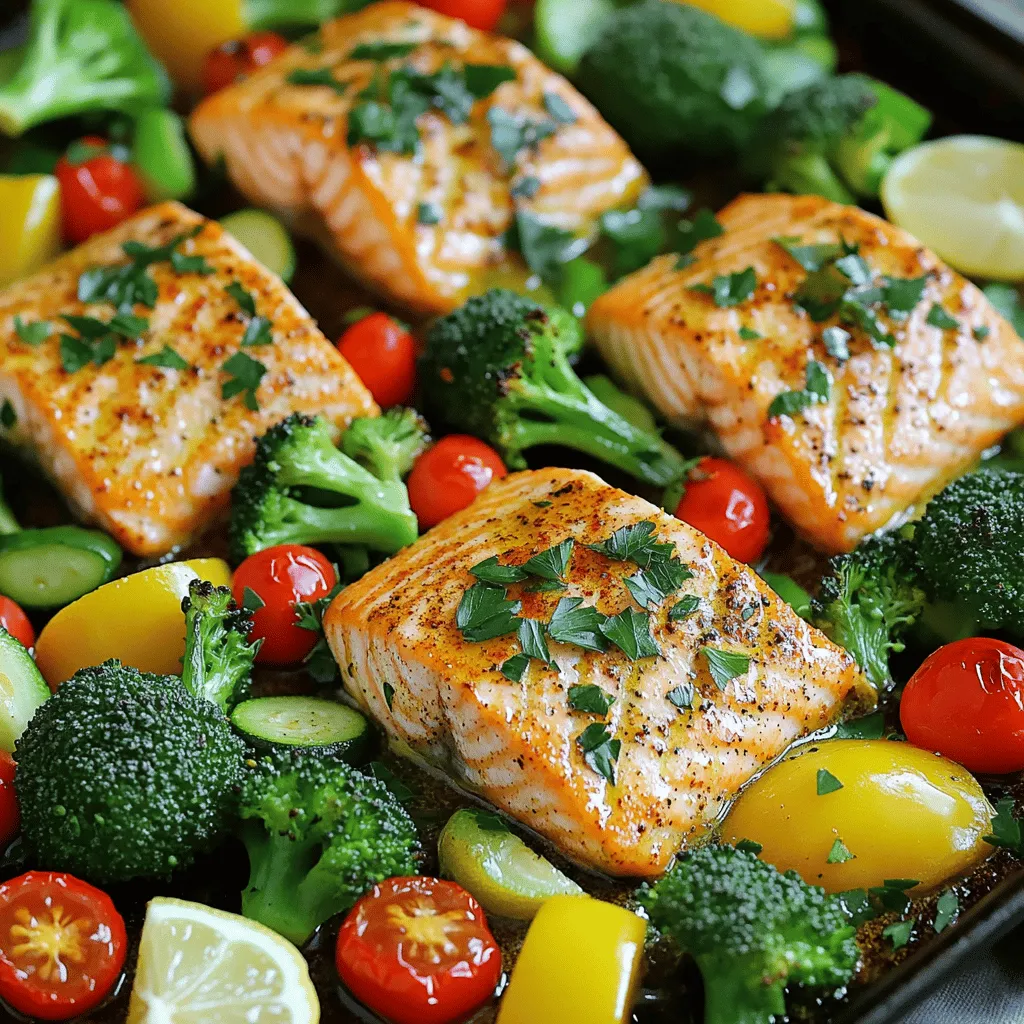 - 4 salmon fillets (about 6 ounces each) - 2 cups broccoli florets - 1 cup cherry tomatoes, halved - 1 bell pepper (red or yellow), sliced - 1 medium zucchini, sliced - 3 tablespoons olive oil - 2 teaspoons garlic powder - 1 teaspoon smoked paprika - 1 teaspoon dried oregano - Salt and pepper to taste In this recipe, I focus on fresh and healthy ingredients. Salmon is not just tasty; it is rich in omega-3 fatty acids. These are good for your heart. I use bright vegetables like broccoli and bell peppers. They add color and nutrients to the dish. - Fresh parsley - Lemon wedges After baking, I love to add fresh parsley. It makes the dish look nice and bright. Lemon wedges add a punch of flavor. Just squeeze some juice over the salmon and veggies. It really brings the meal to life! You can find the full recipe at the top. 1. Preheat the oven Begin by preheating your oven to 425°F (220°C). This high heat helps cook the salmon and vegetables quickly. 2. Prepare the vegetables In a large bowl, toss together 2 cups of broccoli florets, 1 cup of halved cherry tomatoes, 1 sliced bell pepper, and 1 sliced medium zucchini. Drizzle 2 tablespoons of olive oil over the mix. Add 2 teaspoons of garlic powder, 1 teaspoon of smoked paprika, 1 teaspoon of dried oregano, and season with salt and pepper. Mix well to coat the veggies. 3. Season the salmon Pat 4 salmon fillets dry with a paper towel. Place them on the sheet pan next to the veggies. Drizzle 1 tablespoon of olive oil over the salmon. Season it lightly with salt and pepper. 1. Arrange ingredients on the sheet pan Spread the seasoned vegetables on one side of the sheet pan, leaving space for the salmon on the other side. This layout helps everything cook evenly. 2. Baking time and temperature Place the sheet pan in the preheated oven. Bake for 15-20 minutes. The salmon should look opaque and flake easily when done. The veggies will be tender and slightly caramelized. 3. Checking for doneness To check if the salmon is done, use a fork to see if it flakes. If it does, it's ready to eat. If not, give it a few more minutes. Keep an eye on the veggies; they should look golden. Enjoy this simple yet tasty meal from the Full Recipe! To choose fresh salmon, look for bright, shiny skin. The flesh should have a nice pink color. Avoid fish that smells strong or has brown spots. Fresh salmon should smell like the ocean, not fishy. Seasoning is key for great flavor. Use salt and pepper to enhance the taste. Smoked paprika adds a nice, smoky touch. Garlic powder gives a warm, rich flavor. Always season both the salmon and the vegetables for a balanced taste. Set your oven to 425°F (220°C). This high heat cooks the salmon quickly and gives veggies a nice char. A hot oven helps create a crispy outside while keeping the inside tender. For veggies, cut them into equal sizes. This way, they cook evenly. Broccoli and bell peppers will crisp up nicely. Zucchini cooks fast, so cut it thicker to avoid mushy pieces. Toss them well in oil and spices to coat evenly for the best texture. For the full recipe, check the detailed instructions provided earlier. {{image_2}} You can switch out vegetables based on what you like or what is fresh. Seasonal veggies add great taste. Try asparagus in spring or Brussels sprouts in fall. You can also use root veggies like carrots and sweet potatoes. Mix in colorful additions for a fun look. Use purple cabbage or orange carrots. The more colors, the better your meal looks! Adding different herbs and spices changes the dish's flavor. Try dill for a fresh taste. Use thyme for earthiness. A squeeze of fresh lemon juice lifts the flavor. Marinades also make the salmon special. Combine soy sauce, honey, and garlic for a sweet and savory mix. Let the salmon soak in this blend for an hour before cooking. You can find more in the Full Recipe. After enjoying your salmon and veggies, store leftovers right. Place them in an airtight container. Make sure to refrigerate them within two hours. This keeps your food safe. Leftovers last up to three days in the fridge. If you want to keep them longer, try freezing. Wrap each portion tightly in plastic wrap and then in foil. This helps avoid freezer burn. You can freeze leftovers for up to three months. For reheating, the oven works best. Preheat it to 350°F (175°C). Place the salmon and veggies on a baking sheet. Cover them with foil to keep moisture. Heat for about 10-15 minutes. This step ensures the meal tastes fresh. You can also use the microwave. Place food on a microwave-safe plate. Heat in short bursts of 30 seconds. Check often to avoid overcooking. Always aim to keep the salmon moist and tender. Don’t forget to enjoy with fresh lemon juice for added flavor. For the full recipe, check out the detailed instructions above. How long to cook salmon on a sheet pan? I cook salmon on a sheet pan for 15 to 20 minutes. The time depends on the thickness of the fillets. When done, the salmon should flake easily with a fork. Can I use frozen salmon for this recipe? Yes, you can use frozen salmon. Just ensure to thaw it first. Thawing helps the salmon cook evenly. Is sheet pan salmon healthy? Sheet pan salmon is a healthy choice. It is rich in omega-3 fatty acids, which are good for your heart. The vegetables add fiber and vitamins, making it a balanced meal. What are the health benefits of salmon? Salmon offers many health benefits. It supports brain health, boosts immunity, and improves skin health. Eating salmon regularly can also help lower the risk of chronic diseases. For a full recipe, check out the Sheet Pan Salmon Delight with Veggies. This article covered how to make a tasty sheet pan salmon dish. You learned about key ingredients like salmon, fresh veggies, and good seasonings. Following the steps helps you cook perfectly every time. I shared tips to choose fresh salmon and make your veggies pop. Remember, you can add your favorite flavors or store leftovers easily. Cooking salmon this way is simple and fun. With practice, you’ll impress your family and friends with your skills. Enjoy every bite!