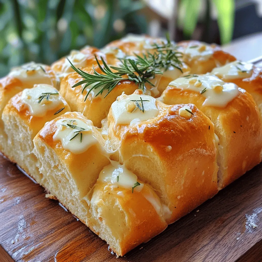 To make Rosemary Garlic Pull Apart Bread, you need these simple ingredients: - 3 ½ cups all-purpose flour - 1 packet (2 ¼ teaspoons) active dry yeast - 1 cup warm water (110°F/45°C) - ¼ cup olive oil - 2 teaspoons sugar - 1 teaspoon salt - 4 cloves garlic, minced - 2 tablespoons fresh rosemary, chopped (or 1 tablespoon dried) - ½ teaspoon black pepper - ½ cup unsalted butter, melted - Extra rosemary sprigs for garnish (optional) These ingredients work together to create a soft, flavorful bread. The all-purpose flour gives the bread its structure. Yeast helps it rise and become fluffy. Warm water activates the yeast. Olive oil adds moisture and flavor. Sugar feeds the yeast, while salt enhances taste. Garlic and rosemary provide the savory punch that makes this bread special. Black pepper adds a hint of spice. Finally, unsalted butter makes each bite rich and delicious. For more details, check the Full Recipe. Start by mixing warm water, sugar, and yeast in a small bowl. This mixture needs time to foam. Let it sit for about 5 to 10 minutes. You want it to look bubbly and frothy. This shows that your yeast is active and ready. In a large bowl, combine the flour and salt. Make a well in the middle. Pour in your yeast mixture and olive oil. Use a wooden spoon to mix it all together until a dough starts to form. Don’t worry if it feels sticky; that’s normal at this stage. Next, transfer the dough to a floured surface. Knead it for about 5 to 7 minutes. This makes the dough smooth and elastic. It should feel soft but not sticky. If it sticks to your hands, sprinkle a bit more flour. Now, place the dough in a lightly greased bowl. Cover it with a damp cloth. Let it rise in a warm place for about 1 hour. It should double in size. This step is key for a fluffy bread. Once your dough has risen, punch it down gently. Divide the dough into small pieces, about 1 to 1.5 inches each. In a separate bowl, mix melted butter, minced garlic, chopped rosemary, and black pepper. Dip each dough piece into this mixture. Stack them in a greased bundt pan or cake pan, making layers. Cover the stacked dough with a cloth again. Let it rise for another 30 minutes. Preheat your oven to 350°F (175°C). Bake the bread for 25 to 30 minutes. It should turn golden brown and smell amazing. Let it cool for a few minutes before flipping it onto a serving platter. You can add fresh rosemary sprigs for a nice touch. For the full recipe, check out the complete details I provided! To make the best dough, start with fresh yeast. Old yeast may not rise well. Use warm water to activate the yeast, but avoid water that is too hot. A good range is 110°F (45°C). Make sure to knead the dough enough. Kneading lets the gluten form and gives the bread a nice texture. Aim for about 5-7 minutes of kneading. The dough should feel smooth and elastic. When baking, preheat your oven fully. A hot oven helps the bread rise better. Use a bundt pan or cake pan for unique shapes. Line the pan with parchment paper for easy removal. Check the bread towards the end of baking. It should be golden brown and sound hollow when tapped. One common mistake is over-proofing the dough. If it rises too much, it can collapse. Keep an eye on the dough during the rise. Another mistake is not using enough flour when shaping. Too much stickiness can make the dough hard to handle. Lastly, don't skip the second rise. It enhances the bread's texture. For more details, refer to the Full Recipe. {{image_2}} You can change the flavor of your Rosemary Garlic Pull Apart Bread easily. Try adding cheese like mozzarella or parmesan for a creamy touch. You can swap rosemary for other herbs, like thyme or oregano, to create a new taste. Adding sun-dried tomatoes or olives gives a nice Mediterranean twist. For a spicy kick, mix in red pepper flakes. Each change adds a new layer to your bread. If you have dietary needs, you can still enjoy this bread. Use gluten-free flour to make it gluten-free. Replace the butter with a plant-based option for a dairy-free version. If you're avoiding sugar, try a sugar substitute like honey or maple syrup. You can also use a low-sodium salt to reduce sodium intake. With these swaps, everyone can enjoy this tasty treat. Serving this bread is simple and fun. You can enjoy it warm with olive oil for dipping. Pair it with soups or salads for a complete meal. For a snack, serve it with cheese and cured meats. You can even make it a part of a brunch spread with eggs and fruit. The options are endless, and each way brings out the flavors of the bread. For the full recipe, check out the complete guide above. After enjoying your rosemary garlic pull apart bread, store any leftovers properly. First, let the bread cool to room temperature. Then, wrap it tightly in plastic wrap or aluminum foil. You can also place it in an airtight container. This keeps the bread soft and fresh. Store it at room temperature for up to three days. If you notice any dryness, try adding a slice of apple to the container. This helps keep the bread moist. If you want to save your delicious bread for later, freezing is a great option. Cut the bread into individual pieces for easy serving. Wrap each piece tightly in plastic wrap. Then, place them in a freezer-safe bag or container. Label the bag with the date. You can freeze the bread for up to three months. When ready to eat, let it thaw in the fridge overnight. Reheating your rosemary garlic pull apart bread is simple. For the best results, preheat your oven to 350°F (175°C). Place the bread on a baking sheet and cover it with foil. This keeps it from drying out. Heat for about 10-15 minutes or until warm. If you prefer, you can also use a microwave. Heat individual pieces for about 15-20 seconds. Just be careful not to overheat them. Enjoy your warm, savory bread just like the first day! Making this bread takes about 2 hours total. This includes prep time and two rising times. The first rise takes about 1 hour. The second rise lasts about 30 minutes. Baking the bread takes 25 to 30 minutes. Yes, you can use fresh garlic. If you prefer fresh garlic, chop it finely. Use about 4 cloves, just like in the recipe. Fresh garlic gives a strong flavor. It can make your bread extra tasty. This bread pairs well with many dishes. You can serve it with soup or salad. It also goes great with pasta or as a side for grilled meats. You can even enjoy it alone with some olive oil for dipping. To check if your bread is done, look for a golden brown color. You can also tap the top gently. If it sounds hollow, it is ready. Use a toothpick to test the center. If it comes out clean, it’s fully baked. For the full recipe, check the details provided earlier. In this post, we covered how to make Rosemary Garlic Pull Apart Bread. We looked at the key ingredients, from flour to rosemary, and detailed step-by-step instructions. You learned useful tips to perfect your dough and avoid common mistakes. We also explored flavor variations, dietary options, and how to store leftovers. Baking bread is fun and rewarding. Try out different flavors or serve with your favorite dishes. Enjoy the warm, homemade taste that will impress anyone who tries it. Happy baking!