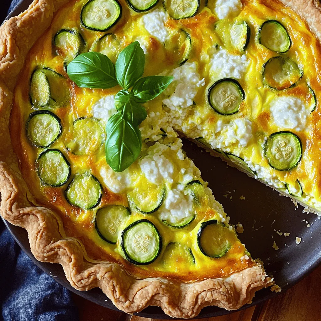To make Cottage Cheese Zucchini Quiche, gather these simple ingredients: - 1 pre-made pie crust (store-bought or homemade) - 1 medium zucchini, grated - 1 cup cottage cheese - 3 large eggs - 1 cup shredded mozzarella cheese - 1/2 cup grated Parmesan cheese - 1 small onion, finely chopped - 2 cloves garlic, minced - 1 teaspoon dried oregano - 1 teaspoon salt - 1/2 teaspoon black pepper - 1 tablespoon olive oil - Fresh basil leaves, for garnish (optional) Each ingredient plays a key role in creating a tasty quiche. The cottage cheese brings creaminess, while zucchini adds moisture and freshness. The mix of mozzarella and Parmesan cheeses gives a rich flavor. Don't skip the garlic and onion; they enhance the taste. The spices, like oregano and black pepper, add warmth and depth. You can use fresh basil to brighten up the dish when serving. For the full recipe, check out the details listed above. Happy cooking! - Preheat the oven to 375°F (190°C). - Heat olive oil in a skillet over medium heat. Start by warming the olive oil in your skillet. This step helps build flavor. You want the oil hot enough to cook the onions and garlic but not smoking. - Add chopped onion and minced garlic, cooking until softened. - Mix in grated zucchini and cook until moisture is released. Now, toss in the chopped onion and minced garlic. Stir them around for about three minutes. You want them soft and fragrant. Next, add the grated zucchini. Cook it for another few minutes until it releases its moisture. This makes your quiche less watery. - Whisk together eggs, cottage cheese, mozzarella, Parmesan, oregano, salt, and pepper. - Fold in the sautéed zucchini mixture. - Pour filling into the pie crust and spread evenly. In a large bowl, whisk together the eggs, cottage cheese, mozzarella, and Parmesan. Add the oregano, salt, and pepper for flavor. Then, fold in the cooled zucchini mixture. This step is key for even taste. Pour the filling into your pie crust. Make sure it spreads evenly. - Bake for 30-35 minutes or until set and golden. - Allow to cool for 5-10 minutes before slicing. Now, it’s time to bake! Place your quiche in the oven for 30 to 35 minutes. You’ll know it’s done when the top is golden and the center is set. Once baked, let it cool for about five to ten minutes. This makes it easier to slice. Enjoy your Cottage Cheese Zucchini Quiche, a simple and tasty dish! For more details, check the Full Recipe. - Use fresh zucchini for better flavor. Fresh zucchini makes the quiche taste bright and sweet. - Ensure the mixture is well-combined for even cooking. A smooth blend helps all flavors shine. - Check for doneness with a knife; it should come out clean from the center. This step is key to knowing when it's ready. - Cover edges of the crust with foil if they brown too quickly. This helps prevent burning while the center cooks. - Serve warm or at room temperature. Both ways let the flavors pop. - Pair with a light salad for a complete meal. A simple salad adds freshness to your dish. Feel free to explore the full recipe for more details! {{image_2}} You can easily change up the flavors in your quiche. For cheese, try feta or cheddar. They add a nice twist to the dish. You can also add cooked bacon or ham for extra flavor. This will give it a hearty touch that many love. If you prefer a gluten-free meal, there are options! Use a gluten-free pie crust for your quiche. You can also make a crustless version. Just pour the filling straight into a greased baking dish. It will still taste great! Herbs can truly elevate your quiche. Try using fresh herbs like chives or dill. They bring a unique taste that makes each bite special. Don't be afraid to experiment; find the herbs you enjoy the most. You will be amazed at how they change the dish! For the full recipe, make sure to check out the Cottage Cheese Zucchini Quiche recipe I provided. Store leftovers in an airtight container in the fridge for up to 3 days. This keeps the quiche fresh and safe to eat. When you want a slice, just take it out and enjoy. You can freeze the unbaked quiche for up to 2 months. This is great for meal prep! Just thaw it in the fridge overnight, then bake as directed in the Full Recipe. It’s an easy way to have a tasty meal ready when you need it. For the best taste, reheat slices in the oven. Set the oven to 350°F (175°C) and warm each slice for about 10-15 minutes. This helps the crust stay crisp while warming the filling. Enjoy your delicious quiche just as if it was fresh from the oven! Yes, you can make this quiche a day in advance. Just prepare it as usual and store it in the fridge. When you're ready to serve, simply heat it up. This makes it a great option for busy days or gatherings. It is not safe to eat quiche left out overnight. Bacteria can grow quickly in cooked foods at room temperature. To keep your quiche safe, refrigerate any leftovers promptly. Store them in an airtight container for freshness. You can serve this quiche with a variety of sides. Salads, breads, or fresh fruit make great choices. A light green salad with a simple vinaigrette goes well. You can also add some crusty bread for a satisfying meal. This blog post explored making a delicious Cottage Cheese Zucchini Quiche. We covered the key ingredients, step-by-step instructions, and some helpful tips. You learned how to cook the veggies, mix the fillings, and bake the quiche for the perfect texture. Feel free to customize your quiche with different cheeses or meats. Store it safely for later enjoyment. This dish is fun to create and share. Enjoy your cooking adventure!