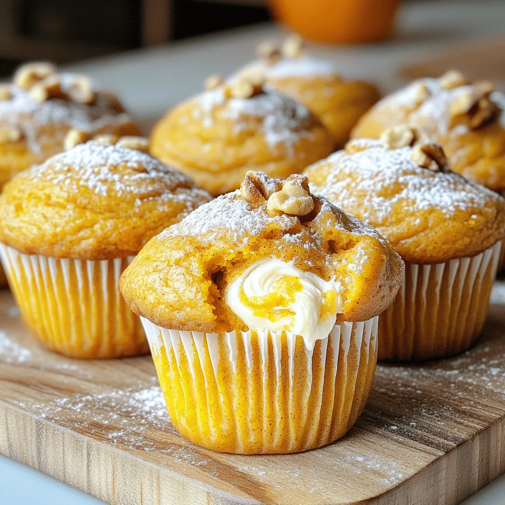 To make delicious pumpkin cream cheese muffins, you need these simple ingredients: - 1 ½ cups all-purpose flour - 1 teaspoon baking powder - 1 teaspoon baking soda - 1 teaspoon ground cinnamon - ½ teaspoon ground nutmeg - ½ teaspoon salt - ½ cup vegetable oil - 1 cup pumpkin puree (canned or fresh) - 1 cup granulated sugar - 2 large eggs - 1 teaspoon vanilla extract - 4 ounces cream cheese, softened - ¼ cup powdered sugar - 1 teaspoon lemon juice - ½ cup chopped walnuts or pecans (optional) These items work together to create a moist and flavorful muffin with a creamy center. Sometimes, you may not have all the ingredients on hand. Here are some easy swaps: - Flour: Use whole wheat flour for a healthier option. - Vegetable oil: You can substitute with melted coconut oil or applesauce for less fat. - Pumpkin puree: If you can't find pumpkin, mashed banana or sweet potato works well. - Cream cheese: Greek yogurt or vegan cream cheese can replace regular cream cheese. - Nuts: Omit nuts if you have allergies. You can add chocolate chips instead. These swaps keep the recipe tasty and fun, while accommodating different diets. Choosing fresh ingredients makes a big difference in your muffins. Here are my tips: - Flour: Check the expiration date. Fresh flour helps muffins rise better. - Pumpkin puree: If using fresh pumpkin, look for firm, unblemished pumpkins. - Eggs: Choose eggs that are clean and have no cracks. Fresh eggs make a fluffier muffin. - Cream cheese: Look for cream cheese that is smooth and not expired. - Spices: Use fresh spices for the best flavor. Check if they smell strong. These tips ensure your muffins taste amazing. Enjoy baking and savoring every bite! Start by preheating your oven to 375°F (190°C). Line a muffin tin with paper liners or grease it with cooking spray. In a mixing bowl, whisk together the following dry ingredients until well combined: - 1 ½ cups all-purpose flour - 1 teaspoon baking powder - 1 teaspoon baking soda - 1 teaspoon ground cinnamon - ½ teaspoon ground nutmeg - ½ teaspoon salt In another large bowl, mix the wet ingredients. Whisk together: - ½ cup vegetable oil - 1 cup pumpkin puree - 1 cup granulated sugar - 2 large eggs - 1 teaspoon vanilla extract Once smooth and creamy, gradually add the dry mix to the wet mix. Stir gently until just combined. It's okay if there are a few lumps; do not overmix. In a separate bowl, beat together the softened cream cheese, powdered sugar, and lemon juice. Mix until the filling is smooth and creamy. This filling adds a rich, tangy contrast to the sweet pumpkin batter. Fill each muffin cup about 1/3 full with the pumpkin batter. Drop a spoonful of the cream cheese mix in the center of each cup. Then, top with more pumpkin batter until the cups are about 2/3 full. You can swirl the cream cheese into the batter if you like. If you want, sprinkle chopped nuts on top for extra crunch. Bake in your preheated oven for 20-25 minutes. Use a toothpick to check doneness; it should come out clean when inserted into the center. Allow the muffins to cool for about 5 minutes in the pan before moving them to a wire rack. For a sweet finish, serve warm or at room temperature, dusted with a little extra powdered sugar. To keep your muffins moist, use fresh ingredients. Fresh pumpkin puree gives the best flavor. Avoid overmixing the batter; this can lead to dry muffins. Mix until just combined, leaving some lumps. Adding a bit of oil helps, too. Vegetable oil keeps the muffins soft and tender. You can also try adding yogurt or sour cream for extra moisture. Store your muffins in an airtight container. This keeps them fresh longer. If you have leftover muffins, let them cool completely first. Once cool, place them in the container. For best results, store them at room temperature for up to three days. If you need to keep them longer, consider freezing. Muffins can sometimes come out too dry. If this happens, next time, mix the batter less. Another common issue is sinking tops. This often means the batter is too heavy or overmixed. To fix this, add a little more flour and stir carefully. If you notice the muffins are too dense, check your baking powder and baking soda. They should be fresh for the best rise. For the complete recipe, visit the Full Recipe section. {{image_2}} You can easily make gluten-free pumpkin cream cheese muffins. Swap all-purpose flour with a gluten-free blend. Look for a blend that has xanthan gum. This helps mimic the texture of regular flour. Follow the rest of the recipe as is. Your muffins will still be moist and tasty! If you need a dairy-free version, use a dairy-free cream cheese. Brands like Tofutti or Kite Hill work well. Also, replace the eggs with flax eggs. Mix one tablespoon of flaxseed meal with three tablespoons of water for each egg. Let it sit until it thickens. This keeps your muffins soft and fluffy without dairy. You can customize your muffins' flavors too. Add spices like ginger or cloves for an extra kick. If you like nuts, fold in chopped walnuts or pecans. For chocolate lovers, mix in chocolate chips. You can also swirl the cream cheese mixture into the batter for a marbled effect. These fun changes make each batch unique and delightful. For the full recipe, check out the previous section. To keep your pumpkin cream cheese muffins fresh, store them in an airtight container. This method helps retain their moisture. You can leave them at room temperature for up to three days. If you live in a humid area, consider refrigerating them. This will help prevent mold. If you want to save some for later, freezing is a great option. First, let the muffins cool completely. Then, wrap each muffin in plastic wrap. After that, place them in a freezer-safe bag. They can last in the freezer for up to three months. When you're ready to enjoy, just thaw them at room temperature. Reheating your muffins can bring back their soft texture. You can use a microwave for quick warming. Heat each muffin for about 10-15 seconds. If you prefer a crispier texture, use an oven. Preheat it to 350°F (175°C) and warm the muffins for about 5-10 minutes. This method helps revive their flavor and taste. Enjoy that fresh-baked goodness again! Pumpkin cream cheese muffins can last for about 3 to 5 days when stored properly. Keep them in an airtight container at room temperature. If you want to keep them longer, you can refrigerate them. This will extend their life to about a week. Just remember, the muffins may lose some moisture in the fridge. Yes, you can make these muffins ahead of time. I often prepare them a day before I need them. Just let them cool completely and store them in an airtight container. This way, the flavors develop, and they taste even better the next day. If you want to make them even earlier, consider freezing them. Just thaw them at room temperature when you're ready to enjoy! If you want to swap out cream cheese, you have a few options. Mascarpone cheese works well for a rich flavor. Greek yogurt is a great choice too; it adds tanginess and moisture. You can also use a dairy-free cream cheese if you need a vegan option. Just make sure to adjust the sweetness if your substitute is less sweet than cream cheese. For the full recipe, check out the details above! You learned how to make delicious pumpkin cream cheese muffins from scratch. We covered the key ingredients, helpful tips, and step-by-step instructions. You can even customize your muffins to fit different diets. Remember to store them properly for the best taste. Whether you enjoy them fresh or frozen, these muffins are a treat! Baking is fun, and sharing these recipes makes it even better. Enjoy your baking journey and share your results with others!