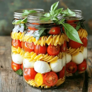 To make the Mason Jar Caprese Pasta Salad, you need these simple items: - 2 cups cooked pasta (fusilli or rotini works great) - 1 cup cherry tomatoes, halved - 1 cup fresh mozzarella balls (bocconcini) - 1/2 cup fresh basil leaves - 1/4 cup red onion, thinly sliced - 1/4 cup extra virgin olive oil - 2 tablespoons balsamic vinegar - Salt and pepper to taste - Optional: 1 tablespoon pesto for an extra flavor kick For the best taste, I suggest using high-quality ingredients. Look for fresh mozzarella from a local shop. It has a creamier texture and better taste. Choose ripe cherry tomatoes for sweetness. Fresh basil from a garden or farmers' market boosts flavor. Use extra virgin olive oil to add depth. Balsamic vinegar should be aged for more richness. If you like pesto, make it fresh or buy a good brand. These choices will elevate your dish. Measuring your ingredients correctly helps create balance in flavors. Use a dry measuring cup for pasta and a liquid cup for oils and vinegar. When halving cherry tomatoes, use a sharp knife for clean cuts. For basil, pack the leaves lightly in the cup. If you're unsure about portions, check a kitchen scale. This tool ensures you use the right amounts for each ingredient. Following these tips will lead to a tasty salad. For the full recipe, refer to the provided details. To start, you need to cook the pasta. Use fusilli or rotini for the best texture. Boil water in a large pot. Add a pinch of salt before adding the pasta. Cook according to the package instructions. Drain the pasta well and let it cool completely. Cooling is key to keep the salad fresh and tasty. In a large bowl, combine the cooled pasta with the cherry tomatoes and mozzarella balls. Add the fresh basil leaves and thinly sliced red onion. These ingredients add great flavor and color. In a separate small bowl, whisk together the olive oil and balsamic vinegar. If you want a flavor boost, stir in the pesto. Season with salt and pepper to taste. Pour the dressing over the pasta mixture and toss gently to coat everything well. Now it’s time to layer your jars. Start with a layer of the dressing at the bottom. This keeps the pasta from getting soggy. Next, add the pasta mixture. Follow this with another layer of tomatoes and mozzarella. Finally, top with fresh basil leaves. Seal the jars tightly and refrigerate for at least 30 minutes. This helps the flavors blend nicely. Enjoy your Mason Jar Caprese Pasta Salad! For the complete recipe, check the Full Recipe section above. To save time, you can prep your ingredients in advance. Cook your pasta a day before. Let it cool and store it in the fridge. Chop your tomatoes, basil, and onion ahead of time too. Keep them in separate containers. This way, you can whip up your salad quickly. When serving, use clear mason jars. This shows off the colorful layers. Place a small fork or spoon next to each jar. For a cute touch, tie a sprig of basil around the jar's neck. This adds charm and hints at the fresh taste inside. To keep your salad fresh, layer the ingredients wisely. Start with the dressing at the bottom. Add the pasta next, then tomatoes and mozzarella. This keeps the pasta from getting soggy. Seal the jars tightly and store them in the fridge. They will stay fresh for up to five days. Enjoy your Mason Jar Caprese Pasta Salad straight from the jar! For the full recipe, check the details above. {{image_2}} You can easily boost the protein in your Mason Jar Caprese Pasta Salad. Grilled chicken adds a nice touch. Just cube it and mix it in. Tofu is a great choice for a vegan option. It soaks up flavors well. For a crispy twist, try adding bacon bits. This adds a savory crunch that many people enjoy. Each option brings a different taste, so mix and match as you like! The dressing can change the whole vibe of your salad. If you want a creamy touch, try ranch or yogurt-based dressings. They blend nicely with the fresh ingredients. For a zesty kick, use a lemon vinaigrette. It brightens the flavors. You can even try a spicy dressing if you love heat. Just remember to balance strong flavors with the fresh ingredients in your salad. Switching up ingredients keeps the salad fresh. In summer, add fresh corn or zucchini for a sweet crunch. In fall, roasted butternut squash works great. It adds warmth and depth of flavor. Using seasonal produce not only tastes better but also supports local farms. This keeps your meals fresh and fun all year long. Always feel free to experiment and create your own unique twist! To keep your Mason Jar Caprese Pasta Salad fresh, store it in the fridge. Use airtight jars or containers. Make sure to seal them tightly. This keeps out air and moisture. Leftovers stay tasty for about three days. If you notice any off smells or colors, it’s best to throw them away. When you store your pasta salad, layer it carefully. Start with the dressing at the bottom. This helps prevent the pasta from getting soggy. Keep the basil leaves on top to stay fresh. Always check the temperature of your fridge. It should be below 40°F (4°C) for best results. You can also add a paper towel inside the jar. This absorbs extra moisture and keeps your salad crisp. Freezing is not the best choice for this salad. It can change the texture of ingredients like tomatoes and mozzarella. If you must freeze it, store the salad without the dressing. Use freezer-safe jars and leave space for expansion. When you’re ready to eat, thaw it in the fridge overnight. Add fresh dressing and basil just before serving for the best flavor. Yes, you can make it vegan easily. Just swap the mozzarella for plant-based cheese. You can also add extra veggies or beans for protein. This way, you keep all the flavors and textures. You can keep the pasta salad in the fridge for up to three days. Just remember to store it in an airtight jar. The flavors deepen over time, making it even tastier. Absolutely! You can use any pasta you like. Bowtie, penne, or even gluten-free pasta works well. Just make sure to cook it al dente for the best texture. In this post, we covered how to make a delicious Mason Jar Caprese Pasta Salad. We explored the ingredients you need, step-by-step cooking instructions, and tips for perfecting your dish. You learned how to prepare ahead and keep ingredients fresh. Plus, we shared variations to suit your taste and storage tips to keep leftovers safe. Try these steps for an easy meal that’s tasty and fun. Enjoy your cooking and share this recipe with friends!