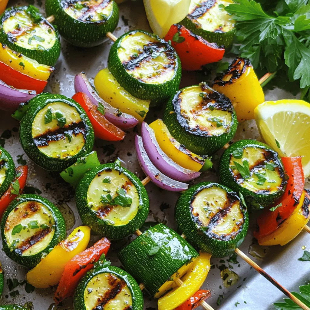 To make this fresh dish, you'll need: - 3 medium zucchinis, sliced into ½ inch rounds - 1 red bell pepper, cut into 1-inch squares - 1 yellow bell pepper, cut into 1-inch squares - 1 red onion, cut into wedges - 3 tablespoons olive oil - 2 teaspoons garlic powder - 1 teaspoon smoked paprika - Salt and pepper to taste - Fresh parsley, chopped (for garnish) - Lemon wedges (for serving) Choose zucchinis that feel firm and have smooth skin. Look for bright, vibrant colors. Avoid those with soft spots or blemishes. When picking peppers, go for ones that feel heavy for their size. They should have shiny skin and no wrinkles. Fresh red onions should be firm and have a strong scent. You can swap zucchinis for eggplant or mushrooms for a different taste. If you prefer a vegan option, use vegetable oil instead of olive oil. For a gluten-free dish, ensure all your seasonings are certified gluten-free. You can also try adding other veggies like cherry tomatoes or corn for a colorful twist. To start, gather your ingredients. You will need three medium zucchinis, a red bell pepper, a yellow bell pepper, and a red onion. Slice the zucchinis into ½ inch rounds. Cut the bell peppers into 1-inch squares. Cut the red onion into wedges. Next, mix the vegetables in a large bowl. Drizzle three tablespoons of olive oil over them. Then, add two teaspoons of garlic powder, one teaspoon of smoked paprika, and salt and pepper to taste. Toss everything well to coat. Now, thread the veggies onto skewers. Alternate between zucchini, bell peppers, and onion for color. This adds visual appeal and flavor. Preheat your grill to medium-high heat. This ensures the vegetables cook evenly. Once hot, place your skewers on the grill. Avoid overcrowding the grill so that the heat circulates well. Turn the skewers every few minutes. This helps to get nice grill marks and cook all sides. If you want a smokier flavor, close the grill lid while cooking. Cook the skewers for about 8-10 minutes. Check for tenderness; they should be soft but not mushy. The key is to watch them closely. Once cooked, remove the skewers from the grill. Let them rest for a few minutes. This helps the flavors settle. Serve warm, and don't forget the fresh parsley and lemon wedges for added zest. For the full recipe, check the details above. To grill zucchini well, cut it into thick slices. Thin slices can fall apart. Aim for about ½ inch thick. Always preheat your grill to medium-high heat. This helps the zucchini cook evenly. Brush the grill grates with oil to prevent sticking. This small step makes a big difference. Turn the zucchini often for even cooking. Look for grill marks to know when they are ready. Marinades bring out the best in zucchini. For a simple mix, use olive oil and lemon juice. Add garlic powder for a burst of flavor. Smoked paprika adds a nice touch, too. Salt and pepper are must-haves for seasoning. Let your zucchini marinate for at least 30 minutes. This allows the flavors to soak in. You can also try balsamic vinegar or herbs for more variety. Using skewers makes grilling easier and more fun. Wooden skewers work well, but soak them in water first. This helps prevent burning. Metal skewers are great, too, and can be reused. A good pair of tongs is essential for flipping your skewers. They help you handle hot food safely. A basting brush can help apply marinades while grilling, keeping the veggies moist. For the full recipe, check out Zesty Grilled Zucchini Skewers. {{image_2}} You can make your zucchini skewers even better. Try adding cherry tomatoes for a sweet burst. You can also use mushrooms for a meaty texture. If you like spice, sliced jalapeños bring heat. For a fun twist, add pineapple chunks for a sweet and smoky flavor. Each veggie adds a new taste that makes your skewers special. This recipe is great for all diets. To keep it vegetarian, simply follow the recipe. For a vegan version, ensure your olive oil is pure and skip any animal-based garnishes. You can add extra veggies like eggplant or squash. These changes keep the dish fresh and tasty while fitting your diet. Serving these skewers is easy and fun. I like to pair them with a light salad. A simple mix of greens, lemon, and olive oil works well. You can also serve them with rice or couscous for a filling meal. For a refreshing drink, try iced tea or lemonade. These pairings enhance the meal and keep it bright and fresh. Check out the Full Recipe for all the details! To store leftover zucchini skewers, let them cool first. Place them in an airtight container. You can keep them in the fridge for up to three days. If you want to enjoy them later, wrap them tightly in plastic wrap. This keeps them fresh and tasty. When reheating zucchini skewers, I suggest using a skillet. Heat the skillet over medium heat. Add a splash of olive oil to keep them moist. Cook for about three to five minutes, turning often. This method keeps the veggies crisp and flavorful. You can also use the microwave if you’re in a hurry. Just heat them in short bursts of 30 seconds. Check often to avoid overcooking. You can freeze grilled zucchini skewers for future meals. First, let them cool completely. Then, lay them flat on a baking sheet. Freeze them for about two hours until solid. After that, transfer them to a freezer bag. Be sure to remove as much air as you can. They can last for up to three months in the freezer. When you’re ready to eat, let them thaw overnight in the fridge. Reheat them on the grill or skillet for the best taste. Enjoy your delicious dish! For the full recipe, check out the Zesty Grilled Zucchini Skewers. You can make zucchini skewers in your oven or on a stovetop. If you use an oven, set it to broil. Line a baking sheet with foil. Place the skewers on the sheet and broil for 10-12 minutes. Turn them halfway through cooking. If you use the stovetop, a grill pan works well. Heat the pan over medium heat. Cook the skewers for 8-10 minutes, turning to get nice marks. You can add many veggies for fun flavors. Here are some great options: - Cherry tomatoes - Mushrooms - Bell peppers - Onions - Eggplant - Asparagus - Corn Mix and match to find your favorites. Just keep the sizes similar for even cooking. Zucchini cooks fast. It should be tender but not mushy. You can test it with a fork. If it slides in easily, it’s done. Look for nice grill marks, too. This shows it’s cooked well. Enjoy the bright colors and taste! This blog post offers a simple way to enjoy summer zucchini. We covered key ingredients, like fresh zucchini, and how to pick the best ones. I shared step-by-step instructions for grilling and tips for perfect flavor. You learned creative ways to add variety, plus how to store your leftovers. In the end, grilling zucchini skewers is fun and easy. These tips make healthy meals enjoyable. Give it a try and delight in every bite!
