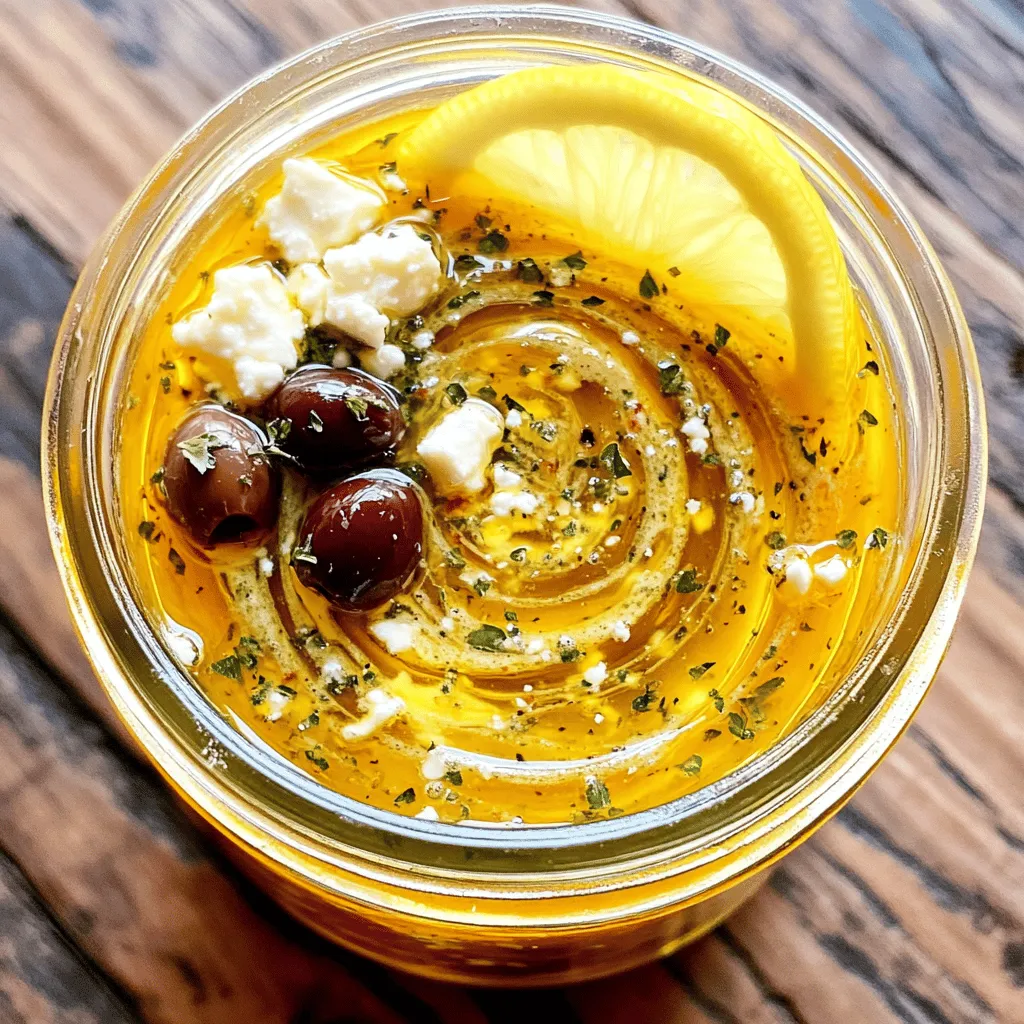 To make a tasty Greek vinaigrette, you need a few simple ingredients. Here’s what you will need: - 1/3 cup extra virgin olive oil - 1/4 cup red wine vinegar - 1 tablespoon Dijon mustard - 1 tablespoon honey (or agave syrup for a vegan option) - 1 clove garlic, minced - 1 teaspoon dried oregano - 1 teaspoon dried basil - Salt and black pepper to taste - Optional: Fresh lemon juice (from 1 lemon) These ingredients work together to create a bright and zesty dressing. Extra virgin olive oil gives it richness. Red wine vinegar adds tanginess. Dijon mustard and honey balance the flavors. Garlic brings depth, while oregano and basil add warmth. Salt and pepper enhance everything. If you want a citrus kick, the fresh lemon juice is a great option. Remember, using fresh ingredients can make a big difference in taste. This is a great chance to experiment with the flavors you love! You can find the full recipe to guide you through the steps. To make a great homemade Greek vinaigrette, follow these simple steps. - Combine vinegar, mustard, honey, and garlic: Start with a medium bowl. Add 1/4 cup red wine vinegar, 1 tablespoon Dijon mustard, 1 tablespoon honey, and 1 clove minced garlic. Whisk these together until mixed well. This blend forms the base of your dressing. - Emulsify with olive oil: Next, slowly drizzle in 1/3 cup extra virgin olive oil. Keep whisking as you pour. This helps to mix the oil with the other ingredients. You'll see a smooth and creamy texture. - Add herbs and seasonings: Now, it's time to flavor your vinaigrette. Add 1 teaspoon dried oregano, 1 teaspoon dried basil, and salt and black pepper to taste. If you like, squeeze in some fresh lemon juice for extra zest. - Adjust flavors as needed: Taste the vinaigrette. You may want more honey for sweetness or more vinegar for tang. Adjust it to fit your taste. - Store and chill before serving: Pour your vinaigrette into a clean glass jar or bottle with a lid. Store it in the fridge for at least 30 minutes. This resting time lets the flavors mix and bloom. Shake well before you serve it. These steps will help you create a delicious Greek vinaigrette. For the complete list of ingredients and instructions, check out the Full Recipe. Enjoy drizzling this over your favorite salad! To make your vinaigrette just right, focus on sweetness and acidity. If it tastes too sour, add a bit more honey. If it’s too sweet, add more vinegar. This balance is key to a great flavor. Emulsification is crucial for a smooth dressing. When you mix oil and vinegar, they usually separate. To keep them together, whisk the oil in slowly while mixing. This helps create a creamy texture. If you don't want to whisk, try shaking the ingredients in a jar. Just make sure the lid is on tight! When serving salads, drizzle your vinaigrette over fresh greens. It works well on spinach, romaine, or mixed greens. For a nice touch, garnish with sliced olives or crumbled feta cheese. This adds color and a tasty contrast. Pair this vinaigrette with Greek salads or grain bowls. It also enhances vegetable salads, giving them a zesty kick. For a fun twist, use it on roasted vegetables. Feeling adventurous? Try it on grilled chicken or fish for an extra flavor boost. For the Full Recipe, check out the detailed instructions to get started on this delicious dressing! {{image_2}} You can change this recipe to fit your taste. Try different vinegars like balsamic or apple cider. These can add unique flavors. You can also add fresh herbs like parsley or cilantro. Spices like cumin or coriander can give it a nice kick. For a vegan option, swap the honey for agave syrup. This keeps it sweet without using animal products. To give your vinaigrette a Mediterranean twist, add olives or capers. These ingredients bring a briny taste that pairs well with salads. If you like heat, sprinkle in some red pepper flakes. This will spice things up nicely. Want a creamy texture? Mix in yogurt or sour cream. This makes your dressing rich and smooth. You can explore these options to create your own unique flavor. Check the Full Recipe for more ideas. To keep your homemade Greek vinaigrette fresh, use a clean glass jar with a lid. This helps seal in flavor and keeps the dressing safe. Store the jar in the fridge. It will stay good for about one week. Look for signs of spoilage. If you see any mold or if it smells off, toss it out. The oil may separate over time. Just shake it up before using. This will bring it back together. You can use leftover vinaigrette in many tasty ways. Drizzle it over grilled vegetables or roasted meats. Toss it with pasta for a quick meal. You can also turn it into a marinade. Mix the vinaigrette with chicken or fish for a few hours. This adds flavor and keeps the meat moist. Enjoy your delicious creations! How long does homemade vinaigrette last? Homemade vinaigrette lasts about one week in the fridge. Store it in a jar with a tight lid. Always check for any off smells before using. Can I use other oils for this recipe? Yes, you can use other oils like canola or avocado oil. Each oil brings a unique flavor. Extra virgin olive oil gives a rich taste, but feel free to experiment. Is Greek vinaigrette the same as Italian dressing? No, they are not the same. Greek vinaigrette is often tangier and includes different herbs. Italian dressing usually has a mix of herbs and may include more sugar. What to do if dressing separates? If your dressing separates, just whisk or shake it before using. This happens because oil and vinegar don't mix well. A quick shake gets them back together. How to adjust flavors if it's too strong or weak? If the dressing is too strong, add a bit more oil. If it's too weak, add a little more vinegar or mustard. Taste as you go to find the right balance. Can I freeze homemade vinaigrette? It’s not best to freeze vinaigrette. The oil may separate and change texture when thawed. Instead, make small batches to keep it fresh. For the full recipe, check out the Zesty Greek Vinaigrette Delight. We explored how to make a simple and tasty vinaigrette. You learned the key ingredients, easy steps to prepare it, and how to customize flavors. I shared tips for storing and using extra dressing creatively. This vinaigrette adds zest to your salads and dishes. Try different herbs and vinegars to make it your own. Enjoy your culinary journey and elevate your salads with this quick recipe!