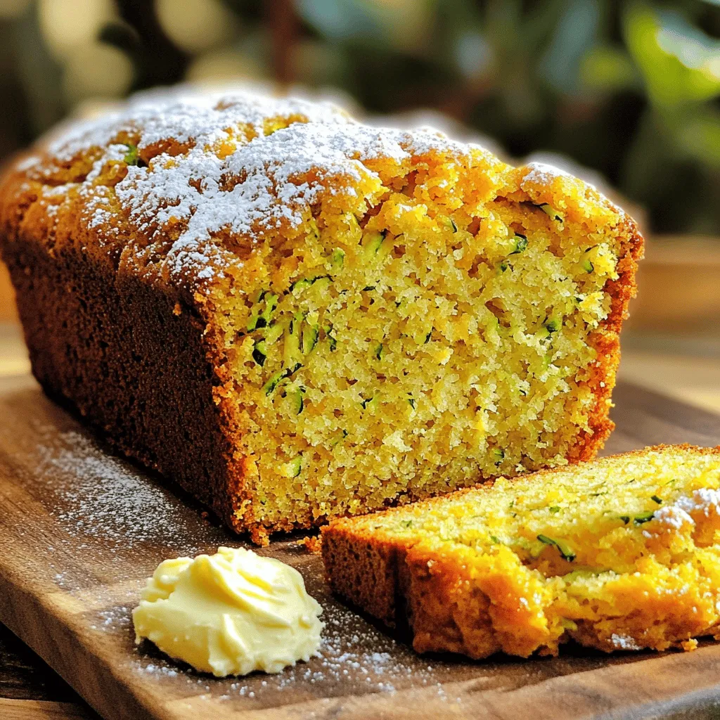 - 1 cup shredded zucchini (about 1 small zucchini) - 1 cup all-purpose flour - 1/2 cup whole wheat flour - 3 large eggs - 1/2 cup vegetable oil or melted coconut oil The main ingredients create the base of your moist bread. Shredded zucchini gives moisture and nutrition. Both types of flour help balance texture. Eggs provide structure and bind the batter. Oil adds richness and keeps the bread soft. - 1 tablespoon orange zest (from about 1 orange) - 1/4 cup fresh orange juice - 1 teaspoon ground cinnamon - 1/4 teaspoon ground nutmeg - 1/2 cup granulated sugar - 1/2 cup brown sugar, packed Flavor is key in this recipe. Orange zest and juice bring a fresh, bright taste. Spices like cinnamon and nutmeg add warmth. Using both granulated and brown sugars creates depth in sweetness. This blend makes each bite delightful. - 1/2 cup chopped walnuts or pecans (optional) - 1/2 cup raisins or dried cranberries (optional) Add-ins can boost texture and flavor. Nuts give crunch and healthy fats. Dried fruits add sweetness and chewiness. You can mix and match these add-ins to suit your taste. Try different combinations for a unique twist! For the complete recipe, check out the [Full Recipe]. 1. Preheat your oven to 350°F (175°C). This step warms the oven for even baking. 2. Prepare your loaf pan. Grease and flour a 9x5-inch loaf pan. You can also use parchment paper for easy removal later. 3. Mix the dry ingredients. In a medium bowl, stir together the all-purpose flour, whole wheat flour, baking powder, baking soda, salt, cinnamon, and nutmeg. Make sure it is mixed well, then set it aside. 1. Whisk the sugars and oil. In a large bowl, mix the granulated sugar, brown sugar, and oil until combined. This gives the bread a sweet and rich base. 2. Add in the eggs, zest, juice, and vanilla. Crack the eggs one at a time into the sugar mixture. Mix well after each addition. Then stir in the orange zest, orange juice, and vanilla extract until everything is smooth. 1. Combine wet and dry ingredients. Slowly add the dry flour mixture into the wet ingredients. Stir gently until just combined. Be careful not to overmix, as this can make the bread tough. 2. Fold in the zucchini and optional add-ins. Gently add the shredded zucchini, nuts, and any dried fruits if you want them. Mix until the zucchini is spread evenly throughout the batter. Now you have a delicious batter ready to bake! Pour it into the prepared loaf pan and smooth the top. You’ll find the full recipe with baking instructions right after this section. Enjoy the process and the wonderful aroma to come! To get a moist orange zucchini bread, you must not overmix the batter. Overmixing can make the bread tough. Mix gently until the ingredients just blend. This keeps the bread soft and fluffy. Zucchini is a key player here. It adds natural moisture. Use fresh, shredded zucchini. Squeeze out excess water if it's too wet. This way, you’ll keep the bread from getting soggy. If you want even more moisture, you can add a bit of applesauce. It pairs nicely with the orange flavor too. Always check your oven temperature before baking. An oven thermometer helps ensure you bake at the right heat. Preheat to 350°F (175°C) for best results. To test for doneness, use a toothpick. Insert it into the center of the loaf. If it comes out clean, the bread is ready. If not, give it a few more minutes. Baking times can vary based on your oven. Serving your zucchini bread is just as important as making it. A dusting of powdered sugar adds a lovely touch. It makes the bread look fancy and inviting. Pairing the slices with cream cheese or citrus butter can elevate the taste. The creaminess contrasts well with the bread’s texture. Citrus butter brings out the orange flavor in a fresh way. Enjoy these simple tips to make your bread look and taste amazing! [Full Recipe] {{image_2}} You can easily make this bread gluten-free. Just swap all-purpose flour with a gluten-free flour blend. Look for a blend that has xanthan gum, as it helps with texture. Use the same amount of gluten-free flour as the recipe states for all-purpose flour. This way, your bread stays moist and tasty. Want to mix things up? You can add chocolate chips or even more orange zest for a zesty kick. This adds a sweet twist to your bread. If you like warm flavors, try adding spices like ginger or cardamom. They bring a nice warmth to each bite. Change your zucchini bread with the seasons! In fall, add pumpkin spice for a cozy feel. This will warm up your kitchen with comforting aromas. During the holidays, toss in some cranberries for a burst of color and flavor. They give your bread a festive touch that's perfect for gatherings. To store your moist orange zucchini bread at room temperature, follow these steps: - Cool the bread completely on a wire rack. - Wrap it tightly in plastic wrap or aluminum foil. - Place it in an airtight container. This way, the bread stays soft and fresh for a few days. Keep it in a cool, dry spot. Avoid direct sunlight to maintain its moisture. For long-term storage, freezing is your best bet. Here’s how to do it: - Cool the bread completely. - Wrap it in plastic wrap, then wrap again in aluminum foil. - Place it in a freezer-safe bag or container. When you want to enjoy it, thaw it in the fridge overnight. You can also leave it at room temperature for a few hours. This keeps the texture nice and moist. How long does your zucchini bread last? Here’s a quick guide: - At room temperature: 3-5 days if stored properly. - In the fridge: Up to a week. - In the freezer: 2-3 months for best quality. Always check for signs of spoilage. If it smells off or has mold, it’s time to toss it. Enjoy your fresh zucchini bread any time! For the complete recipe, check out the Full Recipe section. You can tell when your zucchini bread is done by these signs: - A golden brown top - A toothpick inserted in the center comes out clean - The edges pull away from the pan slightly If your bread has these signs, it’s ready. Don’t forget to let it cool. This helps the flavors settle and improves texture. Yes, you can use frozen shredded zucchini! Here are some tips: - Thaw the zucchini and squeeze out excess moisture - Use the same amount as fresh zucchini - Add it straight to the batter after thawing Frozen zucchini is a great option if you have it on hand. It still adds moisture and flavor! If you want to make this bread vegan, try these egg substitutes: - 1/4 cup unsweetened applesauce - 1/4 cup mashed banana - 1 tablespoon ground flaxseed mixed with 3 tablespoons water These options work well in baking. They keep the bread moist and help it rise. To sweeten your zucchini bread more, consider these ideas: - Add an extra 1/4 cup of sugar - Use honey or maple syrup instead of granulated sugar - Mix in chocolate chips or dried fruit, like raisins These additions can elevate the sweetness. Just be mindful not to overdo it! You want balance in flavor. For the full recipe, check out the Best Moist Orange Zucchini Bread. To make moist orange zucchini bread, I covered key ingredients like zucchini, flour, and eggs. I explained how to mix flavors with orange zest, cinnamon, and sugars. You learned step-by-step instructions from preparation to baking. Tips for moisture and baking ensure your bread is perfect. I also shared storage methods and variations for gluten-free and seasonal flavors. In conclusion, you have the tools to create a delicious and versatile treat. Enjoy baking!