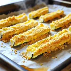 To make crispy baked zucchini sticks, gather these ingredients: - 2 medium zucchinis, cut into sticks - 1 cup breadcrumbs (whole wheat is best) - 1/2 cup grated Parmesan cheese - 1 teaspoon garlic powder - 1 teaspoon onion powder - 1/2 teaspoon paprika - 2 large eggs - Salt and pepper to taste - Olive oil spray (for a lighter option) These ingredients create a tasty, crunchy snack that everyone will love. You can tweak this recipe to suit your taste. Here are some ideas: - Add Italian herbs like oregano or basil for a fresh flavor. - Mix in some chili powder for a bit of heat. - Swap Parmesan with cheddar for a different cheese taste. Feel free to experiment and find your favorite version! If you have dietary needs, here are some good swaps: - Use gluten-free breadcrumbs for a gluten-free option. - Replace eggs with a flaxseed mixture (1 tablespoon flaxseed meal + 3 tablespoons water) for a vegan choice. - Use nutritional yeast instead of cheese for a dairy-free flavor boost. These substitutions keep the dish delicious while fitting your needs. First, you need to gather all your ingredients. For this dish, use: - 2 medium zucchinis, cut into sticks - 1 cup breadcrumbs, preferably whole wheat - 1/2 cup grated Parmesan cheese - 1 teaspoon garlic powder - 1 teaspoon onion powder - 1/2 teaspoon paprika - 2 large eggs - Salt and pepper to taste - Olive oil spray Now, preheat your oven to 425°F (220°C). Line a baking sheet with parchment paper. This makes cleanup easy! In a shallow bowl, mix the breadcrumbs, Parmesan cheese, garlic powder, onion powder, paprika, salt, and pepper. Stir until everything is well combined. In another bowl, beat the eggs until smooth. Next, dip each zucchini stick in the egg mixture. Let any extra egg drip off. Then, coat the stick in the breadcrumb mix. Press gently to help it stick. Place the coated sticks on the baking sheet in a single layer. Make sure they don’t touch each other. This helps them bake evenly. Once your zucchini sticks are ready, lightly spray the tops with olive oil spray. This step helps them crisp up nicely. Now, place the baking sheet in the oven. Bake for 20-25 minutes. Halfway through, flip the sticks for even baking. You want them golden brown and crispy! After baking, carefully remove the sheet from the oven. Let the sticks cool slightly. This cooling time helps them firm up a bit. Now they are ready to eat! If you want to try different cooking methods, you can fry or grill these zucchini sticks. For frying, heat oil in a pan. Fry the sticks until golden brown. For grilling, place them on a preheated grill. Cook until they have nice grill marks and are tender. These methods add a unique twist to the dish. You can find the full recipe in the previous section. Enjoy your crunchy, flavorful snack! To get your zucchini sticks extra crispy, start by choosing the right zucchini. Look for firm, fresh zucchinis. Cut them evenly to ensure uniform cooking. The coating is key too. Use whole wheat breadcrumbs for a crunchier bite. After dipping in eggs, let excess drip off. This helps the breadcrumbs stick better. Bake them on parchment paper to avoid sticking. Spraying olive oil on top gives them that golden finish. Flip the sticks halfway through baking for even crispiness. You can add many flavors to your zucchini sticks. Mix in some Italian herbs like oregano or basil into the breadcrumbs. For a spicy kick, add cayenne pepper or red pepper flakes. If you love cheese, mix more grated Parmesan or try cheddar in the breadcrumb mix. You can also use lemon zest for a fresh taste. Get creative and make them your own! Dips make these zucchini sticks even better. A simple marinara sauce is classic and tasty. You can also try ranch dressing for a cool, creamy dip. If you like a bit of heat, serve with sriracha mayo. For something unique, mix yogurt with herbs for a fresh dip. Experiment with different flavors to find your favorite. These dips will make your snack even more enjoyable! For the full recipe, check out the earlier section on ingredients and instructions. {{image_2}} To make cheesy garlic zucchini sticks, add more cheese. Use a mix of mozzarella and Parmesan for a gooey texture. You can also toss in some minced garlic for a strong flavor. Just sprinkle it in the breadcrumb mix. This variation makes the sticks extra cheesy and full of flavor. If you like heat, try spicy zucchini sticks. Add cayenne pepper or red pepper flakes to the breadcrumb mix. You can also use a spicy seasoning blend. This will give your sticks a nice kick. Serve them with a cooling dip like ranch to balance the spice. For gluten-free zucchini sticks, swap regular breadcrumbs for gluten-free ones. You can find these at most stores. Another option is to use ground almonds or crushed cornflakes. They will still give you that crunchy bite. With this change, everyone can enjoy this tasty snack! Try these variations to enjoy different flavors. Each one keeps the crispy and flavorful essence that makes them so good. For the full recipe, check back to ensure you have all the steps right! To keep your baked zucchini sticks fresh, place them in an airtight container. Make sure they cool down first. Store them in the fridge for up to three days. If you want to eat them later, you can also wrap them in plastic wrap. This keeps them from drying out. Reheating zucchini sticks can be tricky. I prefer using the oven for the best results. Preheat your oven to 375°F (190°C). Spread the sticks on a baking sheet in a single layer. Heat for about 10 minutes or until they are warm and crispy again. You can also use an air fryer at 350°F (175°C) for about 5 minutes. This method keeps them nice and crunchy. If you want to freeze your zucchini sticks, make sure they are fully cooled first. Arrange them in a single layer on a baking sheet. Freeze them for about one hour. Once frozen, you can transfer them to a freezer bag. They can last up to three months in the freezer. When you are ready to eat, bake them straight from the freezer at 425°F (220°C) for about 25-30 minutes. This way, you can enjoy a delicious snack anytime! For the full recipe, check out the Crispy Cheesy Baked Zucchini Sticks section. No, I don't recommend using frozen zucchini. Frozen zucchini has more water, which makes it soggy. Fresh zucchini gives a better crunch. If you only have frozen, let it thaw and drain excess water. To make your zucchini sticks extra crispy, follow these tips: - Use whole wheat breadcrumbs for added texture. - Coat each stick well with the breadcrumb mix. - Don’t skip the olive oil spray; it helps them crisp up. - Bake them in a single layer, without touching, for even cooking. Flip them halfway for both sides to get golden brown. Baked zucchini sticks taste great with many dips. Here are some favorites: - Marinara sauce offers a classic Italian flavor. - Ranch dressing adds a creamy touch. - Spicy mayo gives a nice kick. - Hummus is a healthy, tasty choice. Explore these dips for a fun snack time! For the full recipe, check out the instructions above. You now have a clear guide for delicious zucchini sticks. We covered ingredients, cooking steps, and tips to make them crispy. You learned about fun variations and how to store leftovers. Remember, you can customize according to your tastes or dietary needs. Whether you enjoy them cheesy, spicy, or plain, zucchini sticks can fit any meal. Now, go ahead and try making your own tasty zucchini sticks!