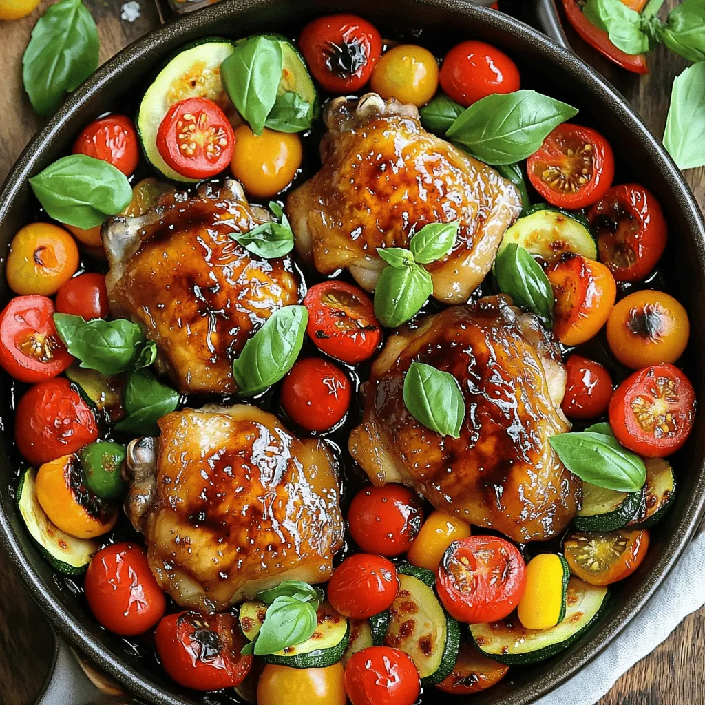 To make One-Pan Balsamic Chicken & Veggies, you need fresh, simple ingredients. Each one adds flavor and nutrition to the dish. Here’s the list: - 4 boneless, skinless chicken thighs - 2 cups cherry tomatoes, halved - 1 zucchini, sliced - 1 bell pepper (any color), chopped - 1 red onion, sliced - 3 cloves garlic, minced - 1/4 cup balsamic vinegar - 2 tablespoons olive oil - 1 tablespoon honey - 1 teaspoon dried oregano - 1 teaspoon dried basil - Salt and pepper to taste - Fresh basil leaves for garnish These ingredients work together to create a tasty meal. The chicken thighs stay juicy, while the veggies add color and crunch. The balsamic vinegar gives everything a tangy kick. You can find the full recipe in the article. Enjoy cooking! 1. Preheat your oven and prepare marinades: Start by setting your oven to 400°F (200°C). This ensures your oven is hot when you bake the dish. Next, grab a large bowl and mix the balsamic vinegar, olive oil, honey, dried oregano, dried basil, minced garlic, salt, and pepper. Whisk it well until all the ingredients blend nicely. 2. Marinate the chicken thighs: Take your boneless, skinless chicken thighs and add them to the marinade. Make sure to coat them thoroughly. Let them sit in the marinade for at least 15 minutes. For a stronger flavor, you can marinate them for up to 2 hours in the fridge. 1. Arrange chicken and vegetables in the pan: Get an oven-safe skillet or a baking dish. Place the marinated chicken thighs inside. Pour any leftover marinade over the chicken. Now, surround the chicken with the halved cherry tomatoes, zucchini slices, chopped bell pepper, and sliced red onion. Drizzle a bit of olive oil over the veggies and season with salt and pepper. 2. Baking instructions and timing: Place the skillet or baking dish into your preheated oven. Bake for 25-30 minutes. Check that the chicken reaches an internal temperature of 165°F (75°C). The veggies should be tender, too. 1. Resting the dish and garnishing: After baking, take the dish out of the oven. Let it rest for about 5 minutes before serving. This helps the juices settle. For a lovely finish, garnish with fresh basil leaves before you serve. The colors and flavors will shine through beautifully. If you're looking for more details, check out the full recipe. To keep your chicken juicy, marinate it properly. Use the balsamic mixture and let it soak for at least 15 minutes. If you have time, marinate for two hours in the fridge. This step helps the chicken absorb flavors and retain moisture while cooking. For roasting vegetables, cut them into even pieces. This ensures they cook at the same rate. Spread them out in the pan. Avoid crowding, as this traps steam and makes them soggy. Drizzle with olive oil and season well for the best flavor. For a complete meal, serve with a side of rice or crusty bread. These pair well with the chicken and veggies. You can also add a fresh salad for a light touch. For presentation, serve directly from the skillet for a rustic feel. If using a platter, arrange the chicken and veggies nicely. Drizzle any leftover marinade over the top. This adds flavor and makes the dish look shiny and inviting. {{image_2}} You can easily switch out the veggies. Try using broccoli, carrots, or asparagus. These vegetables add different flavors and textures. You can also use sweet potatoes or green beans for a tasty twist. If you want to change the protein, chicken is not your only option. You can swap chicken for tofu or shrimp. Tofu absorbs flavors well, making it a great choice. Shrimp cooks quickly and brings a nice seafood taste. Changing herbs or spices can really boost your dish. You can use rosemary or thyme for a different flavor. Fresh herbs like parsley or cilantro can also make it pop. If you want some heat, try adding red pepper flakes or cayenne pepper. They will spice up your meal without overpowering it. For a sweet touch, you could add a splash of orange juice. This adds a fresh twist to the balsamic flavor. Don't be afraid to play around with flavors to find what you love! For the full recipe, check [Full Recipe]. To store your One-Pan Balsamic Chicken & Veggies, cool the dish first. Place leftovers in an airtight container. This keeps the chicken and veggies fresh. You can store them in the fridge for up to three days. After that, the quality may drop. Always check for any off smells before eating. When reheating, avoid drying out your chicken. Use the oven or a skillet for the best results. For the oven, preheat to 350°F (175°C). Place the chicken and veggies in a baking dish, cover with foil, and heat for about 15-20 minutes. This helps keep everything moist. If using a skillet, add a splash of water and cover with a lid. Heat over medium-low for about 10 minutes. Check until warm. Enjoy your tasty leftovers! How do I know when chicken is fully cooked? You can check the chicken’s doneness with a meat thermometer. The center should reach 165°F (75°C). If you don’t have a thermometer, cut into the thickest part. The meat should be white, with no pink inside. Juices should run clear, not red. Can I make this recipe ahead of time? Yes, you can prepare the marinade and coat the chicken ahead of time. Marinate the chicken for up to 2 hours in the fridge. You can also chop the veggies ahead of time. Store everything in the fridge until you are ready to cook. What other vegetables pair well with balsamic chicken? Many vegetables work well with balsamic chicken. Consider adding broccoli, asparagus, or carrots. Sweet potatoes also add a nice touch. Just make sure to cut them into similar sizes for even cooking. Can I freeze One-Pan Balsamic Chicken & Veggies? Yes, you can freeze this dish. Cook it first, let it cool, and store in airtight containers. It will stay good for up to three months. When ready to eat, thaw in the fridge overnight and reheat in the oven. This recipe for One-Pan Balsamic Chicken & Veggies is simple and tasty. We covered ingredients, preparation, cooking, and storage tips. Juicy chicken and fresh vegetables create a healthy meal in one pan. You can customize it with different veggies or spices to suit your taste. Remember to store leftovers properly and reheat gently. Enjoy making this dish that fits your kitchen and diet needs. Happy cooking!
