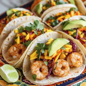 To make the spicy shrimp tacos, gather these key ingredients: - 1 lb shrimp, peeled and deveined - 1 tablespoon olive oil - 2 teaspoons chili powder - 1 teaspoon cumin - 1/2 teaspoon paprika - 1/4 teaspoon cayenne pepper (adjust for spice level) - Salt and pepper to taste - 8 small corn tortillas These ingredients give the shrimp its bold flavor. The spices blend well, creating a tasty kick. For the mango slaw, you will need: - 1 cup red cabbage, thinly sliced - 1 ripe mango, julienned - 1/2 cup carrots, grated - 1/4 cup fresh cilantro, chopped - 2 tablespoons lime juice - 1 tablespoon honey This mix adds crunch and sweetness to the tacos. The mango and lime juice brighten up the dish. To enhance your tacos, consider these garnishes: - 1 avocado, sliced (for garnish) - Lime wedges (for serving) These garnishes provide creaminess and a zesty touch. They also make your tacos look more appealing on the plate. To start, grab a bowl. Add 1 pound of shrimp, peeled and deveined. Pour in 1 tablespoon of olive oil. Then, sprinkle in 2 teaspoons of chili powder, 1 teaspoon of cumin, and 1/2 teaspoon of paprika. For some heat, add 1/4 teaspoon of cayenne pepper. Adjust the cayenne if you want it less spicy. Season with salt and pepper to taste. Mix well until the shrimp are fully coated. Next, heat a skillet over medium-high heat. Once hot, add the shrimp. Cook for about 2-3 minutes on each side. Watch for them to turn pink and opaque. This shows they are done. Remove the shrimp from the heat and set them aside. In a separate bowl, prepare the mango slaw. First, add 1 cup of thinly sliced red cabbage. Then, include 1 ripe mango, julienned. Next, add 1/2 cup of grated carrots and 1/4 cup of chopped fresh cilantro. For a fresh kick, squeeze in 2 tablespoons of lime juice. Finally, drizzle in 1 tablespoon of honey. Toss everything together until well mixed. This slaw adds crunch and sweetness to your tacos. Now it's time to assemble the tacos. Warm 8 small corn tortillas in a dry skillet for about 30 seconds on each side. This makes them soft and easy to fold. Take a tortilla and place a generous spoonful of spiced shrimp on top. Next, add a scoop of the mango slaw. For extra creaminess, top it with slices of avocado. Serve your tacos right away, with lime wedges on the side. These wedges add a zesty burst of flavor to each bite. To get the right spice, start with chili powder. I use two teaspoons for a nice kick. If you want it hotter, adjust the cayenne pepper. Just a bit more can make a big change. Taste the shrimp mix before cooking. This helps you find the right heat for you. I love using small corn tortillas for these tacos. They add a nice flavor and texture. Warm them in a skillet for about 30 seconds on each side. This makes them soft and easy to fold. If you want something different, try flour tortillas. They are soft and can hold more filling. Serve the tacos with lime wedges on the side. Squeezing fresh lime juice on top adds great flavor. I also like to garnish with extra cilantro. It makes the dish bright and fresh. Try adding slices of avocado for creaminess. It pairs well with the spicy shrimp and sweet mango slaw. {{image_2}} You can swap shrimp for other proteins. Chicken, fish, or tofu work well. For chicken, cut it into small pieces. Season it the same way as the shrimp. For fish, use a firm type like cod. Cook it until it flakes easily. Tofu is a great plant-based option. Press it, then cut it into cubes. Season and sauté until golden brown. Each protein brings its own unique taste. Feel free to mix up the slaw. You can add different veggies like bell peppers or radishes. They add crunch and color. For a twist, try adding diced jalapeños for heat. You can also use pineapple instead of mango. It gives a sweet and tart flavor. This keeps the slaw fresh and exciting. Don't hesitate to get creative with your favorite tastes. Switching up the ingredients changes the taco's nutritional value. Using chicken instead of shrimp lowers fat but keeps protein high. Try low-carb tortillas for fewer calories. You could also use lettuce wraps for a light option. Adding more veggies boosts fiber and vitamins. If you want a richer taste, add cheese or sour cream. These variations help you find what you love most. To keep your spicy shrimp tacos fresh, store the shrimp and slaw separately. Use airtight containers. Place the shrimp in one container and the mango slaw in another. This helps maintain their flavors and textures. If you have leftover tortillas, store them in a zip-top bag. Keep everything in the fridge for best results. When ready to eat, gently reheat the shrimp. Use a skillet over medium heat. Cook for about 2 minutes until warmed through. Do not overcook, or they can turn tough. You can also warm the tortillas in the skillet for about 30 seconds on each side. This makes them soft and pliable again. These tacos are best enjoyed fresh. However, stored properly, the shrimp and slaw can last 2-3 days in the fridge. After that, the texture and flavor may decline. I recommend eating leftovers within this time frame for the best taste and quality. Yes, you can use frozen shrimp. Just thaw them first. Place the shrimp in a bowl of cold water for about 15-20 minutes. This method keeps the shrimp fresh and firm. Once thawed, peel and devein them if needed. Follow the same steps in the recipe to spice and cook them. If you can't find mango, use pineapple or peach. Both options add sweetness and zing. Cut the fruit into thin strips like you would for mango. You can also use diced apples for a crunchier texture. Each fruit brings a unique taste to the tacos. These tacos have a nice kick but are not overwhelmingly spicy. The cayenne pepper adds heat, but you can adjust it to your taste. If you prefer milder tacos, reduce or skip the cayenne. You can also add a dollop of sour cream to cool them down. This way, everyone can enjoy the tacos. You now know how to make spicy shrimp tacos, from the key ingredients to the steps. You learned about making a fresh mango slaw and how to add your own twist. Don't forget the tips for spice and tortilla choices to make them just right. With these recipes and tricks, you will impress everyone at your next meal. Enjoy your tasty tacos!