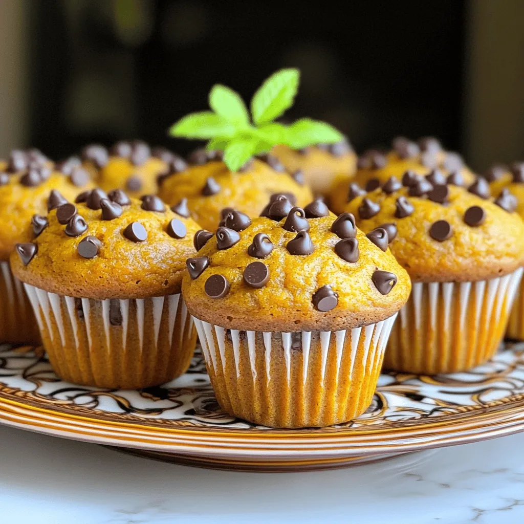 - 1 cup canned pumpkin puree - 1 cup chocolate chip cookie mix - 1 cup mini chocolate chips These three ingredients create a moist and delightful muffin. First, the canned pumpkin puree adds rich flavor and moisture. It also gives the muffins a lovely orange hue. Next, the chocolate chip cookie mix adds sweetness and texture. Lastly, the mini chocolate chips bring bursts of chocolate in every bite. - Nuts or seeds (e.g., walnuts, pecans) - Spices (e.g., cinnamon, nutmeg) Feel free to customize your muffins. Nuts or seeds add crunch and healthy fats. Spices like cinnamon or nutmeg enhance the warm flavors of pumpkin. You can mix in a teaspoon or two of your favorite spice for added depth. - Muffin tin - Mixing bowl - Measuring cups Having the right tools makes baking easier. A muffin tin helps shape the muffins perfectly. A mixing bowl is essential for combining the ingredients. Measuring cups ensure you use the right amount of each ingredient for tasty results. For the full recipe, check out the detailed instructions on how to make these tasty muffins. - Preheat oven to 350°F (175°C). - Prepare the muffin tin by lining it with paper liners or greasing it with cooking spray. - In a large bowl, mix the canned pumpkin puree and chocolate chip cookie mix until smooth. - The mixture will be thick and slightly sticky. - Now, gently fold in the mini chocolate chips. Make sure they are well mixed in. - Fill each muffin cup about 2/3 full with the batter. - This leaves room for the muffins to rise. - Bake in the preheated oven for 18-20 minutes. - To check doneness, insert a toothpick into the center of a muffin. If it comes out clean, they are done. - Let the muffins cool in the tin for about 5 minutes. - After that, transfer them to a wire rack to cool completely. For the full recipe, check the section above. Enjoy your baking! To get the right texture for your muffins, you may need to adjust the mix. If the batter seems too thick, add a bit more pumpkin puree. If it feels too runny, mix in a little extra cookie mix. This balance helps achieve that perfect muffin consistency. When adding chocolate chips, fold them in gently. This ensures they spread evenly throughout the batter, giving every bite a sweet surprise. Start checking your muffins for doneness around 18 minutes. Insert a toothpick into the center of a muffin. If it comes out clean, your muffins are done. Keep an eye on them to avoid overbaking. Overbaked muffins can turn dry, and that’s not what we want! If they bake too long, they lose their soft, moist texture. Presentation adds to the fun of enjoying your muffins. Arrange them on a colorful platter to make them pop. For a lovely touch, sprinkle a few mini chocolate chips on top before serving. A small mint sprig adds a nice splash of green, making your muffins look even more inviting. This small detail can impress your guests and make your table look great! {{image_2}} For those with special diets, I have great news. You can make these muffins gluten-free quite easily. Simply use a gluten-free chocolate chip cookie mix instead of the regular one. This small swap keeps the taste and texture just as good. If you want vegan muffins, you can also adjust the recipe. Choose a plant-based cookie mix. This way, you skip eggs and dairy while still enjoying that rich flavor. You won't miss any taste, I promise! Want to switch things up? Try adding different flavored chips. White chocolate or peanut butter chips can add a tasty twist. Each option gives a new flavor that pairs well with pumpkin. You can also infuse the batter with extracts. A splash of vanilla or almond extract can brighten the taste. Just a little goes a long way. Don't hesitate to experiment! I love adding festive spices for the holidays. A pinch of cinnamon or nutmeg can make your muffins feel like a warm hug. These spices add warmth and cheer, perfect for any celebration. If you're hosting a party, mini muffins are a fun choice. They are cute and easy to share. Just adjust the baking time to 10-12 minutes. Everyone loves these small bites! For the full recipe, check out [Full Recipe]. These muffins taste best fresh. At room temperature, they last about 2 to 3 days. To keep them fresh, store them in an airtight container. You can also wrap them in plastic wrap. This keeps moisture in and prevents them from drying out. If you want to save some for later, freezing works great. Place the muffins in a freezer-safe bag. Make sure to remove as much air as possible. They can last up to 3 months in the freezer. When you're ready to eat, simply take out a muffin. Let it thaw in the fridge overnight. You can also warm it in the microwave for about 15 seconds. To check if your muffins are still good, look for mold or an off smell. If they feel very dry or hard, it’s best to toss them. Always use a clean, dry container for storage. A glass or plastic container with a tight lid works well. This keeps air out and helps your muffins stay fresh longer. Yes, you can make these muffins dairy-free. Look for a dairy-free chocolate chip cookie mix. Brands like Bob’s Red Mill offer great options. You can also use dairy-free chocolate chips. This way, you enjoy the same tasty muffins without dairy. These muffins pair well with many drinks. A warm cup of coffee complements their sweet taste. You can also serve them with tea for a cozy treat. Spread some cream cheese on top for a creamy twist. Each of these options will enhance your muffin experience. The recipe yields 12 muffins. Each muffin is a perfect portion. They are great for breakfast or a snack. You can even share them with friends! Enjoy these tasty treats anytime. Find the full recipe to get started. In this article, we explored a simple recipe for chocolate chip pumpkin muffins. We covered the main ingredients, optional add-ins, and how to prep and bake the muffins. I shared tips for perfecting texture and presentation, plus variations and storage ideas. These muffins are perfect for all seasons and easy to adapt. Enjoy your baking adventure! You're sure to impress with these tasty treats.