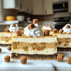 To make these Peanut Butter Cup Cheesecake Bars, you need to gather some key ingredients. Each one plays a role in creating that creamy, rich flavor that we all love. Here’s what you will need: - 1 cup graham cracker crumbs - 1/2 cup unsalted butter, melted - 1/4 cup granulated sugar - 16 oz cream cheese, softened - 1 cup powdered sugar - 1 teaspoon vanilla extract - 1/2 cup creamy peanut butter - 2 cups mini peanut butter cups, chopped - 1/4 cup heavy cream (for topping) - Extra mini peanut butter cups (for garnish) With these ingredients, you will create a dessert that is both sweet and satisfying. The graham cracker crumbs form a crunchy base, while the cream cheese and peanut butter bring a creamy texture. Don't forget the mini peanut butter cups, which add fun bites of chocolate. Each layer complements the others perfectly. Start by preheating your oven to 325°F (160°C). You can choose to grease a 9x9-inch baking dish with butter. However, using parchment paper is easier for removal later. If you line the dish with parchment, leave some paper hanging over the edges. This makes it simple to lift out the bars once they cool. In a medium bowl, mix 1 cup of graham cracker crumbs, 1/2 cup of melted unsalted butter, and 1/4 cup of granulated sugar. Stir until the crumbs feel moist. This mixture will be your base. Firmly press it into the bottom of your prepared dish. Bake it in the oven for about 10 minutes. It should look slightly golden. Remove it and let it cool for a bit. In a large bowl, beat 16 oz of softened cream cheese with a hand mixer. Mix until smooth and creamy. Gradually add 1 cup of powdered sugar. Keep mixing until well combined. Now, add 1 teaspoon of vanilla extract and 1/2 cup of creamy peanut butter. Mix on low speed until it’s all blended. Next, gently fold in 2 cups of chopped mini peanut butter cups. Use a spatula to make sure they spread evenly through the filling. Pour the peanut butter cheesecake filling over the cooled graham cracker crust. Spread it out with a spatula. Bake in the oven for 30-35 minutes. The cheesecake should be set but still slightly jiggly in the center. Once done, remove it from the oven and let it cool at room temperature for about an hour. For the best taste, refrigerate the bars for at least 4 hours or overnight. Chilling helps the flavors blend and gives the bars the right texture. To get the best whipped cream, aim for soft peaks. This means the cream should hold its shape but still flow slightly. Use a cold bowl and beaters for best results. Start mixing on low speed, then increase to medium. This helps avoid splatter. When mixing the cheesecake filling, beat the cream cheese until smooth. Gradually add the powdered sugar to avoid lumps. Mix on low speed after adding peanut butter and vanilla. This keeps the mixture fluffy and light. One common mistake is overbaking the cheesecake. Keep an eye on it! It should jiggle slightly in the center when done. If it looks too set, it may dry out. Another mistake is not chilling long enough. For the best flavor and texture, let the bars chill for at least four hours. Overnight is even better. This allows the flavors to meld and the cheesecake to firm up. For extra fun, top your cheesecake bars with whipped cream, chocolate sauce, or crushed nuts. These add a nice crunch and depth of flavor. You can also get creative with serving. Try cutting them into fun shapes or layering them with ice cream. This makes for a delightful dessert that everyone will love. {{image_2}} You can change the flavors to make this dessert your own. Start by using different nut butters. Almond or cashew butter can add a new taste. You can also use crunchy peanut butter for added texture. Next, think about the chocolate. You can swap milk chocolate for dark chocolate. This will give the bars a richer taste. Try white chocolate for a sweeter twist. Each choice can change the whole dessert. If you want a gluten-free treat, you can make a different crust. Use gluten-free graham cracker crumbs instead of regular ones. This keeps the taste, but it’s safe for those who avoid gluten. For those on a vegan diet, you can create a vegan cheesecake. Use dairy-free cream cheese and coconut cream instead of heavy cream. Make sure your nut butter is also vegan. This way, everyone can enjoy these bars. You can make mini cheesecakes or cupcakes for fun portions. Use a muffin tin for easy serving. Each bite will still have that creamy taste of cheesecake. Layering flavors is a great idea too. Try adding a layer of chocolate ganache. This adds richness and looks great. You can also use fresh fruits between layers for a burst of flavor. To keep your peanut butter cup cheesecake bars fresh, store them in an airtight container. Place them in the fridge after they cool completely. You can also cover them with plastic wrap. This keeps out moisture and odors. If you have leftovers, they will stay tasty for several days. Want to save some for later? You can freeze these bars! First, cut them into squares. Wrap each piece tightly in plastic wrap. Then, place them in a freezer-safe bag or container. This helps prevent freezer burn. When you're ready to enjoy, take them out and let them thaw in the fridge overnight. These cheesecake bars can last up to a week in the fridge. If you freeze them, they can stay good for about three months. Just remember to check for any signs of freezer burn. Always enjoy them at their best! Yes, you can use crunchy peanut butter. It adds more texture and a nutty crunch. Just keep in mind that the bars will have a different mouthfeel. If you love texture, go for it! You can use Greek yogurt for a lighter option. Silken tofu also works and is dairy-free. Both give a nice creamy base, but the taste will vary slightly. Check for a slight jiggle in the center. The edges should be set, but the middle can wobble a bit. It will firm up as it cools. Absolutely! These cheesecake bars taste even better after chilling. Make them a day before your event for maximum flavor. Just store them in the fridge. If cracks appear, don’t worry. You can cover them with whipped cream or chocolate. This makes the dessert look even more appealing and delicious! In this blog post, we explored how to create a delicious cheesecake with rich peanut butter flavor. We covered the key ingredients and shared step-by-step instructions, tips for perfect texture, and variations for dietary needs. Remember, chilling is vital for the best outcome. Don't forget to try different nut butters or make mini desserts. With this guide, you can impress anyone with your cheesecake skills. Enjoy your baking and share your tasty results!