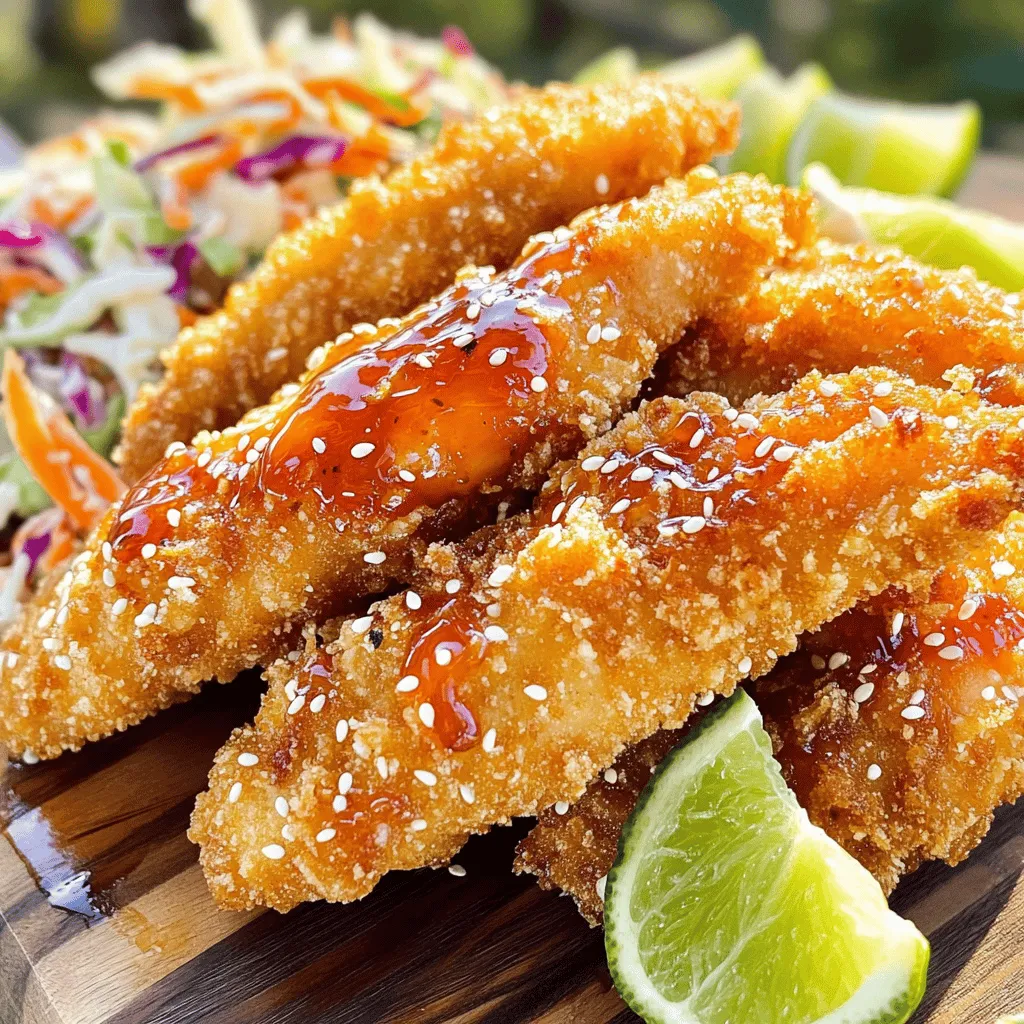 For the main dish, you need: - 1 lb chicken tenders - 1/2 cup all-purpose flour - 2 large eggs - 3/4 cup breadcrumbs (panko for extra crunch) These ingredients form the base of the dish. The chicken tenders provide the protein, while flour, eggs, and breadcrumbs create a crunchy coat. To flavor the chicken, gather: - 1 teaspoon garlic powder - 1 teaspoon onion powder - 1/2 teaspoon salt - 1/4 teaspoon black pepper These seasonings add depth to the chicken. They enhance flavor without overpowering the dish. To make your dish pop, consider: - 1/4 cup honey - 3 tablespoons Sriracha sauce - 1 tablespoon soy sauce - 1 teaspoon sesame oil - Fresh lime wedges - Sesame seeds for a sprinkle These garnishes add texture and flavor. They also make your plate look inviting. Drizzling some extra sauce on top gives a lovely finish. Serve with a side of crispy coleslaw for a refreshing crunch. Start by gathering your bowls. In one bowl, mix 1/2 cup of flour, 1 teaspoon garlic powder, 1 teaspoon onion powder, 1/2 teaspoon salt, and 1/4 teaspoon black pepper. This mix adds great flavor. In a second bowl, whisk 2 large eggs until they are smooth. In the last bowl, pour in 3/4 cup of breadcrumbs. I like using panko for extra crunch. Set these bowls up in a row. This way, you can coat the chicken easily. Take a chicken tender and dip it into the flour mix. Make sure it is well covered. Shake off any extra flour. Next, dip the chicken into the egg mix, letting the excess drip off. Finally, coat it in the breadcrumbs. Press down gently to help the crumbs stick. Place the coated chicken tenders on a plate. Repeat this process with all the chicken tenders. In a small bowl, combine 1/4 cup honey, 3 tablespoons Sriracha sauce, 1 tablespoon soy sauce, and 1 teaspoon sesame oil. Whisk them together until smooth. This sauce will add a sweet and spicy kick to your chicken. Set aside a few tablespoons. You’ll use this for drizzling later. Heat cooking oil in a large skillet over medium heat. The oil should be hot but not smoking. Add the coated chicken tenders in batches. Don’t overcrowd the pan; this helps them cook evenly. Fry each side for about 4-5 minutes until they turn golden brown. Check if they are done by ensuring the inside reaches 165°F. Once cooked, remove them from the skillet and let them rest. Place the cooked chicken tenders in a large mixing bowl. Pour the Sriracha honey sauce over them. Toss gently until every tender is coated well. Serve the chicken on a plate. Drizzle with the reserved sauce for extra flavor. Enjoy your meal with some fresh lime wedges and crunchy coleslaw on the side. To get that perfect crunch on your chicken tenders, use panko breadcrumbs. They provide a light and crispy texture. Make sure to coat the chicken well in flour and eggs. This helps the breadcrumbs stick better. Fry the tenders in hot oil. This keeps them crispy. Avoid overcrowding the pan. Fry in batches to ensure even cooking. If you need to change ingredients, you can use cornstarch instead of flour. It gives a nice crisp too. For a gluten-free option, use gluten-free breadcrumbs. If you want less heat, swap Sriracha for a mild hot sauce. Honey can be replaced with maple syrup for a different flavor. To lower the spice, use less Sriracha in the sauce. You can add more honey to balance the heat. If you love spice, add extra Sriracha to the sauce. Another option is to sprinkle red pepper flakes over the chicken. This lets everyone control their spice level. {{image_2}} Oven-baked chicken tenders are a great option. Preheat your oven to 425°F. Line a baking sheet with parchment paper. Prepare the chicken as usual. After coating, place the tenders on the sheet. Bake for 20-25 minutes, flipping halfway. This method gives you crispy tenders with less oil. Using an air fryer makes these tenders even healthier. Set your air fryer to 400°F. Arrange the chicken tenders in a single layer. Cook for about 10-12 minutes, turning halfway through. The result is juicy and crunchy chicken with less fat. For a gluten-free version, swap out the regular flour and breadcrumbs. Use almond flour or a gluten-free blend instead. Check labels for the Sriracha and soy sauce. Many brands offer gluten-free options. This way, you can enjoy the same tasty chicken without gluten. After making Sriracha Honey Chicken Tenders, let them cool to room temperature. Place leftovers in an airtight container. This keeps them fresh and tasty. If you have lots, divide them into smaller portions. This makes it easy to heat just what you need later. To reheat, preheat your oven to 375°F. Place the chicken tenders on a baking sheet. Heat for about 10-15 minutes. This helps them stay crispy. You can also use the microwave. Just cover them with a damp paper towel and heat for 1-2 minutes. These chicken tenders last about 3-4 days in the fridge. Make sure they stay in an airtight container. If you notice any strange smells or changes in texture, it’s best to toss them out. Always prioritize food safety! Yes, you can use chicken breasts. Cut them into strips. This gives you similar size pieces. You may need to adjust cooking time. Make sure they reach 165°F inside. Many dips work great with these tenders. Here are some tasty options: - Ranch dressing - Blue cheese dressing - Sweet chili sauce - Creamy garlic dip These dips add more flavor and contrast to the chicken. To spice up the sauce, add more Sriracha. A teaspoon or two can do the trick. You can also mix in crushed red pepper flakes. If you like heat, try fresh chopped jalapeños. Yes, you can make these tenders ahead. Cook them, then let them cool. Store in the fridge for up to two days. When you're ready, reheat in an oven for crispiness. Enjoy them warm! In this post, I shared how to make tasty Sriracha honey chicken tenders. You learned about the main ingredients, easy steps for cooking, and tips for the best results. I also covered fun variations and how to store leftovers. Now, you can enjoy this dish in many ways! Don't be afraid to try new ideas or adjust the spice. Happy cooking!
