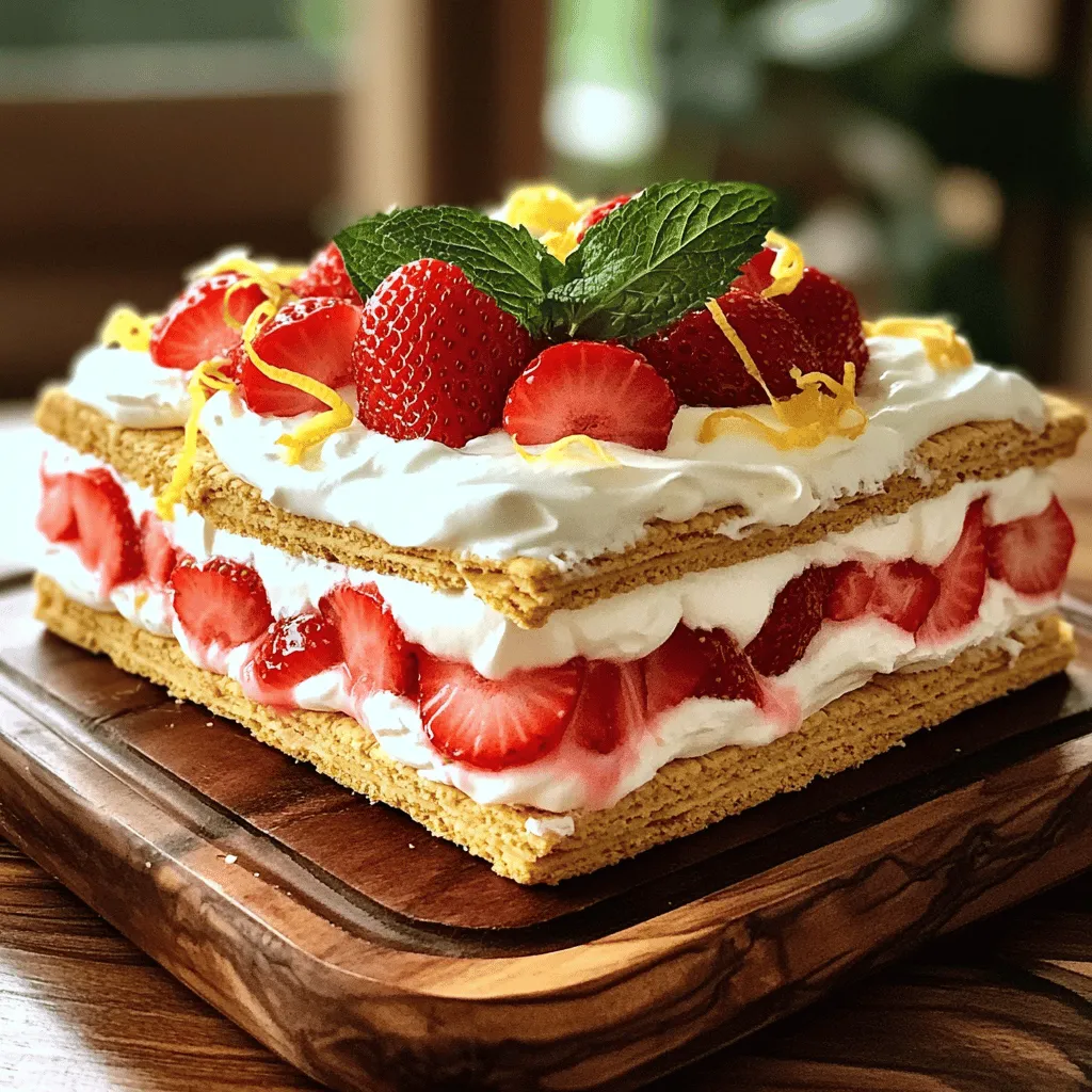 For this cake, use 2 cups of fresh strawberries. Make sure to hull and slice them. This step helps release their sweet juices. I like to sprinkle 1 tablespoon of sugar over the strawberries. Let them sit for 15 to 20 minutes. This makes them juicy and flavorful. You will need 2 cups of heavy whipping cream. This cream gives the cake its rich, fluffy texture. Use a mixer to whip the cream until it thickens. The goal is to create soft peaks. This will help the cake hold its shape. You will also need a few key ingredients: - 1 teaspoon vanilla extract - 1/2 cup powdered sugar - 1 package of graham crackers (14-16 sheets) - Zest of 1 lemon The vanilla extract adds a nice flavor. The powdered sugar sweetens the cream. The graham crackers form the cake's base. The lemon zest gives a fresh twist. Optionally, you can add mint leaves for garnish. This adds color and a hint of freshness. First, wash and hull the strawberries. Slice them into small pieces. Place the sliced strawberries in a medium bowl. Add 1 tablespoon of sugar to the bowl. Toss the strawberries gently to coat them. Set the bowl aside for 15 to 20 minutes. This step helps the strawberries release their sweet juices. Next, take a clean bowl and pour in 2 cups of heavy whipping cream. Use an electric mixer on medium speed. Beat the cream until it starts to thicken. Add 1 teaspoon of vanilla extract to the cream. Gradually mix in 1/2 cup of powdered sugar. Keep whipping until you see soft peaks form. Finally, fold in the zest of 1 lemon gently. This adds a bright flavor to the cream. Now, grab a 9x13 inch baking dish. Start with a layer of graham crackers at the bottom. Spread half of the whipped cream over the crackers evenly. Next, spoon half of the prepared strawberries on top. Make sure to drizzle some of their juices over the cream. Repeat this layering process. Add another layer of graham crackers, then the rest of the whipped cream, and finish with the remaining strawberries. Cover the dish tightly with plastic wrap. Place it in the fridge for at least 4 hours or overnight. This waiting time allows all the flavors to blend beautifully. To get the best whipped cream, start with cold cream. Use heavy whipping cream for a rich taste. Whip it on medium speed until it thickens. Then, add vanilla and powdered sugar slowly. Keep whipping until soft peaks form. Be careful not to over-whip it. If you do, it can turn grainy. Layering is key to a great icebox cake. Start with a flat layer of graham crackers. Use enough cream to cover the crackers fully. Spread the cream evenly for a nice look. When adding strawberries, make sure to include their juices. This adds flavor and moisture to the cake. Repeat the layers until you reach the top. Finish with whipped cream and strawberries for a beautiful look. For serving, cut the cake into neat squares. A sharp knife helps with clean cuts. You can serve it on a nice platter or in cups. Adding mint leaves on top gives it a fresh look. Drizzle extra strawberry juice around the cake for color. This not only looks appealing but also adds flavor. {{image_2}} You can switch up the fruit for this cake. Try using peaches, blueberries, or raspberries. Each fruit has its own taste and adds a fun twist. For example, peaches give a sweet, juicy flavor. Blueberries add a nice pop of color and tartness. Raspberries bring a lovely tartness that pairs well with the cream. Mix and match these fruits to find your favorite combo! If you need a gluten-free option, substitute graham crackers with gluten-free cookies. Look for cookies made from almond flour or rice flour. They work well and will still taste great. You can also use gluten-free sponge cake for a different texture. Just ensure all other ingredients are gluten-free, too. Add more flavor to your cake by mixing in some citrus zest. Lime or orange zest can brighten the taste. You can also fold in a bit of cocoa powder for a chocolate twist. Use chocolate graham crackers for an even richer flavor. Another fun addition is a splash of almond extract in the whipped cream for a hint of nuttiness. Store your strawberry shortcake icebox cake in the fridge. Cover it tightly with plastic wrap or a lid. This keeps it fresh and prevents it from drying out. It’s best to chill the cake for at least 4 hours before serving. The longer it sits, the better the flavors blend. You can freeze this cake, but it’s not the best option. Freezing changes the texture of the whipped cream and strawberries. If you must freeze it, slice it first for easy thawing. Wrap each piece in plastic wrap, then place them in an airtight container. This way, you can enjoy a slice anytime. In the fridge, the cake lasts about 3-4 days. After that, the graham crackers may get too soggy. If frozen, it can last up to 2 months. Remember to thaw it in the fridge overnight for best results. Enjoy each bite of this delightful treat! You can swap graham crackers for vanilla wafers or digestive biscuits. Both options add a nice flavor and texture. If you want a nutty taste, try using crushed almonds or pecans mixed with oats. These choices create a unique base for your cake. Yes, you can make this cake a day ahead. The longer it sits, the better it tastes. Just cover it well with plastic wrap in the fridge. This allows the flavors to blend, and the crackers will soften nicely. To make this cake dairy-free, use coconut cream or almond milk cream. You can find dairy-free whipped toppings at the store too. For the cream, whip the coconut cream until it’s fluffy. This gives you a rich texture without dairy. This blog post covered the key ingredients, steps, and tips for making a delicious layered cake. We explored fresh strawberries, heavy cream, and other essentials. I shared how to prepare strawberries, whip cream, and layer the cake perfectly. Plus, you learned tricks for serving and variations using seasonal fruits. Remember to refrigerate leftovers and know how long it lasts. Making this cake can be fun and rewarding. Now, gather your ingredients and get started! Enjoy creating a treat that everyone will love.
