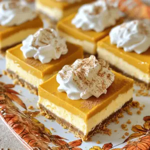 To make these tasty bars, you need some key ingredients: - 1 ½ cups graham cracker crumbs - ½ cup unsalted butter, melted - 1/3 cup granulated sugar - 8 oz cream cheese, softened - 1 cup canned pumpkin puree - 1 cup powdered sugar - 1 teaspoon vanilla extract - 1 teaspoon cinnamon - ½ teaspoon nutmeg - ½ teaspoon ginger - 1 cup whipped cream (plus extra for topping) - A pinch of salt These ingredients blend to create a creamy and rich filling with a sweet, crumbly crust. Each component adds depth to the flavor. You can make your bars even better by adding a few optional ingredients: - A splash of maple syrup for extra sweetness - A dash of allspice for more warmth - Chopped nuts for a crunchy texture These options can customize the taste and texture to fit your style. When serving your pumpkin cheesecake bars, consider these toppings: - Extra whipped cream for a fluffy finish - A sprinkle of cinnamon for a warm touch - Crushed graham crackers for added crunch These toppings not only look great but also enhance the flavor experience. Enjoy exploring different combinations! To start, grab a medium bowl. In this bowl, mix 1 ½ cups of graham cracker crumbs, ½ cup of melted unsalted butter, and 1/3 cup of granulated sugar. Stir it well until all the crumbs are coated. Next, take a lined 9x9 inch baking pan. Press this crumb mixture firmly into the bottom of the pan. Use your fingers or a flat tool to make it even. After that, we need to chill the crust. Place the pan in the fridge for about 15 minutes to set. Now, take a large mixing bowl. In this bowl, beat 8 oz of softened cream cheese until it is smooth. Next, add in 1 cup of canned pumpkin puree, 1 cup of powdered sugar, and 1 teaspoon of vanilla extract. Sprinkle in 1 teaspoon of cinnamon, ½ teaspoon of nutmeg, ½ teaspoon of ginger, and a pinch of salt. Mix everything together until it is fully combined and smooth. This step is key for great flavor. Once mixed, gently fold in 1 cup of whipped cream. This makes the filling light and fluffy. Now for the fun part! Pour the pumpkin cheesecake mixture over the chilled crust. Use a spatula to spread it out evenly. After that, cover the pan with plastic wrap. Place it back in the fridge for at least 4 hours. This helps the bars set properly. Once set, lift the cheesecake out using the edges of the parchment paper. Cut into 16 bars. You can serve these topped with extra whipped cream and a sprinkle of cinnamon for a lovely finish. Enjoy your delicious no-bake pumpkin cheesecake bars! To get a creamy filling, use softened cream cheese. Cold cream cheese will clump. Beat it well until smooth before adding other ingredients. Mix in pumpkin puree, powdered sugar, and spices slowly. This helps avoid lumps. Make sure to fold in the whipped cream gently. This keeps the filling light and airy. For a great crust, use fresh graham cracker crumbs. Mix them with melted butter and granulated sugar. Press the mixture firmly into the pan. This ensures a strong base. Chill the crust for about 15 minutes. This helps it set before adding the filling. A well-chilled crust provides a nice contrast to the soft cheesecake. When serving, cut the bars into even squares. Place them on a decorative platter. Top each bar with a dollop of whipped cream. A sprinkle of pumpkin spice adds a nice touch. For extra crunch, add crushed graham crackers on top. This makes the bars look inviting and delicious. Enjoy them chilled for the best flavor! {{image_2}} You can change the taste of these bars in fun ways. Adding chocolate is a great choice. Swirl in melted chocolate into the pumpkin mix before pouring it onto the crust. You can also sprinkle chocolate chips on top. Caramel makes a sweet addition too. Drizzle caramel sauce over the cheesecake filling after it sets. This gives a rich, sweet flavor that pairs well with pumpkin. If you need gluten-free bars, use gluten-free graham crackers. They work just like regular ones. For a dairy-free version, swap the cream cheese for a dairy-free cream cheese. You can also use coconut whipped cream instead of regular whipped cream. These changes keep the bars tasty while fitting your needs. Toppings can make your bars shine. Whipped cream is a classic choice. Try adding a sprinkle of cinnamon or nutmeg on top for extra flavor. Crushed graham crackers add a nice crunch. You can also use nuts like pecans or walnuts for a new twist. Fresh pumpkin seeds can add a nice touch, too. Get creative with these options to find your favorite! Store leftover pumpkin cheesecake bars in an airtight container. Make sure to keep them in the fridge. They will stay fresh for up to five days. If you have cut bars, place wax paper between layers. This keeps them from sticking together. You can freeze these cheesecake bars for longer storage. First, cut them into squares. Then, wrap each square in plastic wrap. Place the wrapped bars in a freezer-safe bag or container. They can last up to three months in the freezer. Just make sure to label the bag with the date. When you're ready to enjoy the frozen bars, take them out of the freezer. Remove the plastic wrap and place the bars in the fridge to thaw. It usually takes about 4 to 6 hours to thaw. You can also let them sit at room temperature for about 30 minutes. Serve topped with extra whipped cream and a sprinkle of cinnamon for a fresh look. Yes, you can use fresh pumpkin. Just be sure to cook and puree it first. Fresh pumpkin gives a nice taste and texture. It might need more straining to remove extra moisture. Canned pumpkin is easier and more consistent. These cheesecake bars last about five days in the fridge. Keep them covered tightly to prevent drying out. The flavors often improve as they sit. Just be sure to check for any signs of spoilage before serving. Yes, you can make them a day or two ahead. They need time to chill and set. Making them ahead allows the flavors to blend well. Just remember to cover them well in the fridge. This blog post covered how to make delicious no-bake pumpkin cheesecake bars. We talked about the main and optional ingredients to enhance flavor. I shared step-by-step instructions and tips for a smooth filling and a perfect crust. We also explored variations, storage options, and answered common questions. Enjoy your sweet treats and share with friends. Crafting these bars can be fun and rewarding!