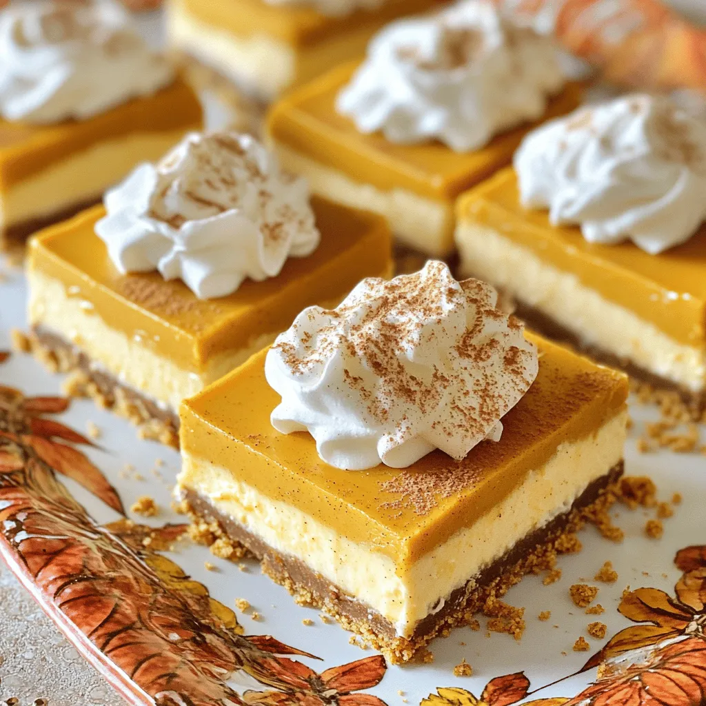 To make these tasty bars, you need some key ingredients: - 1 ½ cups graham cracker crumbs - ½ cup unsalted butter, melted - 1/3 cup granulated sugar - 8 oz cream cheese, softened - 1 cup canned pumpkin puree - 1 cup powdered sugar - 1 teaspoon vanilla extract - 1 teaspoon cinnamon - ½ teaspoon nutmeg - ½ teaspoon ginger - 1 cup whipped cream (plus extra for topping) - A pinch of salt These ingredients blend to create a creamy and rich filling with a sweet, crumbly crust. Each component adds depth to the flavor. You can make your bars even better by adding a few optional ingredients: - A splash of maple syrup for extra sweetness - A dash of allspice for more warmth - Chopped nuts for a crunchy texture These options can customize the taste and texture to fit your style. When serving your pumpkin cheesecake bars, consider these toppings: - Extra whipped cream for a fluffy finish - A sprinkle of cinnamon for a warm touch - Crushed graham crackers for added crunch These toppings not only look great but also enhance the flavor experience. Enjoy exploring different combinations! To start, grab a medium bowl. In this bowl, mix 1 ½ cups of graham cracker crumbs, ½ cup of melted unsalted butter, and 1/3 cup of granulated sugar. Stir it well until all the crumbs are coated. Next, take a lined 9x9 inch baking pan. Press this crumb mixture firmly into the bottom of the pan. Use your fingers or a flat tool to make it even. After that, we need to chill the crust. Place the pan in the fridge for about 15 minutes to set. Now, take a large mixing bowl. In this bowl, beat 8 oz of softened cream cheese until it is smooth. Next, add in 1 cup of canned pumpkin puree, 1 cup of powdered sugar, and 1 teaspoon of vanilla extract. Sprinkle in 1 teaspoon of cinnamon, ½ teaspoon of nutmeg, ½ teaspoon of ginger, and a pinch of salt. Mix everything together until it is fully combined and smooth. This step is key for great flavor. Once mixed, gently fold in 1 cup of whipped cream. This makes the filling light and fluffy. Now for the fun part! Pour the pumpkin cheesecake mixture over the chilled crust. Use a spatula to spread it out evenly. After that, cover the pan with plastic wrap. Place it back in the fridge for at least 4 hours. This helps the bars set properly. Once set, lift the cheesecake out using the edges of the parchment paper. Cut into 16 bars. You can serve these topped with extra whipped cream and a sprinkle of cinnamon for a lovely finish. Enjoy your delicious no-bake pumpkin cheesecake bars! To get a creamy filling, use softened cream cheese. Cold cream cheese will clump. Beat it well until smooth before adding other ingredients. Mix in pumpkin puree, powdered sugar, and spices slowly. This helps avoid lumps. Make sure to fold in the whipped cream gently. This keeps the filling light and airy. For a great crust, use fresh graham cracker crumbs. Mix them with melted butter and granulated sugar. Press the mixture firmly into the pan. This ensures a strong base. Chill the crust for about 15 minutes. This helps it set before adding the filling. A well-chilled crust provides a nice contrast to the soft cheesecake. When serving, cut the bars into even squares. Place them on a decorative platter. Top each bar with a dollop of whipped cream. A sprinkle of pumpkin spice adds a nice touch. For extra crunch, add crushed graham crackers on top. This makes the bars look inviting and delicious. Enjoy them chilled for the best flavor! {{image_2}} You can change the taste of these bars in fun ways. Adding chocolate is a great choice. Swirl in melted chocolate into the pumpkin mix before pouring it onto the crust. You can also sprinkle chocolate chips on top. Caramel makes a sweet addition too. Drizzle caramel sauce over the cheesecake filling after it sets. This gives a rich, sweet flavor that pairs well with pumpkin. If you need gluten-free bars, use gluten-free graham crackers. They work just like regular ones. For a dairy-free version, swap the cream cheese for a dairy-free cream cheese. You can also use coconut whipped cream instead of regular whipped cream. These changes keep the bars tasty while fitting your needs. Toppings can make your bars shine. Whipped cream is a classic choice. Try adding a sprinkle of cinnamon or nutmeg on top for extra flavor. Crushed graham crackers add a nice crunch. You can also use nuts like pecans or walnuts for a new twist. Fresh pumpkin seeds can add a nice touch, too. Get creative with these options to find your favorite! Store leftover pumpkin cheesecake bars in an airtight container. Make sure to keep them in the fridge. They will stay fresh for up to five days. If you have cut bars, place wax paper between layers. This keeps them from sticking together. You can freeze these cheesecake bars for longer storage. First, cut them into squares. Then, wrap each square in plastic wrap. Place the wrapped bars in a freezer-safe bag or container. They can last up to three months in the freezer. Just make sure to label the bag with the date. When you're ready to enjoy the frozen bars, take them out of the freezer. Remove the plastic wrap and place the bars in the fridge to thaw. It usually takes about 4 to 6 hours to thaw. You can also let them sit at room temperature for about 30 minutes. Serve topped with extra whipped cream and a sprinkle of cinnamon for a fresh look. Yes, you can use fresh pumpkin. Just be sure to cook and puree it first. Fresh pumpkin gives a nice taste and texture. It might need more straining to remove extra moisture. Canned pumpkin is easier and more consistent. These cheesecake bars last about five days in the fridge. Keep them covered tightly to prevent drying out. The flavors often improve as they sit. Just be sure to check for any signs of spoilage before serving. Yes, you can make them a day or two ahead. They need time to chill and set. Making them ahead allows the flavors to blend well. Just remember to cover them well in the fridge. This blog post covered how to make delicious no-bake pumpkin cheesecake bars. We talked about the main and optional ingredients to enhance flavor. I shared step-by-step instructions and tips for a smooth filling and a perfect crust. We also explored variations, storage options, and answered common questions. Enjoy your sweet treats and share with friends. Crafting these bars can be fun and rewarding!