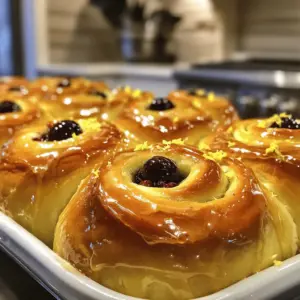 To make these sweet rolls, you need a few key items. Here’s what you’ll need: - 3 cups all-purpose flour - 1/4 cup granulated sugar - 1 packet (2 1/4 teaspoons) instant yeast - 1/2 teaspoon salt - 1 cup whole milk, warmed - 1/4 cup unsalted butter, melted - 1 large egg - 1 cup huckleberries (fresh or frozen) - Zest of 1 lemon - 2 tablespoons lemon juice - 1/4 teaspoon ground cinnamon For the lemon glaze, gather these items: - 1 cup powdered sugar - 2 tablespoons lemon juice - 1 tablespoon milk Huckleberries are the star of this recipe. If you can’t find them, blueberries work well too. They offer a similar taste but with less tang. For a twist, try adding raspberries. Using fresh lemon zest gives a bright flavor. If you don’t have fresh lemons, bottled lemon juice is a good option, but the zest will lack freshness. Fresh huckleberries shine in this recipe, giving the rolls a burst of flavor. They keep their shape and offer a juicy texture. Frozen huckleberries are fine if fresh ones are not available. They are convenient and still taste great. Just be sure to thaw and drain excess liquid. This keeps the dough from getting too soggy. You’ll find that fresh berries add a vibrant color. Frozen berries may be less vibrant but will still taste delicious. Always choose the best you can find, as it makes a big difference in taste. Start by mixing 2 cups of flour, sugar, instant yeast, and salt in a large bowl. In another bowl, combine warmed milk, melted butter, and egg. Whisk until blended. Pour the wet mix into the dry ingredients. Stir until it combines. Gradually add the remaining flour until the dough is slightly sticky. Turn the dough onto a floured surface. Knead for 5-7 minutes until smooth. Place the dough in a greased bowl, cover it, and let it rise for about 1 hour. The dough should double in size. After the dough has risen, punch it down gently. Roll it out into a rectangle about 12x18 inches. Spread the huckleberries evenly over the dough. Sprinkle lemon zest, lemon juice, and ground cinnamon on top. Roll the dough tightly from the long side. Pinch the seam to seal it well. Cut the roll into 12 equal pieces. Place each piece in a greased baking dish. Cover with a towel and let them rise for another 30 minutes. Preheat your oven to 375°F (190°C). Bake the rolls for 20-25 minutes until they turn golden brown. While they bake, whisk together powdered sugar, lemon juice, and milk for the glaze. Once the rolls are done, let them cool for about 10 minutes. Drizzle the glaze over the warm rolls. Enjoy this sweet, tangy treat! For the complete recipe, check the Full Recipe above. To make soft and fluffy Huckleberry Lemon Sweet Rolls, it’s key to knead the dough well. Knead it for about 5-7 minutes, until it feels smooth and elastic. This helps the dough develop gluten, giving it a nice rise. Also, let the dough rise in a warm spot. A warm kitchen helps the yeast work better. Covering the bowl with a towel keeps the heat in. One common mistake is using cold milk. Always warm the milk to about 110°F (43°C). This temperature helps the yeast activate properly. If you add too much flour while kneading, the rolls can turn dry. Start with less flour, adding more as needed. Lastly, don’t skip the second rise. This step makes the rolls fluffy and airy. Having the right tools makes baking easier. Use a large mixing bowl for the dough. A wooden spoon or your hands works well for mixing. A rolling pin is great for rolling out the dough evenly. Also, a sharp knife or dental floss helps cut the rolls neatly. A kitchen thermometer is useful for checking milk temperature. With these tools, you’ll create perfect Huckleberry Lemon Sweet Rolls every time! For the complete steps, refer to the Full Recipe. {{image_2}} You can mix things up with other fruits. Blueberries or raspberries work well. Try adding a splash of vanilla or almond extract for a twist. You can also blend in some citrus zest. Orange or lime zest will brighten the rolls, giving them a lively flavor. Just remember that balance is key. Too much can overpower the huckleberries. If you need gluten-free rolls, substitute all-purpose flour. Use a 1-to-1 gluten-free blend. This will help you achieve a similar texture. Make sure the blend has xanthan gum in it. This helps the dough rise and keeps it soft. Follow the same steps in the Full Recipe, and you’ll have delightful gluten-free sweet rolls. To make these rolls vegan, swap the egg with a flax egg. Mix one tablespoon of ground flaxseed with two and a half tablespoons of water. Let it sit for five minutes to thicken. Use almond or oat milk in place of whole milk, and coconut oil instead of butter. These simple swaps keep the rolls soft and tasty while being dairy-free. Enjoy experimenting with these variations! To keep your Huckleberry Lemon Sweet Rolls soft, store them in an airtight container. Place them at room temperature. Avoid direct sunlight or heat. They will stay fresh for up to three days. If you want to keep them longer, consider freezing. To reheat leftover rolls, preheat your oven to 350°F (175°C). Place the rolls on a baking sheet. Cover them with foil to prevent drying out. Heat for about 10-15 minutes until warm. You can also use the microwave. Heat them for 15-20 seconds at a time. Check to avoid overheating, as this may make them tough. You can freeze Huckleberry Lemon Sweet Rolls for up to three months. First, let the rolls cool completely. Wrap each roll tightly in plastic wrap. Then, place them in a freezer-safe bag. Label the bag with the date. When you’re ready to enjoy, thaw them overnight in the fridge. Reheat as mentioned earlier for the best taste. Yes, you can make Huckleberry Lemon Sweet Rolls ahead of time. Prepare the dough and let it rise. After the first rise, shape the rolls and place them in your baking dish. Cover them and store in the fridge overnight. The next day, let them rise for about 30 minutes before baking. This method saves time and makes for a fresh breakfast. If you can't find huckleberries, use blueberries or blackberries instead. Both fruits provide a sweet and tart flavor similar to huckleberries. You can also try mixed berries for a unique twist. Just remember to adjust the sugar if the berries are sweeter than huckleberries. To make the rolls less sweet, reduce the sugar in the dough. You can cut the granulated sugar to 2 tablespoons. For the glaze, use less powdered sugar or omit it entirely. You can also add a pinch of salt to balance the flavors. You can find pre-made Huckleberry Lemon Sweet Rolls at local bakeries or specialty stores. Some grocery stores may carry them in their bakery section. If you can’t locate any nearby, consider looking online. Many bakeries offer shipping for their products. These Huckleberry Lemon Sweet Rolls are a true treat. We covered the key ingredients, focusing on fresh huckleberries. I shared step-by-step instructions to guide your baking process. Tips and tricks help you avoid common mistakes for soft rolls. We also explored various recipe adaptations that suit different diets. Finally, I provided advice on storing and reheating these rolls. Enjoy your baking adventure, and remember to share your delicious creations!