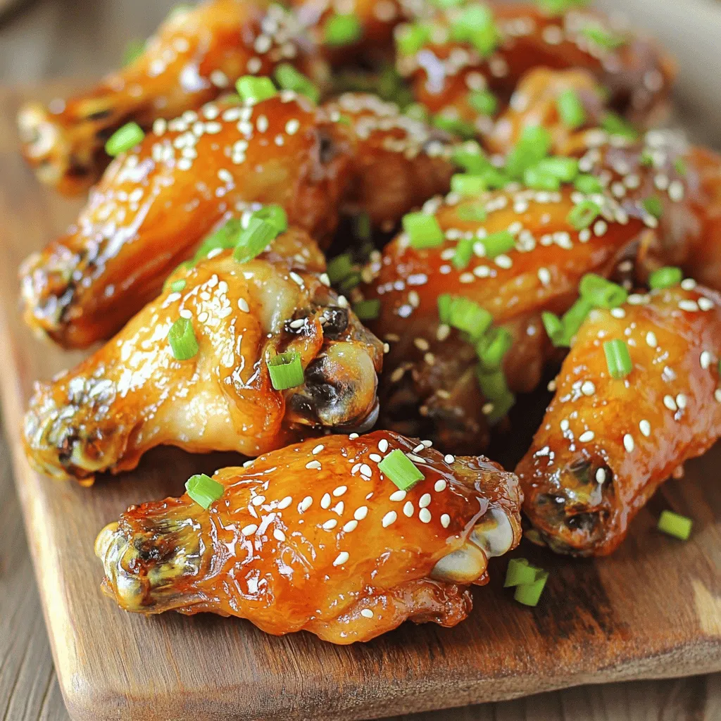 To make these tasty honey garlic chicken wings, you need the following items: - 2 pounds chicken wings - 1/4 cup honey - 1/4 cup soy sauce (low sodium is best) - 4 cloves garlic, minced - 1 teaspoon ground ginger - 1 teaspoon sesame oil - 1 tablespoon apple cider vinegar - Salt and pepper to taste Each of these ingredients plays a key role in creating a sweet and savory glaze. The honey gives a nice sweetness, while the soy sauce adds depth. Garlic and ginger provide a warm flavor that makes the wings irresistible. For a touch of flair, consider adding these garnishes: - Sesame seeds - Chopped green onions These garnishes not only add color but also enhance the dish's flavor. They give the wings a nice crunch and freshness. If you need to swap any items, here are some ideas: - Use agave syrup instead of honey for a vegan option. - Coconut aminos can replace soy sauce if you want a gluten-free choice. - If you lack fresh garlic, garlic powder works in a pinch. These substitutions allow you to customize the recipe to fit your diet or pantry. Enjoy making these wings your own! To make the marinade, gather a large mixing bowl. Add 1/4 cup of honey, 1/4 cup of soy sauce, and 4 minced garlic cloves. Then, mix in 1 teaspoon of ground ginger, 1 teaspoon of sesame oil, and 1 tablespoon of apple cider vinegar. Stir everything well until combined. This rich mixture will soak into the chicken wings, adding great flavor. Take 2 pounds of chicken wings and place them in the bowl with the marinade. Make sure all the wings are well-coated. Cover the bowl with plastic wrap or a lid. Refrigerate for at least 30 minutes. For the best taste, let them marinate for up to 2 hours. This step helps the wings absorb all the tasty flavors. First, preheat your air fryer to 375°F (190°C). After marinating, remove the wings from the bowl. Let any excess marinade drip off. Now, season the wings with salt and pepper to taste. Arrange them in a single layer in the air fryer basket. Don’t overcrowd the basket; it’s best to cook in batches. Cook the wings for 25-30 minutes. Flip them halfway through cooking for even crispiness. While the wings are cooking, take the leftover marinade and pour it into a small saucepan. Bring it to a boil, then reduce the heat and let it simmer for about 5 minutes. This will thicken the sauce slightly. Once the wings are golden and crispy, drizzle the thickened marinade over them. Toss gently to coat. Serve the wings hot, topped with sesame seeds and chopped green onions for a perfect finish. Enjoy your delicious honey garlic wings! To make your wings crispy, start with dry chicken. Pat the wings with paper towels before marinating. This helps the skin crisp up in the air fryer. Cook the wings in a single layer. If they touch, they won't get as crispy. Flip them halfway through cooking. This ensures even crispiness on all sides. Marinate your wings for at least 30 minutes. For the best flavor, aim for 2 hours. Use fresh garlic for a stronger taste. The mixture of honey and soy sauce gives a sweet and salty balance. Adding ground ginger and sesame oil adds depth. Don't skip the apple cider vinegar. It brightens the flavor and balances the sweetness. Cleaning your air fryer is easy! Always let it cool down first. Remove the basket and tray. Soak them in warm, soapy water. Use a soft sponge to clean any stuck food. Avoid metal scrubbers. They can scratch your air fryer. Wipe the inside of the air fryer with a damp cloth. Keep it clean for longer use. {{image_2}} If you like heat, add chili flakes or hot sauce to the marinade. A teaspoon of cayenne pepper can spice things up. You can also use sriracha for a tangy kick. Adjust the heat to match your taste. This adds a new layer to the sweet honey and garlic combo. You don't have to stick with chicken wings. You can use chicken thighs or drumsticks instead. The cooking time may change slightly, so keep an eye on them. For a lighter option, try these flavors with shrimp. Just adjust cooking time to avoid overcooking. Want to skip meat? Use cauliflower florets for a veggie twist. Toss them in the same marinade and cook in the air fryer. You can also try tofu for a protein-packed option. Just press the tofu to remove moisture before marinating. Both options will soak up the sweet and savory flavors. To keep your leftover wings fresh, let them cool first. Place them in an airtight container. You can store them in the fridge for up to 3 days. If you want them to last longer, consider freezing them. When you want to enjoy your wings again, use your air fryer for the best results. Preheat the air fryer to 375°F (190°C). Place the wings in a single layer. Heat them for about 10 minutes, flipping halfway. This method keeps them crispy and tasty. If you want to prepare ahead, freeze the marinated wings. After coating them in the honey garlic mix, place them in a freezer-safe bag. Remove as much air as possible before sealing. They can stay in the freezer for up to 3 months. When ready, thaw them in the fridge overnight before cooking. Yes, you can use frozen chicken wings. Just remember to thaw them first. Thaw them in the fridge overnight. This helps the wings cook evenly. If you use frozen wings, you may need to add extra cooking time. Check the internal temperature; it should reach 165°F (75°C). Marinate the wings for at least 30 minutes. For the best flavor, aim for 2 hours. A longer marination time allows the flavors to soak in. If time is tight, even a quick 30-minute soak works well. Just make sure all wings are coated in the marinade. You can serve honey garlic chicken wings with many sides. Some great options include: - Celery sticks - Carrot sticks - Ranch or blue cheese dressing - A fresh garden salad - Steamed rice or fried rice These sides complement the sweet and savory flavors of the wings. Enjoy! Honey garlic chicken wings are easy and tasty. You learned about the main ingredients, tips, and cooking steps. You can use the air fryer for crispness and flavor. Variations, like spicy or veggie options, add fun twists. Storing leftovers or reheating is simple. Now you’re ready to make your wings perfect each time. Enjoy making them your way!