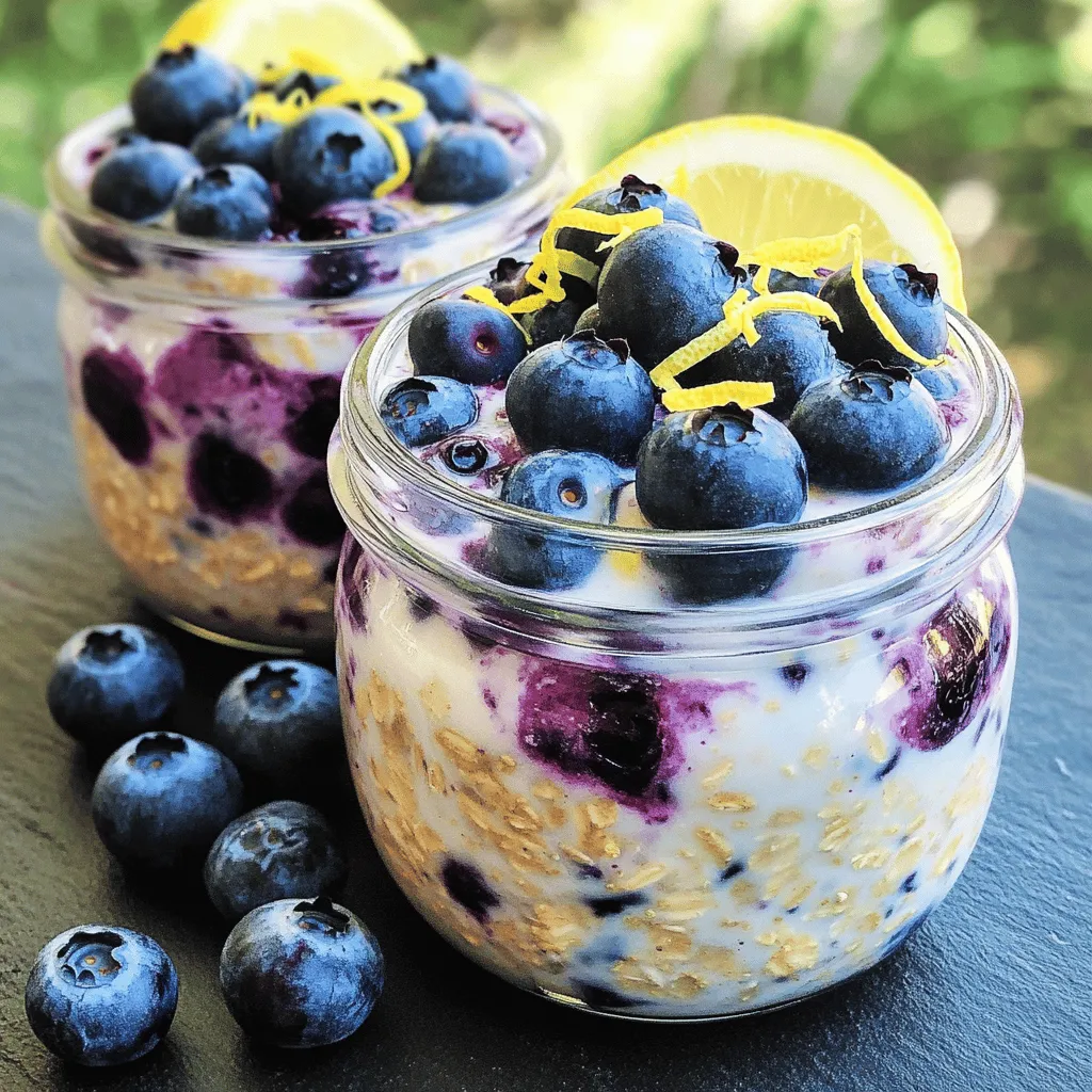 - 1 cup rolled oats - 2 cups almond milk (or any milk of choice) - 1 cup fresh blueberries - Zest of 1 lemon - 2 tablespoons honey or maple syrup (adjust to taste) - 1 tablespoon chia seeds - 1/2 teaspoon vanilla extract - Pinch of salt - 1/4 cup Greek yogurt (optional for creaminess) Rolled oats are a great source of fiber. They help you feel full longer. Almond milk is low in calories and rich in vitamins. Fresh blueberries provide antioxidants that are good for your health. Lemon zest adds a bright taste and vitamin C. Honey or maple syrup gives natural sweetness and energy. Chia seeds offer omega-3 fatty acids and keep you satisfied. Greek yogurt adds creaminess and protein, making your oats more filling. If you need a dairy-free option, use any plant-based milk. Coconut milk or oat milk works well. For sweetness, try agave syrup if you want a lower glycemic index. You can skip Greek yogurt if you need a vegan recipe. For gluten-free oats, ensure your rolled oats are certified gluten-free. If you have nut allergies, use soy or rice milk instead of almond milk. Start with a mixing bowl. Measure out 1 cup of rolled oats. Pour in 2 cups of almond milk. Add the zest of 1 lemon for a bright flavor. Sweeten with 2 tablespoons of honey or maple syrup. You can adjust the sweetness to your taste. Then, add 1 tablespoon of chia seeds for texture. Include 1/2 teaspoon of vanilla extract for warmth. Finally, add a pinch of salt to balance the flavors. Stir all the ingredients in the bowl until they blend well. Make sure the oats are evenly coated. Next, gently fold in 1 cup of fresh blueberries. Save a few blueberries for later to use as a garnish. If you want creaminess, stir in 1/4 cup of Greek yogurt now. This step is optional but highly recommended for a richer taste. Divide the oat mix into two mason jars or airtight containers. Seal them tightly to keep the flavors fresh. Place the jars in the fridge overnight. If you’re short on time, let them soak for at least 4 hours. This step allows the oats to absorb the liquid and flavors. In the morning, stir the oats well. If they feel too thick, add a splash of milk to reach your desired consistency. Top with the reserved blueberries and extra lemon zest before enjoying. To create the best texture for your overnight oats, use rolled oats. They soak up liquid well and become creamy overnight. If you want a thicker mix, add a bit more oats. For a creamier oats bowl, stir in Greek yogurt. This step adds richness and flavor. Remember to check the consistency in the morning. If it’s too thick, splash in some extra milk to loosen it up. Overnight oats are a breeze for meal prep. You can make them in just 10 minutes. Use mason jars or airtight containers to store them. This way, they stay fresh and easy to grab. Prepare multiple servings at once for busy mornings. You can customize each jar with different fruits or toppings. Keep them in the fridge for up to four days. Just remember to stir before serving. Toppings can take your blueberry lemon oats to the next level. Fresh blueberries add a burst of flavor. Lemon zest gives a bright taste that pairs well with the oats. You can also sprinkle nuts for crunch or drizzle honey for extra sweetness. Try adding seeds or coconut flakes for added texture. Mix and match your favorite toppings to make each bowl unique and exciting. {{image_2}} To make vegan blueberry lemon overnight oats, swap the honey for maple syrup. This keeps the sweetness while staying plant-based. Use almond milk or any other plant milk you like. You can also skip Greek yogurt for extra creaminess. These oats will still taste great and fill you up. If you need a gluten-free option, use certified gluten-free oats. Most rolled oats are safe, but check the label. All other ingredients in this recipe are already gluten-free. This means you can enjoy your blueberry lemon oats without worry. Feel free to mix and match flavors! Try adding strawberries or raspberries for a berry medley. You can also swap lemon zest for orange zest for a different twist. If you love nuts, add some chopped almonds or walnuts for crunch. Even a sprinkle of cinnamon can add warmth and depth. Experimenting with flavors makes breakfast exciting! To keep your blueberry lemon overnight oats fresh, store them in airtight containers. Glass mason jars work great. Always seal the jars tightly to prevent air from getting in. Place your jars in the fridge right after making them. This helps the oats soak up all the flavors. Your overnight oats will stay good in the fridge for up to five days. If you want to make a big batch, you can freeze them. Just remember to leave some space in the container for expansion. When you are ready to eat, thaw them in the fridge overnight. You can eat your overnight oats cold or warm them up. If you prefer them warm, simply microwave them for about 30 seconds. Stir well and check the temperature. Add a splash of almond milk if they seem too thick. Top with more blueberries and lemon zest for a fresh look. Yes, you can use frozen blueberries in your overnight oats. They add great flavor and nutrition. Just mix them in while frozen. They will thaw overnight and blend well. This option is perfect if fresh blueberries are not available. To lower the sugar, you can reduce the honey or maple syrup. You can replace it with a sugar-free sweetener, like stevia or erythritol. You can also skip the sweetener entirely if you prefer a more natural taste. The natural sweetness from the blueberries and lemon zest still gives good flavor. Yes, you can make overnight oats without chia seeds. They help thicken the oats, but you can skip them. Just add a bit more oats or use Greek yogurt for creaminess. Your oats will still taste great. Yes, you can prepare these oats for a week. Just make sure to store them in airtight containers. They stay fresh in the fridge for up to five days. You can layer different fruit toppings each day for variety. Many milk alternatives work well in overnight oats. Almond milk, soy milk, and oat milk are all great choices. Each gives a different flavor, so try them to see which you like best. Coconut milk can add a nice tropical twist, too. In this blog post, we covered how to make overnight oats. We explored key ingredients and their benefits. You learned about substitutions for special diets and the steps for making this dish. I shared tips on achieving the right texture and how to store and reheat your oats. You also discovered tasty variations to try. Remember, overnight oats are versatile and easy to adapt. Enjoy experimenting to find your perfect mix!