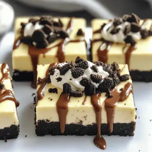 To make No Bake Oreo Cheesecake Bars, you need: - 24 Oreo cookies, crushed - 4 tablespoons unsalted butter, melted - 16 oz cream cheese, softened - 1 cup powdered sugar - 1 teaspoon vanilla extract - 1 cup whipped cream (store-bought or homemade) - 8-10 Oreo cookies, coarsely chopped (for topping) Choose fresh ingredients for the best taste. Look for cream cheese that is smooth and soft. Check the expiration date on the package. For the whipped cream, pick one with no added sugars to keep it light. When selecting Oreos, make sure the package is sealed well. Fresh cookies will crush better and taste great. You can change some ingredients if needed. If you are dairy-free, use a dairy-free cream cheese. Coconut cream can be a good swap for whipped cream. For those who can’t eat gluten, choose gluten-free cookies. Always check labels for allergens. If you have nut allergies, ensure your whipped cream is nut-free. First, gather your ingredients. You need 24 crushed Oreo cookies and 4 tablespoons of melted unsalted butter. In a mixing bowl, combine these two ingredients. Mix until it looks like wet sand. This texture is key for a solid crust. Next, take a lined 9x9-inch baking dish. Press the Oreo mixture firmly into the bottom. Use the back of a measuring cup to pack it tightly. Make sure it is even across the dish. This step gives you a strong base for your cheesecake. In a separate bowl, beat 16 ounces of softened cream cheese with an electric mixer. Mix until it is creamy and smooth. Then, add in 1 cup of powdered sugar and 1 teaspoon of vanilla extract. Keep mixing until everything is well blended. Now, gently fold in 1 cup of whipped cream. This will give your filling a light and airy texture. Make sure not to overmix; you want to keep that fluffy feel. Pour the creamy cheesecake filling over the crust in the baking dish. Use a spatula to spread it evenly. Next, take 8 to 10 coarsely chopped Oreo cookies and sprinkle them on top. Press them down slightly to make sure they stick. Cover the dish with plastic wrap. Place it in the refrigerator for at least 4 hours. This helps the cheesecake layer set well. Once set, cut it into bars and serve chilled. Enjoy your rich and creamy Oreo cheesecake bars! To get the best texture in your cheesecake bars, ensure your cream cheese is soft. Take it out of the fridge an hour before mixing. When you beat it, mix until it's creamy. Adding the whipped cream gently keeps the mix light. This helps create a rich and airy filling. Store your leftover bars in an airtight container. This keeps them fresh and prevents drying out. Place a piece of wax paper between layers to avoid sticking. You can also cover them tightly with plastic wrap. They last up to five days in the fridge. For a stunning look, serve the bars on a nice platter. Drizzle chocolate sauce over the top for flair. You can also add extra whipped cream on the side. Sprinkle some crushed Oreos for a fun touch. These small details make your dessert pop! {{image_2}} You can change the flavor of your cheesecake bars easily. Here are some ideas to try: - Peanut Butter: Mix in ½ cup of creamy peanut butter with the cream cheese for a nutty twist. - Mint: Add 1 teaspoon of mint extract to the cream cheese for a refreshing taste. - Chocolate: Stir in ½ cup of melted chocolate to the filling for a rich chocolate flavor. These add-ins let you customize the bars to your taste. Feel free to experiment and find your favorite! The toppings make your cheesecake bars fun and tasty. Here are some fun options: - Chocolate Drizzle: Melt chocolate and drizzle it over the top for extra sweetness. - Caramel Sauce: Add caramel sauce for a rich, sweet flavor. - Fresh Berries: Top with strawberries or raspberries for a fruity touch. These toppings not only add flavor, but they also look great. Get creative with your choices! If you want to make mini versions, it’s easy! Just follow these steps: 1. Use a mini muffin tin and line each cup with liners. 2. Press the Oreo crust into the bottom of each cup. 3. Fill them with the cheesecake mixture. 4. Top with chopped Oreos and refrigerate until set. These mini bars are perfect for parties or snacks. They are cute and easy to eat! To keep your No Bake Oreo Cheesecake Bars fresh, store them in the fridge. Use an airtight container to prevent any odors from ruining the taste. You can also cover the dish tightly with plastic wrap. Make sure the bars are fully chilled before sealing them. The cold helps maintain their rich and creamy texture. You can freeze these bars for later enjoyment. Cut them into squares before freezing. Wrap each piece in plastic wrap and place them in a freezer-safe container. Label the container with the date. They will stay fresh for up to three months. When ready to eat, thaw them in the fridge overnight. In the refrigerator, these cheesecake bars last about five days. If you follow the freezing instructions, they can last for three months. Always check for any signs of spoilage before serving. If you see any changes in color or smell, it’s best to discard them for safety. Yes, you can make these bars a day or two ahead of time. They taste great when chilled and allow the flavors to mix well. Just cover them tightly with plastic wrap and store them in the fridge. This way, you save time on the day you want to serve them. If you want to swap out cream cheese, try using Greek yogurt or mascarpone cheese. Both options give a creamy texture. Greek yogurt adds a bit of tang, while mascarpone is rich and smooth. Choose based on your taste and what you have at home. You can tell the cheesecake layer is set when it feels firm to the touch. After chilling for at least four hours, check the edges first. They should feel solid and not jiggle too much in the center. If you press gently, it should feel like a soft pillow rather than liquid. You learned about tasty Oreo cheesecake bars today. We covered ingredients, step-by-step instructions, and tips for storing. Remember to choose quality ingredients for the best results. You can also try fun variations to make them your own. Lastly, keep your bars fresh with proper storage. I hope you enjoy making and sharing these delicious treats!