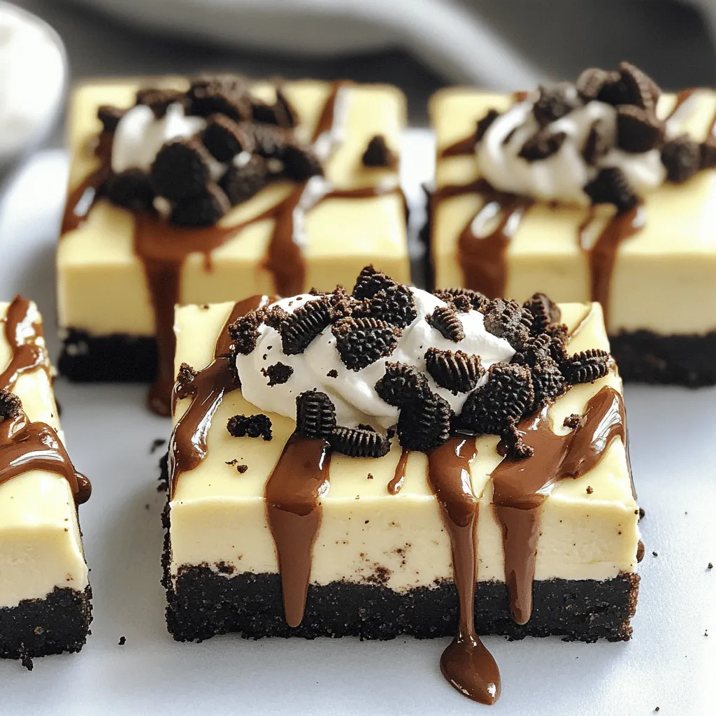 To make No Bake Oreo Cheesecake Bars, you need: - 24 Oreo cookies, crushed - 4 tablespoons unsalted butter, melted - 16 oz cream cheese, softened - 1 cup powdered sugar - 1 teaspoon vanilla extract - 1 cup whipped cream (store-bought or homemade) - 8-10 Oreo cookies, coarsely chopped (for topping) Choose fresh ingredients for the best taste. Look for cream cheese that is smooth and soft. Check the expiration date on the package. For the whipped cream, pick one with no added sugars to keep it light. When selecting Oreos, make sure the package is sealed well. Fresh cookies will crush better and taste great. You can change some ingredients if needed. If you are dairy-free, use a dairy-free cream cheese. Coconut cream can be a good swap for whipped cream. For those who can’t eat gluten, choose gluten-free cookies. Always check labels for allergens. If you have nut allergies, ensure your whipped cream is nut-free. First, gather your ingredients. You need 24 crushed Oreo cookies and 4 tablespoons of melted unsalted butter. In a mixing bowl, combine these two ingredients. Mix until it looks like wet sand. This texture is key for a solid crust. Next, take a lined 9x9-inch baking dish. Press the Oreo mixture firmly into the bottom. Use the back of a measuring cup to pack it tightly. Make sure it is even across the dish. This step gives you a strong base for your cheesecake. In a separate bowl, beat 16 ounces of softened cream cheese with an electric mixer. Mix until it is creamy and smooth. Then, add in 1 cup of powdered sugar and 1 teaspoon of vanilla extract. Keep mixing until everything is well blended. Now, gently fold in 1 cup of whipped cream. This will give your filling a light and airy texture. Make sure not to overmix; you want to keep that fluffy feel. Pour the creamy cheesecake filling over the crust in the baking dish. Use a spatula to spread it evenly. Next, take 8 to 10 coarsely chopped Oreo cookies and sprinkle them on top. Press them down slightly to make sure they stick. Cover the dish with plastic wrap. Place it in the refrigerator for at least 4 hours. This helps the cheesecake layer set well. Once set, cut it into bars and serve chilled. Enjoy your rich and creamy Oreo cheesecake bars! To get the best texture in your cheesecake bars, ensure your cream cheese is soft. Take it out of the fridge an hour before mixing. When you beat it, mix until it's creamy. Adding the whipped cream gently keeps the mix light. This helps create a rich and airy filling. Store your leftover bars in an airtight container. This keeps them fresh and prevents drying out. Place a piece of wax paper between layers to avoid sticking. You can also cover them tightly with plastic wrap. They last up to five days in the fridge. For a stunning look, serve the bars on a nice platter. Drizzle chocolate sauce over the top for flair. You can also add extra whipped cream on the side. Sprinkle some crushed Oreos for a fun touch. These small details make your dessert pop! {{image_2}} You can change the flavor of your cheesecake bars easily. Here are some ideas to try: - Peanut Butter: Mix in ½ cup of creamy peanut butter with the cream cheese for a nutty twist. - Mint: Add 1 teaspoon of mint extract to the cream cheese for a refreshing taste. - Chocolate: Stir in ½ cup of melted chocolate to the filling for a rich chocolate flavor. These add-ins let you customize the bars to your taste. Feel free to experiment and find your favorite! The toppings make your cheesecake bars fun and tasty. Here are some fun options: - Chocolate Drizzle: Melt chocolate and drizzle it over the top for extra sweetness. - Caramel Sauce: Add caramel sauce for a rich, sweet flavor. - Fresh Berries: Top with strawberries or raspberries for a fruity touch. These toppings not only add flavor, but they also look great. Get creative with your choices! If you want to make mini versions, it’s easy! Just follow these steps: 1. Use a mini muffin tin and line each cup with liners. 2. Press the Oreo crust into the bottom of each cup. 3. Fill them with the cheesecake mixture. 4. Top with chopped Oreos and refrigerate until set. These mini bars are perfect for parties or snacks. They are cute and easy to eat! To keep your No Bake Oreo Cheesecake Bars fresh, store them in the fridge. Use an airtight container to prevent any odors from ruining the taste. You can also cover the dish tightly with plastic wrap. Make sure the bars are fully chilled before sealing them. The cold helps maintain their rich and creamy texture. You can freeze these bars for later enjoyment. Cut them into squares before freezing. Wrap each piece in plastic wrap and place them in a freezer-safe container. Label the container with the date. They will stay fresh for up to three months. When ready to eat, thaw them in the fridge overnight. In the refrigerator, these cheesecake bars last about five days. If you follow the freezing instructions, they can last for three months. Always check for any signs of spoilage before serving. If you see any changes in color or smell, it’s best to discard them for safety. Yes, you can make these bars a day or two ahead of time. They taste great when chilled and allow the flavors to mix well. Just cover them tightly with plastic wrap and store them in the fridge. This way, you save time on the day you want to serve them. If you want to swap out cream cheese, try using Greek yogurt or mascarpone cheese. Both options give a creamy texture. Greek yogurt adds a bit of tang, while mascarpone is rich and smooth. Choose based on your taste and what you have at home. You can tell the cheesecake layer is set when it feels firm to the touch. After chilling for at least four hours, check the edges first. They should feel solid and not jiggle too much in the center. If you press gently, it should feel like a soft pillow rather than liquid. You learned about tasty Oreo cheesecake bars today. We covered ingredients, step-by-step instructions, and tips for storing. Remember to choose quality ingredients for the best results. You can also try fun variations to make them your own. Lastly, keep your bars fresh with proper storage. I hope you enjoy making and sharing these delicious treats!