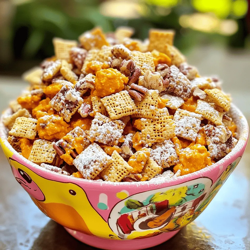 - 4 cups Chex cereal (rice or corn) - 1 cup creamy peanut butter - 1 cup canned pumpkin puree - 1 teaspoon vanilla extract - 1/2 teaspoon pumpkin pie spice - 1 cup powdered sugar - 1/2 cup chocolate chips (optional for extra flavor) - 1/4 cup chopped nuts (e.g., walnuts or pecans) This Peanut Butter Pumpkin Puppy Chow has simple and tasty ingredients. The Chex cereal gives it a nice crunch. The creamy peanut butter adds richness, while the canned pumpkin puree brings moisture and flavor. Don't forget the vanilla extract and pumpkin pie spice to elevate the taste! You can use powdered sugar to coat the mixture, adding sweetness. If your pup loves chocolate, you can melt chocolate chips to drizzle on top. Chopped nuts can add texture and flavor too. Just make sure to introduce nuts slowly to your dog's diet. First, grab a large mixing bowl. In it, combine these ingredients: - 1 cup creamy peanut butter - 1 cup canned pumpkin puree - 1 teaspoon vanilla extract - 1/2 teaspoon pumpkin pie spice Mix until smooth. The flavors will blend well and smell nice! Next, take another large bowl. Measure out 4 cups of Chex cereal. You can use rice or corn Chex. Set this bowl aside for now. Now, pour the peanut butter mixture over the Chex cereal. Gently stir to coat each piece. Be careful not to break the cereal. Once it’s coated, transfer everything into a large resealable plastic bag. Add 1 cup of powdered sugar to the bag. Seal it tightly. Shake well until the cereal is fully covered in sugar. It should be nice and sweet! If you want to add chocolate, grab some chocolate chips. Place 1/2 cup of them in a microwave-safe bowl. Microwave in 30-second intervals. Stir after each interval until it’s smooth. Drizzle the melted chocolate over the coated cereal. If you like, you can mix in 1/4 cup of chopped nuts too. Spread the puppy chow onto a parchment-lined baking sheet. Let it cool for about 15-20 minutes. After that, you can serve it in a fun bowl or store it in an airtight container. Enjoy making this treat for your furry friend! To mix the puppy chow without breaking the cereal, use a gentle touch. Start by pouring the peanut butter and pumpkin mixture over the Chex cereal. Then, use a spatula or a large spoon. Stir slowly and carefully. This helps keep the cereal pieces intact. For an even coating with sugar, seal your mixture in a resealable plastic bag. After adding the powdered sugar, press out the air and seal it tightly. Shake the bag gently. This method ensures each piece gets coated evenly without clumping. For fun presentations, serve the puppy chow in a dog-themed bowl. You can also use treat bags for gifting. Choose colorful bags and tie them with a ribbon. This adds a special touch. Consider adding a sprinkle of extra powdered sugar on top before serving. It gives a festive look that is sure to delight both dogs and their owners! {{image_2}} If you want to switch things up, try using different nut butters. Almond butter or cashew butter can work well. Just ensure that your dog is not allergic. Each nut butter has its own taste and texture, adding unique flavors to the treat. You can also play with spices. Instead of pumpkin pie spice, try cinnamon or ginger. These spices add warmth and can enhance the flavor. Just a pinch can make a big difference. Adding dried fruits can boost the flavor and nutrients. Consider small pieces of apples, blueberries, or cranberries. Just be sure they are safe for dogs. Some fruits can be harmful, so do your research. Incorporating carob is a great chocolate substitute. Carob is safe for dogs and offers a sweet taste. It has a similar texture to chocolate, making it an excellent choice for this treat. You can melt it like chocolate and drizzle it on top for added flavor. These variations keep your Peanut Butter Pumpkin Puppy Chow exciting and tasty! To keep your Peanut Butter Pumpkin Puppy Chow fresh, use an airtight container. This helps keep moisture out and maintains crunchiness. It's best to store it in a cool, dry place. If stored properly, it can last up to two weeks. For longer storage, consider freezing as it preserves the treat well. You can freeze your puppy chow for up to three months. To freeze, place the puppy chow in an airtight bag or container. Remove as much air as possible to avoid freezer burn. When you want to enjoy it, take it out and let it thaw at room temperature. This process usually takes about an hour. Enjoy the treat fresh and tasty! Can dogs eat pumpkin? Yes, dogs can eat pumpkin. It is safe and healthy for them. Pumpkin helps with digestion. It is rich in fiber and vitamins. Just use plain canned pumpkin, not pie filling. Is Peanut Butter Puppy Chow safe for all dog breeds? Peanut Butter Puppy Chow is safe for most dog breeds. Always check for allergies first. Some dogs may have issues with peanut butter. If unsure, consult your vet. How long can I store homemade puppy chow? You can store homemade puppy chow for up to two weeks. Keep it in an airtight container. Make sure it stays cool and dry to keep it fresh. Can I make it lower in calories? Yes, you can make it lower in calories. Use less peanut butter or a light version. You can skip the powdered sugar too. Substitute with a small amount of honey for sweetness. What can I use instead of Chex cereal? You can use other cereals like Rice Krispies or oat cereal. Just ensure they are safe for dogs. You can also use popped popcorn, but avoid butter and salt. This blog post covered how to make Peanut Butter Pumpkin Puppy Chow, from the main and optional ingredients to final storage tips. You learned step-by-step instructions to create a tasty treat for your dog. Remember, mixing carefully ensures the cereal stays whole, and feel free to try variations for fun flavors. Proper storage keeps your treats fresh longer. Enjoy making this fun snack, and your dog will surely love it!