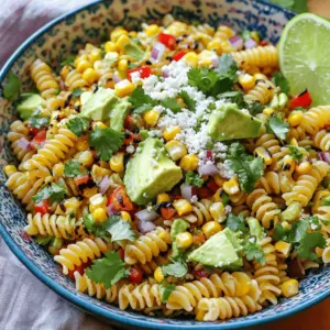 What is Mexican street corn pasta salad? It is a fun dish that mixes pasta and flavors from elote, which is Mexican street corn. You get the sweet taste of corn, the crunch of peppers, and the creaminess of avocado all in one bowl. What do I need to make this dish? You will need: - 8 oz fusilli pasta - 1 cup corn kernels (fresh or frozen) - 1 red bell pepper, diced - 1/2 red onion, finely chopped - 1/2 cup cotija cheese, crumbled - 1 avocado, diced - 1/4 cup fresh cilantro, chopped - 2 tablespoons lime juice - 3 tablespoons olive oil - 1 teaspoon chili powder - 1/2 teaspoon cumin - Salt and pepper to taste - Optional: 1 jalapeño, diced (for added heat) How do I cook the pasta? First, boil water in a large pot. Add salt to it. Then, add the fusilli pasta and cook until it is al dente. This means it has a slight bite to it. After cooking, drain the pasta and rinse it under cold water. This stops it from cooking more. Set the pasta aside. How do I prepare the corn? If you have fresh corn, grill or sauté it in a skillet over medium heat. Cook it for about 5 minutes until it has a nice char. If you use frozen corn, thaw it under hot water and drain it well. What about the dressing? In a small bowl, whisk together lime juice, olive oil, chili powder, cumin, salt, and pepper. Taste it and adjust the seasoning if needed. This dressing gives the salad a tangy kick. How do I put it all together? In a large mixing bowl, combine the cooked pasta, corn, red bell pepper, red onion, cotija cheese, diced avocado, and cilantro. Pour the dressing over the salad and toss gently. Make sure everything is coated well. Do I need to chill it? Yes! Let the salad sit in the fridge for about 30 minutes. This allows the flavors to blend and taste even better. If you like heat, add diced jalapeño just before serving. How should I present it? Serve the salad in a colorful bowl. Top it with extra cilantro and a sprinkle of cotija cheese. A lime wedge on the side adds a nice touch. This dish is not just tasty; it looks great too! Conclusion Error: Connection error.