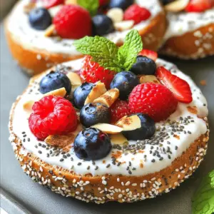 To make Greek yogurt bagel bites, you'll need some simple, fresh ingredients. Here's what to gather: - 2 whole grain bagels, sliced into halves - 1 cup Greek yogurt (plain, full-fat or low-fat) - 1 tablespoon honey - 1 teaspoon vanilla extract - 1 cup mixed berries (strawberries, blueberries, raspberries) - 2 tablespoons chia seeds - 2 tablespoons sliced almonds or walnuts (optional) - A pinch of cinnamon (for garnish) - Fresh mint leaves (for garnish) Each ingredient adds flavor and texture. Whole grain bagels offer a hearty base. Greek yogurt makes the bites creamy and rich. Honey and vanilla give a touch of sweetness. Mixed berries bring color and freshness. Chia seeds add crunch and nutrition. You can top it with nuts for extra texture. Cinnamon provides a warm touch, while mint leaves brighten the dish. With these ingredients, you'll create a tasty and fun snack. - Mixing the yogurt blend: Start by grabbing a bowl. Add 1 cup of Greek yogurt, 1 tablespoon of honey, and 1 teaspoon of vanilla extract. Mix them well until they become creamy. This blend gives the bagel bites a sweet and rich flavor. - Spreading the yogurt on bagel halves: Take your two whole grain bagels and slice them in half. Use a spatula to spread a generous layer of the yogurt mix on each half. Make sure to cover the bagel completely for the best taste. - Adding toppings: Now, it’s time to make these bites colorful and tasty. Grab 1 cup of mixed berries. You can use strawberries, blueberries, or raspberries. Sprinkle them evenly over the yogurt-covered bagels. - Sprinkling chia seeds: For extra crunch and health benefits, sprinkle 2 tablespoons of chia seeds on top of the berries. This step adds texture and a boost of nutrition to your snacks. - Adding nuts for crunch: If you want even more crunch, add 2 tablespoons of sliced almonds or walnuts on the berries. This is optional, but it gives a nice bite to every piece. - Garnishing with mint leaves: To finish, take some fresh mint leaves and place them on top. This adds a pop of color and freshness, making your bagel bites look like a gourmet dish. To get the best yogurt consistency, use full-fat Greek yogurt. It makes the spread rich and creamy. If you prefer low-fat, that works too, but it may be less smooth. Mix the yogurt, honey, and vanilla well. Use a whisk or spoon for even blending. This step ensures every bite tastes great. When slicing bagels, use a sharp knife. A serrated knife helps cut through the bagel easily. Slice straight down to keep each half even. This makes your bagel bites look nice and neat. Pair your Greek yogurt bagel bites with a cold glass of milk or a warm cup of tea. Both drinks balance the flavors and textures well. For a fun twist, serve them with a fruit smoothie. For parties, arrange the bagel bites on a large platter. Add fresh mint leaves for a pop of color. You could also set out different toppings. Think of honey, nuts, or extra berries. This way, guests can customize their bites. {{image_2}} You can switch up the flavor by using different yogurts. Try berry-flavored yogurt for a fruity twist. You can also use honey yogurt for added sweetness. Seasonal fruits make great toppings too. In summer, use fresh peaches or cherries. In fall, try apples or pears. Each season brings new tastes. If you need a gluten-free option, look for gluten-free bagels. Many brands offer tasty choices. You can also make your own bagels with gluten-free flour. For a vegan twist, use dairy-free yogurt. Almond or coconut yogurt works well. Both options keep your snack fun and tasty! To keep your Greek yogurt bagel bites fresh, store them in an airtight container. Place parchment paper between layers to avoid sticking. This will help the toppings stay intact. You can keep them in the fridge for up to three days. After that, they may lose their taste and texture. You can freeze your bagel bites for later use. First, wrap each bagel bite in plastic wrap. Then, place them in a freezer-safe bag. They can last up to two months in the freezer. When you're ready to eat them, thaw them in the fridge overnight. For the best taste, reheat them in a toaster or oven. This keeps them crunchy and fresh. Enjoy your tasty snack anytime! Can I use non-dairy yogurt? Yes, you can use non-dairy yogurt. Almond, coconut, or soy yogurt works well. Just check for flavor and texture. Non-dairy options give a creamy feel too. Are these bagels healthy? These bagels are quite healthy. Whole grain bagels add fiber. Greek yogurt is high in protein. Berries provide vitamins and antioxidants. This snack is low in added sugars and is nutritious. How can I make them more filling? To make these bagels more filling, add more protein. You can mix in nut butter or use extra Greek yogurt. Consider topping with sliced bananas or even a sprinkle of granola for crunch. Benefits of Greek yogurt Greek yogurt has many health benefits. It is rich in protein, which helps you feel full. It also contains probiotics, which are good for gut health. This yogurt is lower in sugar than regular yogurt. Caloric breakdown of the recipe This recipe serves four. Each serving has about 250 calories. The whole grain bagels contribute around 140 calories. Greek yogurt adds about 100 calories. The toppings add a few extra calories, but they boost flavor and nutrition. In this post, we explored a simple and tasty bagel recipe. We covered ingredients, step-by-step instructions, storage tips, and FAQs. You'll find ways to add flavor and get creative with toppings. Remember, you can adjust this basic recipe to fit your taste. Enjoy making your own bagel creations. They are not just delicious but also healthy and fun to share!
