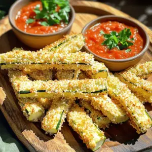 - 2 large zucchinis, cut into fry shapes - 1 cup all-purpose flour - 2 large eggs, beaten The star of this dish is the zucchini. Choose firm, fresh zucchinis for the best results. Cut them into fry shapes to get that classic fry look. You will also need all-purpose flour to help the coating stick. The beaten eggs act as glue, holding everything together. - 1 cup panko breadcrumbs - ½ cup grated Parmesan cheese - 1 teaspoon garlic powder Panko breadcrumbs give your fries that crispy crunch you crave. Mix in grated Parmesan cheese for added flavor. Garlic powder adds a nice touch, making each bite savory. - 1 teaspoon Italian seasoning - Salt and pepper to taste - Olive oil spray Italian seasoning brings warmth and depth to the dish. Don't forget salt and pepper to enhance the taste. A light spray of olive oil before baking helps the fries turn golden and crispy. First, set your oven to 425°F (220°C). This temperature helps the fries become crispy. Next, take a baking sheet and line it with parchment paper. This step makes cleanup easy and prevents sticking. Now, grab three shallow bowls. Each bowl has a different job: - Bowl 1: Fill it with 1 cup of all-purpose flour. - Bowl 2: Add 2 beaten eggs. This helps the coating stick. - Bowl 3: Mix 1 cup of panko breadcrumbs with ½ cup of grated Parmesan cheese, 1 teaspoon of garlic powder, 1 teaspoon of Italian seasoning, and salt and pepper to taste. These bowls make the breading process simple and organized. Take each zucchini fry and dip it into the flour first. Make sure it gets fully coated. Next, move it to the beaten eggs. Let any extra egg drip off. Finally, roll the fry in the panko-Parmesan mix. Press gently on the fry to make sure the coating sticks well. Even coverage is key for a great crunch. Place the coated zucchini fries in a single layer on your lined baking sheet. Leave some space between them for even cooking. Lightly spray the tops with olive oil. This helps them turn golden brown. Bake them for 20-25 minutes. Halfway through, flip the fries for even crispiness. After baking, let the zucchini fries cool for a few minutes. This helps them set. For a great presentation, serve them on a platter. Pair with a side of marinara sauce or a creamy dip. Add fresh herbs like parsley on top for a nice touch. Enjoy your crispy snack! To get the best crunch, use panko breadcrumbs. They are lighter and crispier than regular breadcrumbs. This texture helps create a perfect layer on your fries. When applying oil, use an olive oil spray. Lightly coat the tops of the fries before baking. This small step helps them turn golden and crisp. Proper baking is key to avoiding soggy fries. Make sure to preheat your oven to 425°F (220°C). This high heat helps create a nice texture. Arrange the fries in a single layer on the baking sheet. Give them space to cook evenly. Flip them halfway through baking to brown both sides. You can boost flavor by adding herbs or spices. Consider mixing in some paprika or cayenne for heat. Fresh herbs like parsley can also bring a bright taste. For dips, marinara sauce is a classic choice. You can also serve them with ranch or a creamy garlic dip. These pairings add even more fun to your zucchini fries. {{image_2}} You can change some ingredients to fit your taste. If you need a substitute for Parmesan cheese, try nutritional yeast. It gives a nutty flavor and is dairy-free. You can also use a vegan cheese that melts well. If you want an alternative coating, almond flour works great. It adds a nice crunch and is gluten-free. Another option is crushed cornflakes for a unique texture. Experiment with different flavor combinations to make these fries your own. Add smoked paprika for a smoky kick or cayenne pepper for some heat. You can also mix in a bit of lemon zest for freshness. Using fresh herbs like basil or oregano can enhance the taste. Fresh herbs pack a lot of flavor compared to dried ones. When using fresh herbs, chop them finely to release their oils and aroma. You can use an air fryer for a quicker version. Preheat it to 400°F (200°C) and cook the fries for about 10-15 minutes. This method gives you crispy fries with less oil. Grilling is another fun option. Brush the zucchini fries lightly with olive oil. Place them on a grill over medium heat for about 5-7 minutes on each side. This will add a nice char flavor. To keep your zucchini fries fresh, store them in the fridge. Place them in an airtight container. Make sure to cool the fries first. This helps to prevent sogginess. Use them within three days for the best taste. When you want to enjoy your leftover fries, the oven is best. Preheat it to 375°F (190°C). Place the fries on a baking sheet. Bake for about 10 minutes. This method helps keep them crispy. You can also use an air fryer. Set it to 350°F (175°C) for five to seven minutes. If you want to save some fries for later, freezing works well. First, let the fries cool completely. Lay them on a baking sheet in a single layer. Freeze them for about two hours. Once frozen, transfer them to a freezer bag. Squeeze out the air before sealing. When ready to eat, thaw in the fridge overnight. Reheat them in the oven or air fryer for the best results. Yes, you can make these fries vegan. For the egg, use a flaxseed mixture. Mix 1 tablespoon of ground flaxseed with 2.5 tablespoons of water. Let it sit for about 5 minutes. For cheese, swap Parmesan with nutritional yeast. This adds a cheesy flavor without dairy. To make these fries gluten-free, use almond flour instead of all-purpose flour. For breadcrumbs, use gluten-free panko. Both options keep the crunch while being safe for gluten-sensitive diets. Zucchini fries taste great with many sauces. Try marinara for a classic touch. Ranch dressing adds creaminess. For a kick, serve with sriracha mayo. Each sauce brings out the flavor of the fries. Yes, yellow squash works well too. It has a similar texture and taste. You can mix both for a colorful plate. Both types of squash are versatile and add fun to your meals. This article covered making delicious zucchini fries with simple steps. You learned about the key ingredients, coating methods, and baking instructions. We also discussed tips for crispiness and flavor, including various seasoning blends and substitutes. In the end, these fries offer a tasty, healthier snack option. With creativity and the right techniques, you can make them fit your taste. Enjoy your crispy zucchini fries anytime!