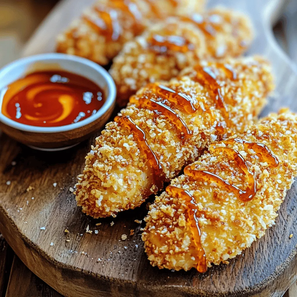 - 1 pound chicken tenders - 1/2 cup all-purpose flour - 1/2 teaspoon paprika - 1/2 teaspoon garlic powder - 1/2 teaspoon salt - 1/2 teaspoon black pepper - 2 large eggs - 1 cup panko breadcrumbs - 1/3 cup honey - 1/4 cup Sriracha sauce - 2 tablespoons soy sauce - 1 tablespoon lime juice - Cooking oil for frying For this recipe, I like to use simple measurements. You need one pound of chicken tenders. The flour, paprika, garlic powder, salt, and black pepper are all measured in half teaspoons. Eggs are large, and you need two of them. Use one cup of panko breadcrumbs for that great crunch. For the sauce, I recommend using one-third cup of honey, one-fourth cup of Sriracha sauce, two tablespoons of soy sauce, and one tablespoon of lime juice. Finally, you'll need cooking oil for frying. If you don't have chicken tenders, you can use chicken breasts cut into strips. For a gluten-free option, swap all-purpose flour and panko breadcrumbs with gluten-free versions. If you dislike Sriracha, try another hot sauce, or add more honey for sweetness. For the soy sauce, a tamari or coconut aminos can work well. If you don’t have lime, lemon juice is a good substitute. First, take your chicken tenders and pat them dry. This helps the coating stick. In a medium bowl, mix together the flour, paprika, garlic powder, salt, and black pepper. This blend adds great flavor. Set this bowl aside for later. Next, grab a separate bowl and whisk the two eggs. Dip each chicken tender first in the flour mix. Then, dip it in the egg wash. Finally, coat it with panko breadcrumbs. Press gently to ensure they stick well. This process makes your chicken crispy and delicious. In a small saucepan, mix the honey, Sriracha sauce, soy sauce, and lime juice. Heat this over medium until warm. Stir it well for about 2-3 minutes. The sauce brings a sweet and spicy kick to the dish. Once ready, remove it from heat and set aside. Now it’s time to fry! Heat about 1/4 inch of cooking oil in a large skillet over medium-high heat. Once hot, add the chicken tenders in batches. Don't crowd the pan, or they won’t cook evenly. Fry each side for 3-4 minutes until golden brown. Check that the chicken reaches an internal temperature of 165°F. After frying, take the chicken out and place it on paper towels. This helps drain any extra oil. While still hot, drizzle some of the Sriracha honey sauce over the tenders. This adds flavor right from the start. Plate your chicken tenders nicely. Serve them with the rest of the Sriracha honey sauce on the side. This makes for a fun dipping experience. You can pair them with rice or veggies for a complete meal. Enjoy your tasty creation! To get that nice, crunchy coating, start with dry chicken. Pat the tenders with paper towels to remove moisture. Use panko breadcrumbs for a crispier texture. Press the breadcrumbs onto the chicken firmly. This helps them stick better. Fry in hot oil for the best crunch. Keep the oil at 350°F for a golden finish. Sriracha brings heat, but you can control it. For a milder dish, use less Sriracha. Mixing honey with more soy sauce also tones down the spice. If you love heat, add more Sriracha or sprinkle red pepper flakes. Taste the sauce before pouring it on to find your perfect balance. Choose oils with high smoke points for frying. Canola or peanut oil works great here. They fry the chicken evenly and keep it crispy. Avoid olive oil, as it burns at lower temperatures. Always heat the oil before adding the chicken to ensure a good fry. {{image_2}} You can make baked Sriracha honey chicken tenders for a lighter meal. Preheat your oven to 400°F. Instead of frying, place the coated chicken on a baking sheet. Spray the tenders lightly with cooking oil. Bake for 20-25 minutes, flipping halfway through. This method gives you crispy, tasty tenders without the extra oil. Want a gluten-free option? Substitute all-purpose flour and panko breadcrumbs with gluten-free versions. Use gluten-free flour blends and gluten-free breadcrumbs. Follow the same steps in the recipe. These tenders will still be crispy and flavorful. You won’t miss the gluten at all! Feel free to add some extra flavors! You can mix in sesame seeds or chopped green onions into the panko. This adds crunch and a fresh taste. If you want more heat, add extra Sriracha to the sauce. For a sweet twist, mix in a little orange juice or zest. These changes make your chicken tenders even more exciting! To store leftover Sriracha honey chicken tenders, let them cool first. Place them in an airtight container. They will stay fresh in the fridge for up to three days. If you want to keep them longer, freeze them instead. To reheat the chicken tenders, use the oven for the best results. Preheat your oven to 375°F. Place the tenders on a baking sheet. Bake for about 10-15 minutes until they are hot and crispy again. You can also use a microwave, but the texture may not be as good. To freeze chicken tenders, first let them cool completely. Then, wrap them tightly in plastic wrap or use a freezer-safe bag. Label the bag with the date. You can freeze them for up to three months. When ready to eat, thaw them in the fridge overnight before reheating. Sriracha honey chicken tenders can last 3 to 4 days in the fridge. Store them in an airtight container. If you want to keep them longer, freeze them. They can last up to 3 months in the freezer. Just make sure to thaw them in the fridge before reheating. Yes, you can use chicken breasts! Just cut them into strips to match the size of tenders. This will help them cook evenly. The texture will be slightly different, but the flavor will still be great. These chicken tenders pair well with several sides. Here are some ideas: - Rice: Steamed white or brown rice works well. - Salad: A fresh garden salad adds crunch. - Veggies: Serve with roasted or sautéed vegetables. - Fries: Crispy fries or sweet potato fries are a tasty option. To spice up the Sriracha honey sauce, you can: - Add more Sriracha: Simply increase the amount you use. - Include red pepper flakes: Sprinkle in some flakes for extra heat. - Mix in hot sauce: Use a different hot sauce if you want more flavor. Adjust to your taste, and enjoy the heat! In this article, we explored the essential ingredients for Sriracha Honey Chicken Tenders and their measurements. We detailed step-by-step instructions to prepare, fry, and glaze the chicken. You learned tips for a crispy coating and how to adjust spice levels. We also covered storage options and variations like gluten-free and baked versions. With these tools, you can create a delicious dish that fits your taste. Enjoy cooking and sharing this tasty treat!