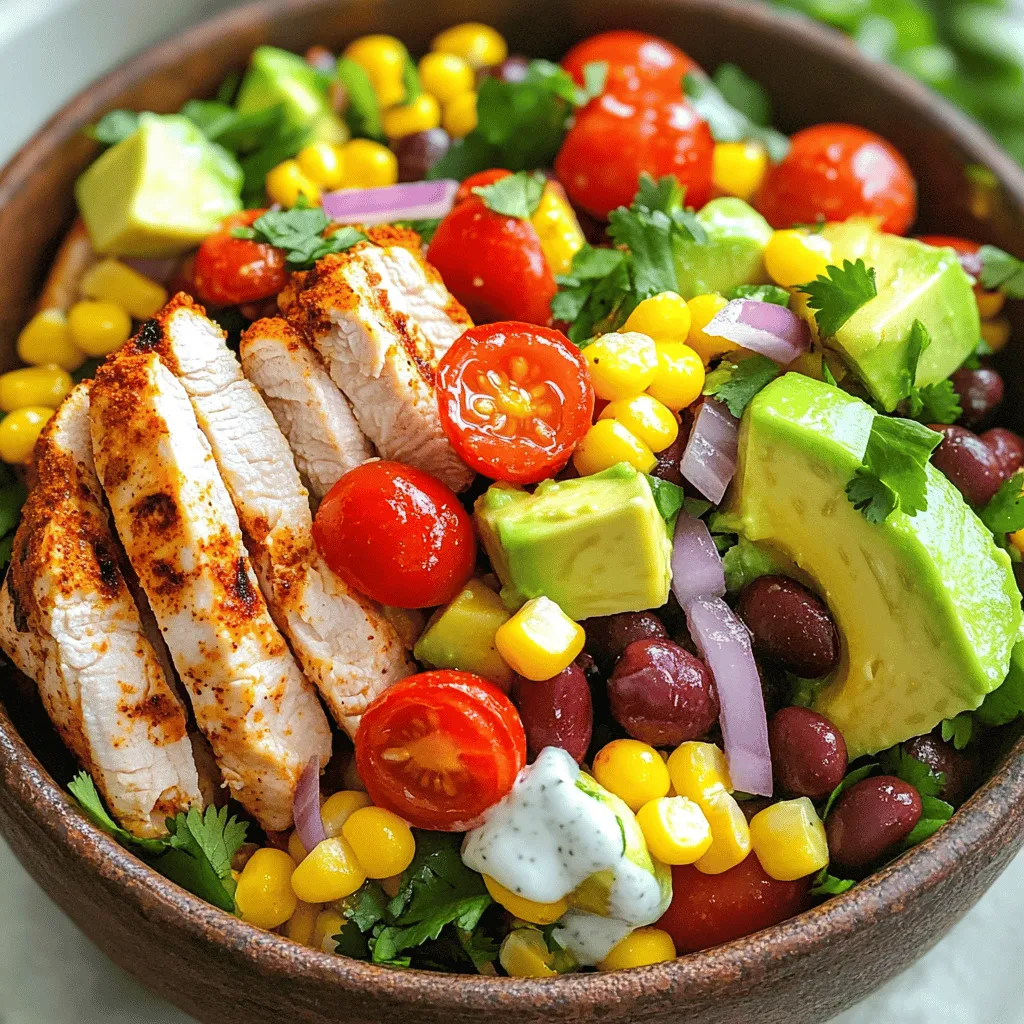 - 2 boneless, skinless chicken breasts - 1 cup corn kernels - 1 red bell pepper, diced - 1 avocado, diced - 1 cup black beans - 1 tablespoon olive oil - 1 teaspoon chili powder - 1/2 teaspoon cumin - Salt and pepper to taste - Juice of 2 limes - 1/4 cup Greek yogurt (or sour cream) - 1 teaspoon honey (optional) Gather these ingredients to make a fresh and vibrant Tex-Mex chopped chicken salad. The chicken breasts will provide a tasty base. Corn adds a sweet crunch. The red bell pepper gives a pop of color and flavor. Diced avocado brings creaminess. Black beans add protein and texture. For seasonings, olive oil, chili powder, and cumin create a warm, earthy taste. Salt and pepper enhance all these flavors. The dressing is simple yet bright. Lime juice adds zing. Greek yogurt or sour cream gives creaminess. Honey can sweeten the mix, but it’s optional. You can find the full recipe at the end of the article. Enjoy assembling these fresh ingredients! - Preheat your grill or stovetop grill pan to medium-high heat. - In a small bowl, mix olive oil, chili powder, cumin, salt, and pepper. - Brush the chicken breasts with this spice mix. Make sure to coat them well. - Grill the chicken for about 6-7 minutes on each side. It should be fully cooked. Check that the internal temperature reaches 165°F (75°C). - Remove the chicken from the grill and let it rest for 5 minutes. This keeps it juicy. - In a large bowl, combine corn, diced red bell pepper, halved cherry tomatoes, diced avocado, black beans, finely chopped red onion, and cilantro. - Dice the grilled chicken into bite-sized pieces. Add it to the salad bowl. Mix everything gently. - In a separate small bowl, whisk together lime juice, Greek yogurt, and honey. - Pour this dressing over the salad. Toss everything together until well combined. - Taste and adjust seasoning with salt and pepper if needed. To make sure your chicken is safe to eat, check the internal temperature. It should reach 165°F. Use a meat thermometer for an accurate reading. After grilling, let the chicken rest for about five minutes. This helps keep it juicy. Slicing it too soon can let the juices spill out. When choosing corn, fresh corn has a sweeter flavor. It adds a nice crunch to the salad. If fresh corn is not available, canned corn works well too. Just drain and rinse it before adding. For avocados, look for ones that yield slightly when pressed. They should not be too hard or too mushy. A ripe avocado adds creaminess and rich flavor to your salad. This salad is best served right after making it. The flavors blend well when chilled for 30 minutes. If you like crunch, pair the salad with tortilla chips. They add a fun texture and make the dish more satisfying. For a complete meal, serve it with a side of rice or quinoa. Enjoy the fresh taste of this Tex-Mex chopped chicken salad! For the full recipe, check it out here. {{image_2}} You can change the main protein in this salad. Swap the chicken for grilled shrimp or tofu. Both options add a nice twist and fit well with the Tex-Mex theme. If you want variety, try using different beans. Pinto or kidney beans work great in this salad. They offer different textures and flavors, making each bite exciting. For a fun kick, try spicy Tex-Mex dressings. You can mix in jalapeños or chipotle sauce for heat. This adds zest and complements the salad well. Also, adding fresh herbs can make a huge difference. Cilantro, dill, or parsley can brighten the flavors. Experiment with herbs to find your favorite combination. Make your salad fresh and vibrant by using seasonal veggies. Zucchini and bell peppers are perfect in summer. They add crunch and color to your dish. In the fall, you might enjoy adding roasted sweet potatoes. For a fruity twist, toss in some ripe mango. Its sweetness pairs beautifully with the Tex-Mex flavors. Check out the Full Recipe for more ideas. To store leftovers, place the salad in an airtight container. This keeps it fresh and safe to eat later. You can use glass or plastic containers. Glass is great because it won’t stain and is easy to clean. Make sure to eat the salad within three days. After that, the flavors may change. Can this salad be frozen? I don’t recommend freezing the whole salad. The fresh veggies will lose their crunch and flavor. You can freeze the grilled chicken separately. Wrap it tightly in plastic wrap or foil, then place it in a freezer bag. This way, it stays juicy. Use it within two months for best taste. To reheat the grilled chicken, simply place it in the microwave. Heat it in short bursts of 30 seconds until warm. Avoid overcooking, or it might dry out. For the salad, it’s best to serve it cold. If you want to refresh it, add a splash of lime juice and toss it lightly. This will help revive the flavors. Yes, you can make this salad ahead of time. To prep, cook the chicken and cool it. Chop the veggies and mix them in a bowl. Keep the dressing separate until you're ready to serve. This keeps everything fresh and crisp. You can store it in the fridge for up to two days. Leftover salad can be fun. You can turn it into a wrap. Use tortillas and add some cheese for extra flavor. You can also toss it with rice or quinoa for a hearty meal. Another idea is to bake it in a casserole dish. Top it with cheese and bake until bubbly. Yes, this salad is gluten-free. The chicken, beans, and veggies do not contain gluten. Just make sure to check any packaged ingredients, like the Greek yogurt. Some brands may add gluten. When dining out, ask about the ingredients in dressings or sauces. This blog post shared a tasty grilled chicken salad recipe. We covered the main ingredients like chicken, corn, and black beans. I explained how to season, grill, and assemble the salad. We also discussed tips for cooking, ingredient swaps, and storage options. Remember, you can customize your salad with different proteins or dressings. With this easy recipe, you can enjoy healthy and delicious meals. Now, go ahead and impress friends and family with your cooking skills!
