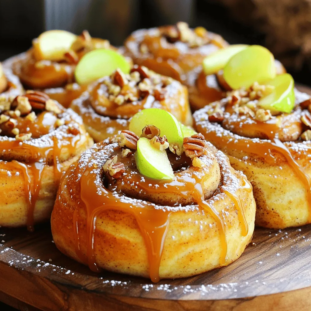 - 2 cups all-purpose flour - 1 packet (2 ¼ teaspoons) active dry yeast - ½ cup warm milk (about 110°F) - ¼ cup granulated sugar - ½ teaspoon salt - 1 large egg - 4 tablespoons unsalted butter, melted - 1 teaspoon ground cinnamon - ½ cup packed brown sugar - 2 medium apples, peeled and diced (Granny Smith recommended) - 1 cup caramel sauce (store-bought or homemade) - ¼ cup chopped pecans (optional) - Powdered sugar for dusting These ingredients make the caramel apple cinnamon rolls rich and delicious. The all-purpose flour helps create a soft dough. The active dry yeast adds fluffiness. Warm milk wakes up the yeast nicely. Granulated sugar ensures sweetness, while salt balances flavors. The large egg adds structure. Unsalted butter gives richness. Ground cinnamon adds warmth and spice. Brown sugar brings a deeper sweetness, perfect for the filling. Diced apples provide natural sweetness and a juicy texture. Caramel sauce is the star, drizzled on top. If you like crunch, add chopped pecans. Finally, powdered sugar makes the rolls look pretty when dusted on top. Each ingredient plays a key role in making these rolls a delightful treat. To start, I reactivate the yeast. I mix warm milk with the yeast in a small bowl. I let it sit for 5 to 10 minutes until it becomes frothy. This step is key for fluffy rolls. Next, I mix the dry ingredients. In a large bowl, I add flour, sugar, and salt. I also crack in a large egg and pour in melted butter. Once the yeast mixture is ready, I pour it in and mix until a soft dough forms. Then, I knead the dough. I sprinkle flour on my surface and knead for about 5 minutes. The dough should feel smooth and elastic. After that, I place it in a greased bowl, cover it, and let it rise in a warm spot for about an hour. It should double in size. While the dough rises, I prepare the apple filling. I take two medium apples, peel and dice them into small bits. Then, I mix the diced apples with cinnamon and brown sugar in a bowl. The smell is amazing! I set this mixture aside while the dough finishes rising. Once the dough is ready, I punch it down and roll it out. I shape it into a large rectangle, about 12 by 18 inches. Then, I brush the surface with melted butter. Next, I add the toppings. I sprinkle brown sugar and cinnamon evenly over the buttered dough. After that, I spread the apple mixture on top. If I want some crunch, I add chopped pecans. Now, I roll the dough tightly from one end to the other. I pinch the edge to seal it. I slice the log into 12 equal pieces, creating my rolls. I prepare my baking dish by greasing it and arranging the rolls inside. I make sure to leave some space between each roll. Then, I drizzle half of the caramel sauce over the top. Next, I cover the dish and let the rolls rise again for about 30 minutes. I also preheat the oven to 350°F (175°C) during this time. Finally, I bake the cinnamon rolls for 25 to 30 minutes. I look for a golden brown color to know they are done. After baking, I let them cool for about 10 minutes. I drizzle the remaining caramel sauce on top and dust with powdered sugar before serving. To get the best rise for your rolls, start with warm milk around 110°F. This warmth wakes up the yeast. Let the dough rise in a warm spot, like near a sunny window. This helps it grow big and fluffy. For a soft texture, knead the dough well for about 5 minutes. This builds gluten, which helps the rolls stay soft. After the first rise, don't forget to punch down the dough. This helps release air. Roll it out gently to keep that softness. You can use homemade caramel sauce or store-bought, depending on your time. Homemade sauce is richer. To make it, melt sugar until golden, then add cream. It's simple and tastes great. Store-bought is quick and easy, perfect for busy days. Seasonal spices make your rolls pop. Try adding nutmeg or ginger for a warm flavor. For a pretty presentation, serve the rolls on a large platter. Drizzle extra caramel sauce over the top. You can add fresh apple slices for color and crunch. This makes your dish look as good as it tastes! {{image_2}} You can change the flavor of your caramel apple cinnamon rolls by using different apples. Granny Smith apples are tart and hold their shape well. Honeycrisp apples add sweetness and crunch. Fuji apples provide a nice balance of sweet and tart. You can also add nuts or other fruits. Walnuts or pecans give a nice crunch. Dried cranberries or raisins add a sweet touch. Mix and match to find your favorite combo! If you need gluten-free rolls, use a gluten-free flour blend. Be sure to check that your yeast is gluten-free too. This way, everyone can enjoy these tasty rolls. For vegan options, replace the egg with a flax egg. Use plant-based butter and almond milk instead of dairy. These swaps keep the rolls soft and delicious. In fall, you can spice things up by adding nutmeg or cloves to the filling. This makes the rolls feel warm and cozy. You can even swap apples for pumpkin or sweet potato for a fun twist. During the holidays, think about adding peppermint extract or chocolate chips. These flavors can make your rolls feel festive and special. Try different toppings like crushed candy canes for a sweet crunch. To keep your caramel apple cinnamon rolls fresh, let them cool first. Once cool, cover them tightly with plastic wrap or place them in an airtight container. Store them in the fridge for up to 3 days. This helps retain their soft texture and sweet flavor. If you want to save your cinnamon rolls for later, freezing is the way to go. Wrap each roll tightly in plastic wrap, then place them in a freezer-safe bag. They can stay in the freezer for up to 3 months. When you’re ready to eat them, take out as many rolls as you need. To reheat your cinnamon rolls, use the oven or microwave. For the oven, preheat to 350°F (175°C). Place the rolls on a baking sheet and cover them with foil. Heat for about 10 minutes. This keeps the rolls soft and warm. If using a microwave, heat one roll at a time for about 15-20 seconds. Enjoy the gooey caramel and soft dough! To make fluffy cinnamon rolls, start with fresh yeast. Mix warm milk with yeast and let it sit until frothy. This step wakes up the yeast. Use a soft dough. Knead the dough for about five minutes until it feels smooth and elastic. Do not skip the rising time. Let the dough rise in a warm place until it doubles in size. This allows air to build up in the dough, making it light and fluffy. Yes, you can make the dough ahead of time. After kneading, place the dough in a greased bowl. Cover it tightly and put it in the fridge. This will slow down the yeast. You can leave it overnight. In the morning, take it out and let it come to room temperature. Then, shape and bake your rolls as usual. Granny Smith apples are great for baking. They have a nice tartness that pairs well with sweet caramel. Their firm texture holds up well during baking. If you want to try other apples, Honeycrisp or Fuji can also work. They add a sweet flavor and stay crisp. You now have a complete guide to making delicious cinnamon rolls. From choosing the right ingredients to perfecting the dough, each step matters. Remember, warm milk activates the yeast for a fluffy texture. You can customize your rolls with different apples or toppings. Store them properly for freshness, and don’t hesitate to experiment with flavors. With these tips, you’ll create tasty treats everyone loves. Enjoy your baking journey and share your sweet results!