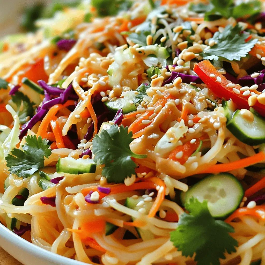 To make a Spicy Thai Peanut Noodle Salad, you will need a mix of fresh ingredients and flavorful components. This salad is vibrant and fun to make. Here’s what you’ll need: - 8 oz rice noodles - 1 cup shredded carrots - 1 red bell pepper, thinly sliced - 1 cucumber, julienned - 1 cup red cabbage, shredded - 1/4 cup fresh cilantro, chopped - 1/4 cup scallions, chopped - 1/2 cup unsweetened peanut butter - 2 tablespoons soy sauce - 2 tablespoons lime juice - 1 tablespoon honey or maple syrup - 1-2 cloves garlic, minced - 1 tablespoon grated ginger - 1-2 teaspoons sriracha (adjust to spice preference) - Salt and pepper to taste - Crushed peanuts and sesame seeds for garnish These ingredients come together to create a dish that bursts with flavor. The rice noodles form the base, while the fresh veggies add crunch and color. The peanut dressing ties everything together with creamy goodness. Each bite is a mix of textures and tastes that energize your meal. First, grab a large pot. Fill it with water and bring it to a boil. Once boiling, add 8 ounces of rice noodles. Cook them according to the package instructions until they are al dente. This usually takes about 4 to 6 minutes. After cooking, drain the noodles. Rinse them under cold water to stop the cooking process. This keeps them from getting mushy. Set the cooled noodles aside for later. Next, let's make the dressing. In a separate bowl, add 1/2 cup of unsweetened peanut butter. Then, mix in 2 tablespoons of soy sauce and 2 tablespoons of lime juice. For a touch of sweetness, add 1 tablespoon of honey or maple syrup. Now, add 1 to 2 cloves of minced garlic and 1 tablespoon of grated ginger. If you like spice, include 1 to 2 teaspoons of sriracha. Whisk everything together until smooth. If the dressing is too thick, add a little water to reach your desired consistency. Now, it's time to mix the salad. In a large bowl, combine the cooled noodles, 1 cup of shredded carrots, 1 thinly sliced red bell pepper, 1 julienned cucumber, and 1 cup of shredded red cabbage. Toss in 1/4 cup of chopped fresh cilantro and 1/4 cup of chopped scallions. Gently toss everything together to combine the veggies with the noodles. Pour the peanut dressing over the mixture. Toss until every noodle and veggie is coated in that rich, creamy dressing. Finally, taste and season with salt and pepper to your liking. Serve this vibrant salad chilled or at room temperature, and don’t forget to garnish with crushed peanuts and sesame seeds for an extra crunch! To get the best taste, mix sweet, salty, and spicy. The honey or maple syrup gives sweetness. The soy sauce adds saltiness. Sriracha brings heat. Adjust each ingredient to fit your taste. If you want more heat, add more sriracha. For sweetness, add a bit more honey. Taste as you go. This makes a big difference! You can easily change this salad to fit your needs. For a gluten-free option, use tamari instead of soy sauce. If you are vegan, use maple syrup and skip any non-vegan toppings. You could add tofu or chickpeas for more protein. If you do not like peanuts, try almond butter or sunflower seed butter. There are many ways to make it your own! This salad tastes great cold or at room temperature. Chill it in the fridge for an hour before serving. This allows the flavors to mix well. If you plan to serve it later, keep it in the fridge. Just remember to stir before serving. This helps keep the dressing evenly spread. {{image_2}} If you want a gluten-free option, choose rice noodles. They are naturally gluten-free. You can also use zucchini noodles for a fresh twist. Another option is quinoa. It adds a nice texture and is gluten-free. To make the salad heartier, add protein. Grilled chicken works well. Shrimp is another tasty choice. For a plant-based option, try tofu. You can pan-fry or bake it for a crispy finish. If you like it spicy, add more sriracha. Start with one teaspoon and increase to taste. For less heat, cut back on the sriracha. You can also use sweet chili sauce for a milder flavor. To keep your Spicy Thai Peanut Noodle Salad fresh, store it in an airtight container. Place any leftover salad in the fridge. It should last for about three days. Make sure to keep the crushed peanuts and sesame seeds separate. This keeps them crunchy for longer. When you’re ready to eat, just add them back on top. Freezing this salad is not ideal. The noodles and veggies can become mushy when thawed. If you must freeze it, store only the dressing in a small container. You can keep it for up to a month. Just remember to thaw it in the fridge overnight before using. If you want to warm the salad, I recommend using a microwave. Heat it in short bursts. Start with 30 seconds, then stir and check. You want it warm but not hot. Add fresh toppings like herbs or peanuts after reheating. This keeps the flavors bright and fresh. Yes, you can make this salad ahead of time. Prepare the salad and dressing, then store them separately. The noodles and veggies stay fresh this way. Mix them just before serving. This keeps the salad crunchy and tasty. If you cannot use peanut butter, try almond butter or sunflower seed butter. Both will give a nice flavor. If you need a nut-free option, go for tahini. Each option changes the taste a bit, but they work well. Yes, this salad is great for meal prep. You can store it in airtight containers. It keeps well in the fridge for up to three days. Just remember to add the dressing right before eating. This keeps your salad fresh and flavorful! This blog post detailed how to create a tasty rice noodle salad. You learned about key ingredients like rice noodles, fresh veggies, and peanut dressing. I shared clear steps for cooking and mixing the salad, along with tips for flavor and food variations. In closing, this salad is versatile and easy to enjoy. Now you can make it just how you like!