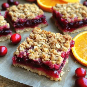 - 2 cups fresh or frozen cranberries, thawed if frozen - 1 cup orange juice - 1 tablespoon orange zest - ¾ cup granulated sugar - 1 teaspoon ground cinnamon - 1 teaspoon cornstarch - 1½ cups all-purpose flour - ½ cup brown sugar, packed - ¾ cup rolled oats - ½ cup unsalted butter, melted - ½ teaspoon baking powder - Pinch of salt Using fresh cranberries gives a bright flavor and a nice pop. If you use frozen cranberries, thaw them first. This helps them cook evenly. Don't skip the orange zest; it adds a lovely aroma. The zest brightens the dish and gives a nice citrus note. Ground cinnamon enhances the flavor, making it warm and comforting. You can swap brown sugar with coconut sugar for a deeper flavor. If you need a gluten-free option, use almond flour instead of all-purpose flour. You can also use honey or maple syrup instead of granulated sugar. Adjust the amount to taste, as these sweeteners can be sweeter. If you're out of oats, crushed nuts can add a nice crunch. Start by preheating your oven to 350°F (175°C). This step is key for even baking. Next, grab a 9x9 inch baking dish. Line it with parchment paper, letting some paper hang over the sides. This helps with easy removal later. In a medium saucepan, combine the cranberries, orange juice, orange zest, granulated sugar, and ground cinnamon. Cook this mix over medium heat. Stir it occasionally until the cranberries start to pop, about 5-7 minutes. It’s fun to watch them burst! When they do, they release juicy goodness. In a small bowl, mix cornstarch with one tablespoon of water to create a slurry. Add this to the cranberry mix. Cook for an extra 2-3 minutes until it thickens. Then, let it cool slightly. In a large mixing bowl, combine the flour, brown sugar, rolled oats, baking powder, and a pinch of salt. Mix these dry ingredients well. Pour in the melted butter and stir until everything becomes crumbly. This is your crumble base. Press two-thirds of this mixture into the bottom of your lined baking dish. It should form an even layer. Next, spread the cranberry-orange filling evenly over this base. Finally, sprinkle the rest of the crumble mixture on top, covering the filling completely. Bake in the oven for 30-35 minutes or until the top is golden brown. Once baked, let it cool in the pan for at least 30 minutes. Use the parchment paper to lift the bars out, then cut them into squares or bars. These cranberry orange crumble bars shine when paired with creamy vanilla ice cream. The cool ice cream balances the tartness of the cranberries. You can also serve them with whipped cream for a light touch. A hot cup of tea or coffee makes a perfect drink on the side. To get the best results, always preheat your oven to 350°F (175°C). This step ensures even baking. Use a 9x9 inch baking dish lined with parchment paper. This makes removal easy after baking. Keep an eye on the bars as they bake. They should turn golden brown on top. If they look too dark, cover with foil. This prevents burning while baking through. For a crumbly texture, mix the flour, oats, and sugar well. Use melted butter to combine the dry ingredients. Make sure it isn’t too wet or too dry. Press two-thirds of the mixture firmly into the pan. This base should be compact but not hard. When you add the cranberry filling, make sure it’s not too hot. This helps the top crumble layer stay crisp. {{image_2}} You can change the flavor by using other fruits. Try using blueberries or raspberries. You can also mix fruits, like cranberries with chopped apples. Each fruit gives a unique taste and color. Feel free to experiment with what you have at home! To make these bars gluten-free, swap all-purpose flour with a gluten-free blend. Look for blends that include rice flour and almond flour. Make sure the oats are certified gluten-free. This way, everyone can enjoy your tasty treat! For fun twists, consider adding nuts or seeds. Chopped walnuts or pecans can add crunch. You can also mix in chocolate chips for a sweet touch. For extra flavor, try adding a pinch of nutmeg or ginger. These small changes can make your bars even more exciting! To keep your cranberry orange crumble bars fresh, let them cool completely. Once cooled, cut the bars into squares. Use an airtight container to store them. Place parchment paper between layers to avoid sticking. This method keeps them tasty for days. You can freeze these bars for future treats. Wrap each square tightly in plastic wrap. Then place them in a freezer bag or container. Label the bag with the date. They can last in the freezer for up to three months. When you’re ready to eat, thaw them in the fridge overnight. These bars stay fresh at room temperature for up to four days. Store them in a cool, dry place away from sunlight. For the best taste, enjoy them within a few days. The flavors become more vibrant when stored properly. Yes, frozen cranberries work well in this recipe. Just thaw them before cooking. They might be a bit softer, but they will still taste great. Using frozen cranberries can save you some time and effort. To cut the bars, wait until they cool for at least 30 minutes. Use a sharp knife for clean cuts. Press down gently to avoid squishing the layers. You can also chill them for easier cutting. This way, you get nice, tidy squares or rectangles. To reduce the sweetness, cut back on the granulated sugar. Try using half a cup instead of three-quarters. You can also add more orange juice to balance flavors. If you prefer, add a pinch of salt to enhance the taste without adding more sugar. Yes, you can make these bars a day ahead. Just store them in an airtight container at room temperature. If you want to keep them fresh longer, refrigerate them. This way, the flavors can meld together nicely before you serve them. You now have a complete guide to making delicious cranberry orange bars. We covered the key ingredients, special tips, and how to make the crumble base. You learned how to ensure your bars bake perfectly and the best pairings for serving. Plus, we explored fun variations and how to store them. Try these techniques to impress your friends and family. Enjoy baking and savoring these tasty treats!