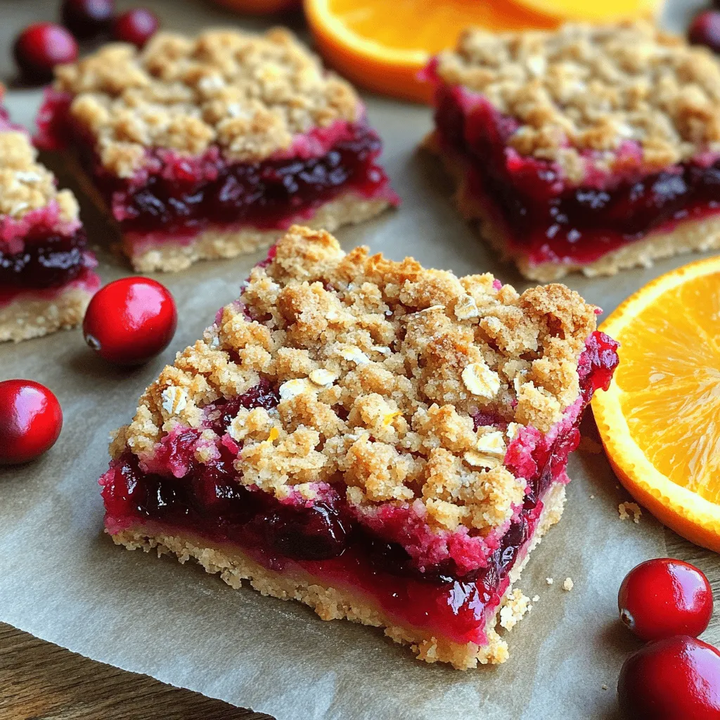 - 2 cups fresh or frozen cranberries, thawed if frozen - 1 cup orange juice - 1 tablespoon orange zest - ¾ cup granulated sugar - 1 teaspoon ground cinnamon - 1 teaspoon cornstarch - 1½ cups all-purpose flour - ½ cup brown sugar, packed - ¾ cup rolled oats - ½ cup unsalted butter, melted - ½ teaspoon baking powder - Pinch of salt Using fresh cranberries gives a bright flavor and a nice pop. If you use frozen cranberries, thaw them first. This helps them cook evenly. Don't skip the orange zest; it adds a lovely aroma. The zest brightens the dish and gives a nice citrus note. Ground cinnamon enhances the flavor, making it warm and comforting. You can swap brown sugar with coconut sugar for a deeper flavor. If you need a gluten-free option, use almond flour instead of all-purpose flour. You can also use honey or maple syrup instead of granulated sugar. Adjust the amount to taste, as these sweeteners can be sweeter. If you're out of oats, crushed nuts can add a nice crunch. Start by preheating your oven to 350°F (175°C). This step is key for even baking. Next, grab a 9x9 inch baking dish. Line it with parchment paper, letting some paper hang over the sides. This helps with easy removal later. In a medium saucepan, combine the cranberries, orange juice, orange zest, granulated sugar, and ground cinnamon. Cook this mix over medium heat. Stir it occasionally until the cranberries start to pop, about 5-7 minutes. It’s fun to watch them burst! When they do, they release juicy goodness. In a small bowl, mix cornstarch with one tablespoon of water to create a slurry. Add this to the cranberry mix. Cook for an extra 2-3 minutes until it thickens. Then, let it cool slightly. In a large mixing bowl, combine the flour, brown sugar, rolled oats, baking powder, and a pinch of salt. Mix these dry ingredients well. Pour in the melted butter and stir until everything becomes crumbly. This is your crumble base. Press two-thirds of this mixture into the bottom of your lined baking dish. It should form an even layer. Next, spread the cranberry-orange filling evenly over this base. Finally, sprinkle the rest of the crumble mixture on top, covering the filling completely. Bake in the oven for 30-35 minutes or until the top is golden brown. Once baked, let it cool in the pan for at least 30 minutes. Use the parchment paper to lift the bars out, then cut them into squares or bars. These cranberry orange crumble bars shine when paired with creamy vanilla ice cream. The cool ice cream balances the tartness of the cranberries. You can also serve them with whipped cream for a light touch. A hot cup of tea or coffee makes a perfect drink on the side. To get the best results, always preheat your oven to 350°F (175°C). This step ensures even baking. Use a 9x9 inch baking dish lined with parchment paper. This makes removal easy after baking. Keep an eye on the bars as they bake. They should turn golden brown on top. If they look too dark, cover with foil. This prevents burning while baking through. For a crumbly texture, mix the flour, oats, and sugar well. Use melted butter to combine the dry ingredients. Make sure it isn’t too wet or too dry. Press two-thirds of the mixture firmly into the pan. This base should be compact but not hard. When you add the cranberry filling, make sure it’s not too hot. This helps the top crumble layer stay crisp. {{image_2}} You can change the flavor by using other fruits. Try using blueberries or raspberries. You can also mix fruits, like cranberries with chopped apples. Each fruit gives a unique taste and color. Feel free to experiment with what you have at home! To make these bars gluten-free, swap all-purpose flour with a gluten-free blend. Look for blends that include rice flour and almond flour. Make sure the oats are certified gluten-free. This way, everyone can enjoy your tasty treat! For fun twists, consider adding nuts or seeds. Chopped walnuts or pecans can add crunch. You can also mix in chocolate chips for a sweet touch. For extra flavor, try adding a pinch of nutmeg or ginger. These small changes can make your bars even more exciting! To keep your cranberry orange crumble bars fresh, let them cool completely. Once cooled, cut the bars into squares. Use an airtight container to store them. Place parchment paper between layers to avoid sticking. This method keeps them tasty for days. You can freeze these bars for future treats. Wrap each square tightly in plastic wrap. Then place them in a freezer bag or container. Label the bag with the date. They can last in the freezer for up to three months. When you’re ready to eat, thaw them in the fridge overnight. These bars stay fresh at room temperature for up to four days. Store them in a cool, dry place away from sunlight. For the best taste, enjoy them within a few days. The flavors become more vibrant when stored properly. Yes, frozen cranberries work well in this recipe. Just thaw them before cooking. They might be a bit softer, but they will still taste great. Using frozen cranberries can save you some time and effort. To cut the bars, wait until they cool for at least 30 minutes. Use a sharp knife for clean cuts. Press down gently to avoid squishing the layers. You can also chill them for easier cutting. This way, you get nice, tidy squares or rectangles. To reduce the sweetness, cut back on the granulated sugar. Try using half a cup instead of three-quarters. You can also add more orange juice to balance flavors. If you prefer, add a pinch of salt to enhance the taste without adding more sugar. Yes, you can make these bars a day ahead. Just store them in an airtight container at room temperature. If you want to keep them fresh longer, refrigerate them. This way, the flavors can meld together nicely before you serve them. You now have a complete guide to making delicious cranberry orange bars. We covered the key ingredients, special tips, and how to make the crumble base. You learned how to ensure your bars bake perfectly and the best pairings for serving. Plus, we explored fun variations and how to store them. Try these techniques to impress your friends and family. Enjoy baking and savoring these tasty treats!