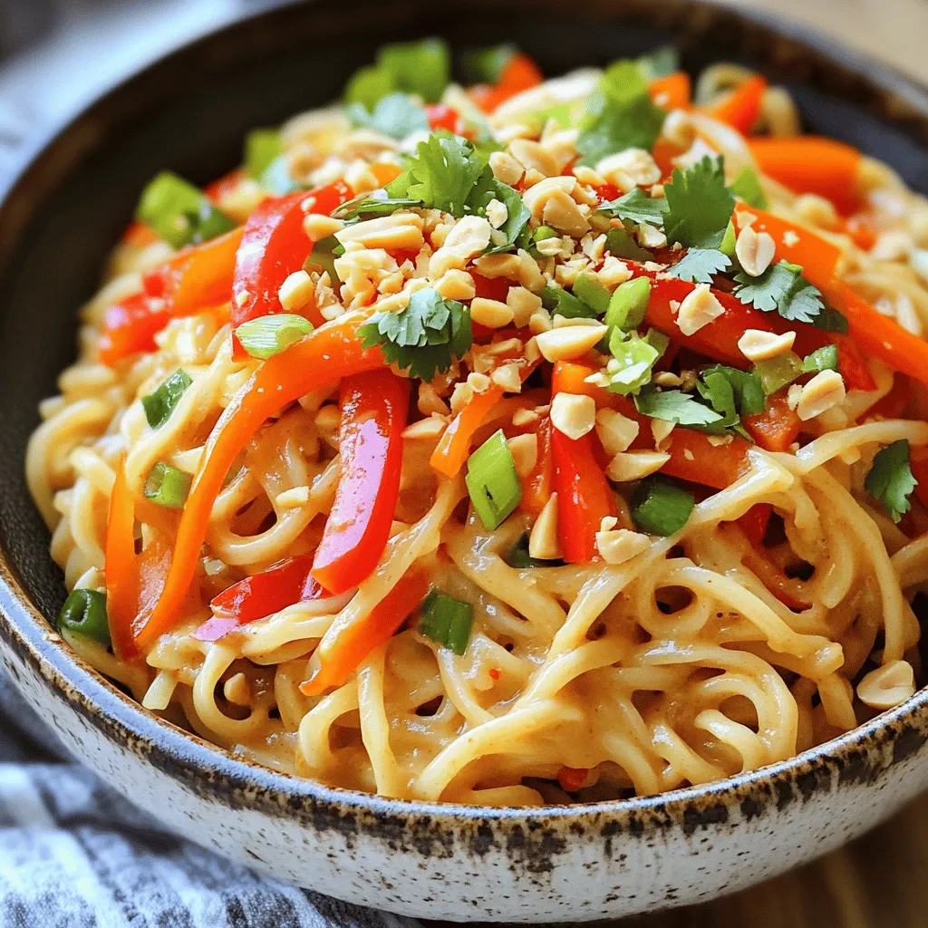 To make Spicy Thai Peanut Noodles, you will need: - 8 oz rice noodles - 1 cup peanut butter (smooth) - 2 tablespoons soy sauce - 2 tablespoons lime juice - 1 tablespoon honey or agave syrup - 1 tablespoon sriracha (adjust for spice preference) - 1 clove garlic, minced - 1 inch ginger, grated - 1/4 cup water (to thin the sauce) - 1 red bell pepper, julienned - 1 cup shredded carrots - 1/2 cup green onions, sliced - 1/4 cup chopped cilantro (for garnish) - Crushed peanuts for topping You can swap some ingredients if needed. Here are a few ideas: - Use almond butter instead of peanut butter for a nut-free option. - Swap lime juice with lemon juice for a different flavor. - Agave syrup can be replaced with maple syrup if you prefer. - If you don’t have sriracha, try chili paste or hot sauce. - For a crunch, use sunflower seeds instead of crushed peanuts. When you pick fresh produce, keep these tips in mind: - Choose bright and firm bell peppers. They should feel heavy for their size. - Pick carrots that are crisp and free of blemishes. - For green onions, look for green tops that are sturdy and fresh. - Cilantro should smell bright and look vibrant green. - Always check for any signs of spoilage before buying. These tips help ensure your dish is fresh and tasty. Happy cooking! To make the best rice noodles, start with a large pot. Fill it with water and bring it to a boil. Once the water is bubbling, add the rice noodles. Follow the package instructions for cooking time, usually about 5 to 7 minutes. You want them to be al dente, so keep an eye on them. After cooking, drain the noodles in a colander and set them aside. This step is key for a great texture. The peanut sauce is simple but packed with flavor. Grab a mixing bowl and add the smooth peanut butter. Then, pour in the soy sauce and lime juice. Add honey or agave syrup for sweetness. Next, include sriracha. Adjust the amount based on how spicy you want it. Mince one clove of garlic and grate an inch of ginger, adding them to the bowl. Finally, add a splash of water to thin the sauce. Whisk everything together until it's smooth and creamy. If the sauce is too thick, just add more water. Sautéing vegetables adds great flavor and keeps them crisp. Heat a large skillet over medium heat and add a splash of oil. Once the oil is hot, add the julienned red bell pepper and shredded carrots. Stir them around for about 3 to 4 minutes. You want them slightly softened but still crunchy. This step enhances the taste and makes your dish colorful. The bright veggies will make your noodles pop! You can control the heat in your spicy Thai peanut noodles with sriracha. Start with one tablespoon for a mild kick. Taste it, and if you want more spice, add a bit more. Mix well to ensure it blends in. If you love heat, try two tablespoons. Just remember, it’s easier to add heat than to take it away! To get a creamy peanut sauce, use smooth peanut butter. This helps the sauce blend well. If you find the sauce too thick, add a little water. Start with a tablespoon, mix, and check the texture. If you want a nuttier flavor, stir in crushed peanuts at the end. This will add great texture and taste. Garnishing makes your dish pop! Use sliced green onions for a fresh look. Add chopped cilantro for a burst of color. Crushed peanuts on top give a nice crunch. Arrange the noodles neatly on the plate. A sprinkle of lime zest can also brighten the dish visually and flavor-wise. Remember, we eat with our eyes first! {{image_2}} If you want to keep this dish vegetarian, you can swap out the meat. Tofu is a great choice. You can use firm or extra-firm tofu. Just cube it and pan-fry until it’s golden. Tempeh also works well. It adds a nice nutty flavor. If you want a lighter option, try using chickpeas. They add protein and fiber too. This recipe is super flexible. You can add many veggies to boost flavor and nutrition. Try snap peas, broccoli, or baby corn for crunch. You can also toss in some mushrooms for an earthy taste. If you like a bit of sweetness, add some pineapple chunks. For an extra kick, sprinkle in some red pepper flakes or chili powder. If you want to make this dish low-carb, swap rice noodles for zucchini noodles or spaghetti squash. They’re both tasty and light. For a gluten-free option, check that your soy sauce is gluten-free. Tamari is a great substitute. You can also use coconut aminos for a slightly sweeter flavor. Enjoy these twists while keeping the spirit of the dish! To store leftover spicy Thai peanut noodles, let them cool first. Place them in an airtight container. A glass or plastic container works well. Make sure to use a lid to keep air out. You can store them in the fridge for up to three days. To reheat the noodles, use a skillet or a microwave. If you use a skillet, add a splash of water. Heat it on low. Stir the noodles often to warm them evenly. If using a microwave, place the noodles in a safe dish. Add a little water, cover, and heat for one to two minutes. Stir halfway through to ensure even heating. If you want to freeze the noodles, pack them in freezer-safe bags. Remove as much air as you can. This helps prevent freezer burn. Label the bags with the date. You can freeze them for up to three months. To thaw, place them in the fridge overnight. Then, reheat as mentioned above. Spicy Thai Peanut Noodles are a tasty dish made with rice noodles. They feature a rich peanut sauce mixed with fresh vegetables. You get flavors from garlic, ginger, and sriracha that add a nice kick. This dish is not just spicy; it’s creamy and full of crunch from toppings like crushed peanuts and green onions. Yes, you can make this dish in advance. Prepare the peanut sauce and noodles ahead of time. Store each in separate containers in the fridge. When you are ready to eat, just reheat them together in a skillet. Add a splash of water if the sauce is too thick. This way, you can enjoy a quick meal without any hassle. Spicy Thai Peanut Noodles pair well with several sides. You can serve them with a fresh salad, like cucumber or mango salad, to balance the heat. Another great option is spring rolls filled with veggies or shrimp. For a heartier meal, consider grilled chicken or tofu on the side. These options complement the noodles and enhance your dining experience. Spicy Thai peanut noodles combine fresh ingredients, easy steps, and handy tips. You learned how to cook the noodles perfectly and create a flavorful peanut sauce. Remember, you can adjust spice levels and explore variations, like vegetarian options. Store leftovers properly to enjoy later without losing quality. This dish is quick and fun to make. So, grab your ingredients and start creating a delicious meal that everyone will love. Enjoy the cooking journey!