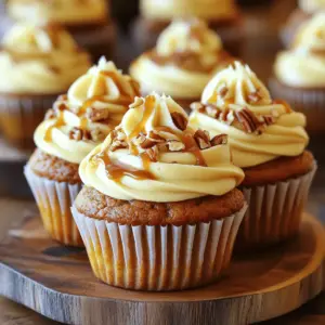 - 1 cup all-purpose flour - 1 tsp baking powder - 1/2 tsp baking soda - 1/2 tsp ground cinnamon - 1/2 tsp ground nutmeg - 1/4 tsp ground ginger - 1/4 tsp salt - 1/2 cup granulated sugar - 1/2 cup brown sugar, packed - 1/2 cup vegetable oil - 2 large eggs - 1 cup pumpkin puree (canned or fresh) - 1 tsp vanilla extract - 8 oz cream cheese, softened - 1/4 cup unsalted butter, softened - 1 cup powdered sugar - 1/4 cup caramel sauce (plus additional for drizzling) - 1/2 tsp vanilla extract When baking pumpkin cupcakes, the right ingredients make all the difference. I love using fresh pumpkin puree for its rich flavor, but canned works well too. The dry ingredients include all-purpose flour, baking powder, and spices. These spices add warmth and depth, making each bite delightful. For the wet ingredients, I mix sugars and oil first. The mix of granulated and brown sugar adds sweetness and moisture. The eggs and pumpkin puree create a smooth batter that rises perfectly. Now, let’s talk about frosting. Cream cheese and butter blend for a creamy base. Adding powdered sugar sweetens the mix, while caramel sauce gives it a rich twist. This frosting is not just for taste; it adds a beautiful shine to the cupcakes. You can find the full recipe in the section above to guide you through each step. Remember, quality ingredients lead to tasty results! - Preheat your oven to 350°F (175°C) and line a 12-cup muffin tin with cupcake liners. - In a medium bowl, whisk together the flour, baking powder, baking soda, cinnamon, nutmeg, ginger, and salt. Set aside. - In a large bowl, combine the granulated sugar, brown sugar, and vegetable oil. Mix until well combined. - Add the eggs, pumpkin puree, and vanilla extract to the sugar mixture and whisk until smooth. - Gradually fold the dry ingredients into the wet ingredients until just combined; do not overmix. - Spoon the batter into the prepared muffin tin, filling each liner about two-thirds full. - Bake for 18-20 minutes or until a toothpick inserted into the center comes out clean. Allow the cupcakes to cool in the pan for 5 minutes before transferring to a wire rack to cool completely. - Beat together softened cream cheese and butter until smooth. - Gradually add the powdered sugar, caramel sauce, and vanilla extract to the frosting mix. - Frost cooled cupcakes and drizzle with extra caramel sauce. For the full recipe, check out the details above. - Ensure your pumpkin puree is well-drained if using fresh. - Avoid overmixing the batter to keep cupcakes fluffy. To make pumpkin cupcakes that melt in your mouth, focus on moisture. Fresh pumpkin puree can hold a lot of water. If it’s too wet, your cupcakes may turn soggy. Drain the puree in a fine mesh strainer for a few minutes. This removes excess liquid and helps keep your cupcakes light. Mixing is another key step. After you combine wet and dry ingredients, stir gently. Overmixing can cause your cupcakes to become dense and tough. Aim for just combined; a few lumps are okay! - Use room temperature ingredients for a smoother frosting texture. - For a decorative touch, use a piping bag for frosting application. Frosting can make or break your cupcakes. Start with room temperature cream cheese and butter. This helps create a smooth and creamy frosting. Cold ingredients can lead to lumps. Using a piping bag for frosting gives a pretty finish. It also lets you control the amount on each cupcake. If you don’t have a piping bag, a zip-top bag with a corner cut off works too. - Arrange on a decorative platter and sprinkle with chopped pecans. Presentation adds to the fun! Once frosted, place your cupcakes on a nice platter. A simple sprinkle of chopped pecans adds texture and a pop of color. It makes your dessert look fancy without much effort. For an extra touch, drizzle some caramel sauce over the top. This not only looks good but also enhances the flavor! For the full recipe, check out Pumpkin Spice Wonders! {{image_2}} You can change the flavor of these cupcakes in fun ways. - Add chocolate chips for a rich taste. They will melt and create pockets of sweetness. - Incorporate chopped nuts or dried fruits for texture. Pecans or cranberries work great here. Try different frostings for a new twist. - Use whipped cream instead of cream cheese for a lighter option. It adds airiness and freshness. - Experiment with flavored frostings like maple or vanilla. Each one gives a unique taste. Want a gluten-free version? It’s simple. - Substitute all-purpose flour with a gluten-free blend. This swap keeps the cupcakes moist and delicious. For the full recipe, check the earlier section. Enjoy baking! Store your frosted cupcakes in an airtight container. They will stay fresh at room temperature for up to 2 days. If you want to keep them longer, consider refrigerating them. For unfrosted cupcakes, use an airtight container in the fridge. They will last up to 1 week. You can also freeze them for up to 3 months. Make sure to thaw them before frosting. When layering cupcakes, place parchment paper between each layer. This protects the frosting from sticking and keeps them looking great. Yes, canned pumpkin puree works perfectly for this recipe. It saves time and effort. Canned pumpkin has a smooth texture that blends well into the batter. I often use it when I’m short on time. Ensure you use quality liners and grease them lightly if needed. A light spray of cooking oil can help. This small step makes a big difference. It helps the cupcakes slide out easily without tearing. Substitute eggs with a flaxseed mixture and use plant-based cream cheese. Mix one tablespoon of flaxseed meal with three tablespoons of water. Let it sit for five minutes to thicken. This simple swap keeps the cupcakes moist and tasty. You can use chocolate ganache or a simple sugar glaze as an alternative. Both options add a different flavor twist. Chocolate ganache gives a rich taste, while sugar glaze offers a sweet touch. Yes, you can bake and freeze the cupcakes, frosting them just before serving. Allow the cupcakes to cool completely before freezing. This way, they stay fresh and tasty when you need them. These pumpkin cupcakes are fun to make and delicious to eat. You learned about the key ingredients, easy steps, and helpful tips. Remember to check your pumpkin puree and avoid overmixing to keep them fluffy. Try fun variations and store them right for later enjoyment. With these simple guidelines, you can whip up tasty treats for any occasion. Enjoy the baking, the sharing, and the smiles these cupcakes bring!