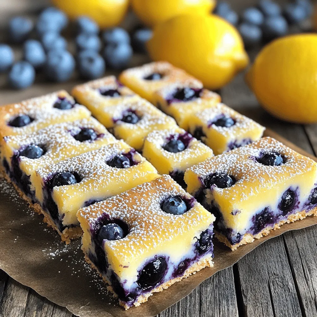 To make Lemon Blueberry Yogurt Bars, you need: - 1 cup Greek yogurt - 1/2 cup honey or maple syrup - 1/4 cup fresh lemon juice - Zest of 1 lemon - 1 teaspoon vanilla extract - 1 1/2 cups rolled oats - 1/2 cup almond flour - 1 teaspoon baking powder - 1/2 teaspoon salt - 1 cup fresh blueberries - Optional: powdered sugar for dusting These ingredients blend together to create a tasty treat. The Greek yogurt gives it a creamy texture. The lemon adds a bright flavor, while the blueberries bring sweetness. You can swap some ingredients if you need to. Here are some ideas: - Greek yogurt: Use dairy-free yogurt for a vegan option. - Honey: Maple syrup works well if you want a vegan sweetener. - Almond flour: You can use all-purpose flour if you don't have almond flour. - Rolled oats: Quick oats can replace rolled oats, but they may change the texture slightly. These changes will still yield delicious bars. It’s fun to experiment with what you have at home. These bars are not just tasty; they are healthy too. Here’s a quick look at what you gain from one bar: - Calories: About 150 - Protein: 5 grams - Fat: 4 grams - Carbohydrates: 25 grams - Fiber: 3 grams - Sugar: 6 grams The bars are a good source of protein and fiber. They can boost your energy without too much sugar. This makes them a great snack for kids and adults alike. First, set your oven to 350°F (175°C). This will ensure it heats up while you prepare the batter. Next, take an 8x8 inch baking dish. Line it with parchment paper. Make sure to leave some paper hanging over the sides. This makes it easy to lift the bars out later. In a large bowl, combine the Greek yogurt, honey, lemon juice, lemon zest, and vanilla extract. Use a whisk or a spatula to mix until smooth. Make sure everything is well blended. The mixture should look creamy and inviting. This is where the fresh lemon flavor starts to shine. In another bowl, mix the rolled oats, almond flour, baking powder, and salt. Stir these dry ingredients together until they are well combined. Now, slowly add the dry mix to the wet mixture. Use a spatula to fold gently. Be careful not to overmix. Once just combined, fold in the fresh blueberries. Make sure they spread evenly through the batter. Pour the batter into the prepared baking dish. Use a spatula to spread it evenly across the dish. Bake in your preheated oven for about 25-30 minutes. Keep an eye on it. The top should be lightly golden and set. To check if it’s done, insert a toothpick into the center. If it comes out clean, it’s ready! Once baked, let it cool in the pan for 10 minutes. After that, lift the bars out using the parchment paper. Place them on a wire rack to cool completely. After they cool, cut into squares or rectangles. If you like, dust with powdered sugar before serving. To mix the ingredients well, start with a large bowl. First, blend the Greek yogurt, honey, lemon juice, lemon zest, and vanilla. Use a whisk to make it smooth. Next, combine the dry items in another bowl. This includes oats, almond flour, baking powder, and salt. Mix well but do not overdo it. When adding dry to wet, fold gently. This helps keep the bars soft. To make sure the bars stay together, use both rolled oats and almond flour. These ingredients help give structure. Always mix well but avoid overmixing. This could make the bars tough. Once baked, let them cool well in the pan. The cooling process helps them firm up. If you want extra hold, try adding a bit more almond flour. These bars are perfect for snacks or breakfast. You can serve them plain or dust with powdered sugar. For a fun twist, add some fresh fruit on top. A dollop of yogurt makes a tasty addition too. Cut them into squares or rectangles for easy serving. They are great for sharing at picnics or parties! {{image_2}} You can switch up the sweeteners for your bars. Instead of honey, try maple syrup or agave nectar. Both will add a unique taste. You can also adjust the sweetness based on your preference. If you want a richer flavor, add a splash of almond or coconut extract. These flavors mix well with lemon and blueberry. If you need gluten-free bars, use certified gluten-free rolled oats. For a dairy-free version, swap Greek yogurt for coconut yogurt. This keeps the texture creamy and delicious. You can also use almond milk instead of yogurt in the mix, but the bars may be less thick. These bars are great with different fruits. In spring and summer, use strawberries or raspberries. In fall, try diced apples or pears for a cozy twist. You can even mix fruits for a rainbow effect. Each fruit brings its own taste, making your bars fun and fresh. To keep your Lemon Blueberry Yogurt Bars fresh, store them in an airtight container. Place parchment paper between layers if you stack them. This helps avoid sticking. The bars will stay fresh in the fridge for about five days. You can freeze these bars for future snacks. First, let them cool completely. Then, wrap each bar in plastic wrap or foil. Place them in a freezer-safe container or bag. They will last for up to three months. When ready to eat, thaw them in the fridge overnight. These bars have a good shelf life when stored properly. In the fridge, they last for five days. Frozen bars can last for three months. Always check for signs of spoilage, like an off smell or change in texture. Enjoying them fresh is best, but proper storage keeps them tasty longer. To make these bars vegan, swap Greek yogurt for a plant-based yogurt. Look for almond, coconut, or soy yogurt. Use maple syrup instead of honey. This keeps the sweetness and taste while staying plant-based. Yes, you can use frozen blueberries. Just add them straight from the freezer. They may release more juice, which can make the bars slightly wetter. You might want to reduce baking time by a few minutes to avoid overbaking. To cut the bars neatly, let them cool completely. Use a sharp knife for clean edges. Lightly score the bars before cutting all the way through. This helps guide your cuts and keeps them from falling apart. Lemon blueberry yogurt bars are simple to make and eat. We covered each step, from ingredients to baking. You learned about substitutions and storage tips, plus fun variations. These bars fit many diets and tastes. Remember, mixing well helps them hold together. Try adding your favorite fruits for a new twist. Enjoying these bars can be a healthy choice. Keep experimenting with flavors and storage methods to find what works best for you.